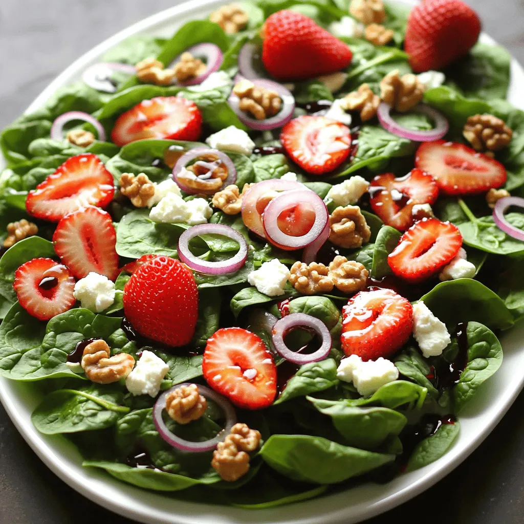 - Baby spinach: Use 4 cups of fresh baby spinach. This leafy green is vibrant and nutritious. It adds a fresh crunch and rich color to your salad. - Strawberries: Grab 1 cup of strawberries. Make sure to hull and slice them. Their sweetness balances the salad and brings a burst of flavor. - Red onion: You need 1/4 cup of thinly sliced red onion. It gives a nice zing and a beautiful contrast in color. - Feta cheese: Use 1/2 cup of crumbled feta cheese. Its salty and creamy taste pairs well with the strawberries. - Walnuts: Add 1/4 cup of toasted walnuts. They add a rich, nutty flavor and a satisfying crunch to the mix. - Balsamic vinaigrette: You will need 1/3 cup of balsamic vinaigrette. This dressing adds a tangy sweetness that ties everything together. - Honey: Just 1 tablespoon of honey brings extra sweetness. It balances the tang of the dressing. - Salt and pepper: Season to taste. A pinch of salt and a dash of pepper enhance all the flavors in your salad. For the Full Recipe, follow the easy steps to bring everything together. Enjoy creating this delightful Strawberry Spinach Salad! First, let's wash and dry the spinach. Rinse 4 cups of fresh baby spinach under cold water. Then, use a salad spinner or clean towel to dry it well. Next, we need to hull and slice the strawberries. Take 1 cup of strawberries. Remove the green tops with a knife. Then, slice the strawberries into thin pieces. This will help them mix well in the salad. Now, it's time to combine the spinach and strawberries. In a large salad bowl, add the dried spinach and sliced strawberries. Toss them gently so they mix well. Next, we’ll add feta and walnuts. Crumble 1/2 cup of feta cheese and sprinkle it over the salad. Then, add 1/4 cup of toasted walnuts, roughly chopped. This adds a nice crunch to our dish. For the dressing, whisk together balsamic vinaigrette and honey. In a small bowl, pour in 1/3 cup of balsamic vinaigrette. Add 1 tablespoon of honey. Use a whisk to blend them until smooth and well combined. Now, let’s drizzle the dressing over the salad. Pour it evenly across the salad. Then, toss everything gently to coat the ingredients well. Finally, season the salad with salt and pepper to taste. This will enhance all the fresh flavors. Enjoy your delicious Strawberry Spinach Salad! For the full recipe, check the details above. Serve the salad on a large platter. This makes it look inviting. Use whole strawberries and walnut halves to garnish. This adds color and makes it more appealing. You can add herbs for extra flavor, like basil or mint. These herbs brighten the dish. If you want spice, add a pinch of red pepper flakes. This gives a nice kick without being too hot. Serve the salad right after you prepare it. This keeps the spinach fresh and crisp. If you wait too long, the spinach wilts and loses its crunch. Aim to serve within 15 minutes of making it for the best taste. {{image_2}} For this strawberry spinach salad, you can swap different nuts and cheeses. Instead of walnuts, try pecans or almonds. They add a nice crunch and flavor. For cheese, goat cheese works well too. It gives a creamy texture that pairs nicely with strawberries. You can also add seasonal fruits. In summer, peaches or blueberries shine in this salad. In fall, consider apples or pears. Each fruit brings a new taste, keeping the salad fresh and exciting. If you want to mix it up, try making your own dressing. A simple lemon vinaigrette is quick and bright. Just whisk lemon juice, olive oil, salt, and pepper together. It tastes great on the salad and is very light. For a vegan option, use a tahini dressing. Blend tahini, water, lemon juice, and garlic for a creamy taste. This dressing adds a rich flavor while keeping it plant-based. You can serve this salad as a main course. Just add grilled chicken or shrimp on top. It makes the meal more filling and satisfying. For side dishes, pair this salad with grilled steak or fish. The fresh flavors of the salad balance well with hearty proteins. You can enjoy this dish in many ways, making it versatile for any dining occasion. For the complete recipe, check out the [Full Recipe]. To keep your Strawberry Spinach Salad fresh, store it in the fridge. Use an airtight container. This helps to keep moisture in and air out. If you have leftovers, try to eat them within two days. The spinach can wilt if stored too long. Keep the dressing separate until you are ready to enjoy the salad. This way, the salad stays crisp and fresh. Freezing this salad is not recommended. The spinach and strawberries will lose texture and flavor. If you want to save some ingredients, you can freeze the walnuts. Just place them in a freezer bag. They can last for up to six months in the freezer. When ready to use, just thaw them at room temperature. You don't need to heat the salad. It’s best served cold. If you want to refresh it, just add a little more dressing. Toss the salad gently to mix. You can also add fresh strawberries or nuts to boost the flavor. This will make it taste just like when you first made it. Enjoy your Strawberry Spinach Salad! For the details on how to make it, check the Full Recipe. You can try goat cheese or ricotta. Both have a creamy taste. Goat cheese adds a tangy flavor, while ricotta is mild and sweet. If you want a dairy-free option, try tofu. Crumbled tofu can mimic feta’s texture. Just season it with salt and lemon juice for more flavor. To make this salad vegan, swap feta for vegan cheese. Look for brands that offer a feta-like flavor. You can also skip cheese altogether and add more nuts for crunch. Instead of honey, use maple syrup or agave nectar. This keeps the sweetness and makes it vegan-friendly. Yes, you can prepare this salad in advance. Wash and dry the spinach, then store it in a sealed container. Slice the strawberries and keep them separate to avoid sogginess. You can mix the salad up to an hour before serving. Just add the dressing right before you eat. This salad is very healthy! Spinach is high in iron and vitamins A and C. Strawberries are rich in antioxidants and fiber, which help digestion. Walnuts provide healthy fats and protein. Feta cheese can add calcium, but watch portions if you're mindful of fat. This salad gives you a tasty boost of nutrients! For the full recipe, check the Strawberry Spinach Bliss Salad! This blog post covered a delightful strawberry spinach salad. You learned about fresh ingredients, like baby spinach and strawberries, as well as nuts and cheeses. We walked through step-by-step instructions for making the salad and dressing. You also discovered tips for presentation and flavor. Plus, I shared variations and storage tips to keep your salad fresh. Remember, this salad is simple and full of flavor. Enjoy making it your own!