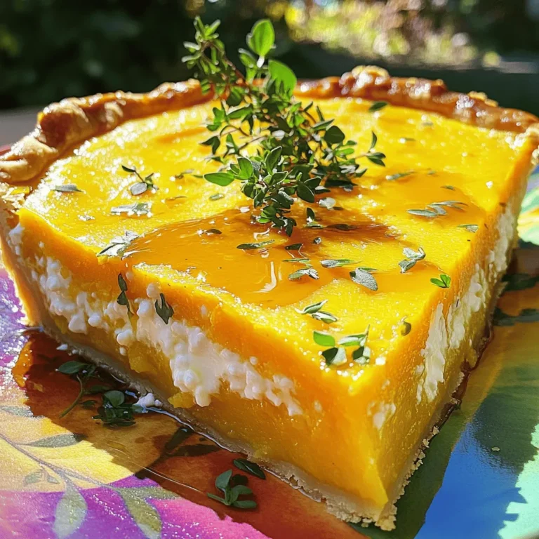 - 2 cups butternut squash - 1 cup cottage cheese The main flavors in this pie come from butternut squash and cottage cheese. Butternut squash gives a sweet and creamy base. It’s best when roasted and pureed. Cottage cheese adds richness and a soft texture. - Maple syrup - Fresh herbs for garnish You can add maple syrup for a touch of sweetness. It makes the pie even more delightful. Fresh herbs like thyme or parsley can add a pop of color. They also give the dish a fresh taste that brightens each bite. - Ground nutmeg - Ground cinnamon - Salt Seasonings are key to a great pie. Ground nutmeg adds warmth. Ground cinnamon gives a cozy flavor. A pinch of salt enhances all the tastes. These spices transform the simple ingredients into something special. For the full recipe, follow my easy steps to create this tasty crustless squash pie. Start by preheating your oven to 350°F (175°C). This is key for even baking. While the oven heats, grease a 9-inch pie dish. This step ensures that the pie won't stick. Next, take your roasted butternut squash and puree it until smooth. In a mixing bowl, combine the squash puree with cottage cheese. Mix these two until they blend well. Now, add three large eggs, one at a time. Blend well after each egg to ensure a smooth batter. Next, stir in the grated Parmesan cheese, all-purpose flour, ground nutmeg, ground cinnamon, and salt. Don't forget the vanilla extract and maple syrup, if you want some sweetness. Mix everything until fully combined. Pour the mixture into the prepared pie dish. Use a spatula to smooth the top evenly. Bake this in the preheated oven for 40 to 45 minutes. The pie is done when it sets and a toothpick comes out clean from the center. Let it cool for about 10 minutes before slicing. You can serve it warm or at room temperature. For full details on the ingredients and instructions, check the Full Recipe. To roast butternut squash, first, cut it in half and scoop out the seeds. Place the halves cut-side down on a baking sheet. Roast at 400°F (200°C) for about 30-40 minutes. When the squash is soft, let it cool. Then, scoop out the flesh and puree it until smooth. For blending, use a food processor or blender. Start with the squash and cottage cheese. Blend until there are no lumps. Add eggs one at a time and mix well. This step ensures a creamy and smooth texture. Garnish your crustless squash pie with fresh herbs like thyme or parsley. This adds a pop of color and flavor. You can also drizzle extra maple syrup on top for a sweet touch. For sides, consider serving with a fresh salad or roasted veggies. These add crunch and balance the pie's creamy texture. A dollop of yogurt or sour cream can also enhance the taste. If you want a low-fat option for cottage cheese, try using ricotta cheese or Greek yogurt. These provide a similar texture but with less fat. For sugar substitutes in the maple syrup, use honey or agave nectar. You can also skip the sweetener if you like a more savory flavor. This keeps the pie healthy while still delicious. {{image_2}} You can switch up the squash in the recipe. Instead of butternut squash, try acorn or pumpkin. Each type brings a unique taste and texture. Both options work well for this dish. For a dairy-free option, use cashew cheese or silken tofu instead of cottage cheese. This keeps the pie creamy while making it vegan-friendly. To add depth, consider mixing in fresh herbs. Thyme and rosemary offer a lovely touch. Spices also boost flavor. Try adding a pinch of cumin or paprika for warmth. You can also sneak in some veggies. Spinach or cooked carrots blend well and increase nutrition. If you want protein, add cooked bacon or crumbled sausage for a savory twist. This pie can be sweet or savory. For a sweet version, mix in fruits like apples or pears. They add natural sweetness and flavor. You could also sprinkle brown sugar on top before baking. For savory lovers, mix in cheese like feta or cheddar. Fresh herbs like basil can enhance the dish further. These options let you enjoy crustless squash pie in many ways. For the full recipe, check out the [Full Recipe]. To keep your crustless squash pie fresh, follow these tips. First, let the pie cool completely. Then, wrap it tightly in plastic wrap or place it in an airtight container. Store it in the fridge for up to four days. If you have more pie than you can eat, freeze it! Cut the pie into slices and wrap each piece in plastic wrap. Place the wrapped slices in a freezer bag. This way, they can last for about three months. When it's time to enjoy leftovers, reheating matters. The best way to reheat is in the oven. Preheat your oven to 350°F (175°C). Place the pie on a baking sheet and cover it with foil. Heat for about 15-20 minutes. This keeps the texture nice and the flavors intact. You can also use a microwave, but it may make it a bit soggy. If you use the microwave, heat it in short bursts of 30 seconds until warm. How long can you keep the pie in the fridge? The crustless squash pie stays good for about four days when stored properly. After that, it's best to toss it. Watch for signs of spoilage too. If you see mold or if the pie smells off, it's time to say goodbye. Enjoy every slice while it’s fresh! For the full recipe, check out the recipe section above. A crustless pie is a dish that skips the traditional pastry crust. Instead of a crust, it uses a filling that holds together well during baking. This type of pie is easy to make and saves time. You still get all the rich flavors you love without the extra steps of making a crust. Yes, you can prep this pie ahead of time. Make the filling and pour it into the greased pie dish. Cover it with plastic wrap and place it in the fridge. You can bake it the next day. Just add about 5-10 extra minutes to the baking time. This makes it a great option for busy days. Yes, Crustless Squash Pie is healthy. It has lots of nutrients from butternut squash and cottage cheese. Butternut squash is low in calories and high in fiber. Cottage cheese adds protein, which helps keep you full. This pie is great for many diets, including low-carb and gluten-free if you skip the flour. - You can use different squash types like pumpkin or zucchini. Each will give a unique flavor. - Serve this pie with a light salad or steamed veggies for a complete meal. You can also pair it with yogurt for added creaminess. In this blog post, we've covered how to make a delicious crustless squash pie. We talked about the key ingredients, preparation steps, and how to perfect the recipe. You can make optional variations, store leftovers correctly, and even heat them up without losing flavor. Crafting this pie offers a healthy option, perfect for any meal. I hope you feel inspired to swap in new flavors and enjoy this unique dish. The possibilities are endless, and you’ll love the results.