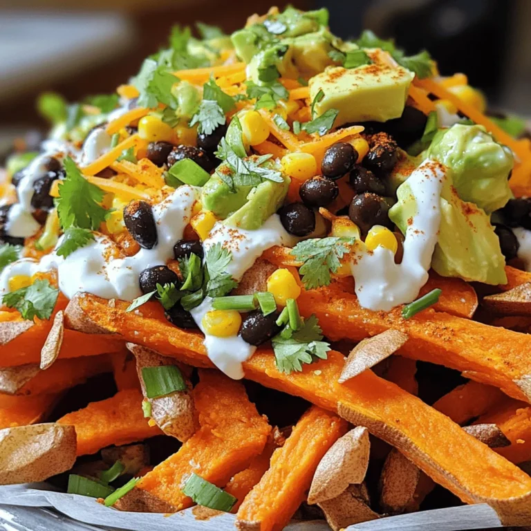 Here’s what you need to make loaded sweet potato fries. - 2 large sweet potatoes, cut into fries - 2 tablespoons olive oil - 1 teaspoon smoked paprika - 1 teaspoon garlic powder - Salt and pepper to taste - 1 cup black beans, rinsed and drained - 1 cup corn kernels (fresh, frozen, or canned) - 1 cup sharp cheddar cheese, shredded - 1 avocado, diced - 1/2 cup Greek yogurt or sour cream - 2 green onions, chopped - Fresh cilantro, for garnish Sweet potatoes are the star of this dish. They bring a natural sweetness and vibrant color. The olive oil helps them crisp up in the oven. The smoked paprika and garlic powder add depth and flavor. For toppings, black beans and corn give a nice texture. The cheese melts beautifully over the fries. Avocado adds creaminess, while Greek yogurt or sour cream brings tang. Green onions and cilantro add brightness and freshness. These ingredients come together to make a crispy, flavorful treat. For the full recipe, check out the details provided above! First, wash the sweet potatoes well. This step is key for great flavor. Next, cut the potatoes into fries. Aim for uniform sizes to cook evenly. Place the cut fries in a large bowl. Drizzle in the olive oil, smoked paprika, garlic powder, salt, and pepper. Toss everything until the fries are well coated. Now, preheat your oven to 425°F (220°C). This temperature helps achieve that perfect crisp. While the oven heats, line a baking sheet with parchment paper. This prevents the fries from sticking and makes cleanup easy. Spread the seasoned sweet potato fries in a single layer on the baking sheet. It’s important not to overcrowd them. Bake the fries for about 20 to 25 minutes. Halfway through, flip the fries for even cooking. You want them to be crispy and golden brown. Keep an eye on them; every oven is a little different. While the fries bake, prepare your toppings. In a small bowl, mix the black beans and corn. You can add a little salt and lime juice for extra flavor. Once the fries are done, take them out of the oven. Sprinkle the shredded cheddar cheese evenly over the hot fries. Pop them back in the oven for another 5 minutes. You want that cheese to melt and get bubbly. After the cheese melts, remove the fries again. Layer the black bean and corn mixture on top. Add diced avocado, a drizzle of Greek yogurt or sour cream, chopped green onions, and fresh cilantro. Now, your loaded sweet potato fries are ready to serve. Enjoy this crispy and flavorful treat! For crispy sweet potato fries, start by cutting the sweet potatoes evenly. Use a sharp knife to slice them into thin sticks, about 1/4 inch thick. This size helps them cook evenly and become crispy. Next, soak the cut fries in cold water for 30 minutes. This step removes excess starch, leading to better crispiness. After soaking, pat them dry with a towel to remove moisture. When you toss the fries in olive oil, make sure they are well-coated. This oil helps them crisp up in the oven. Spread the fries in a single layer on the baking sheet, leaving space between them. Overcrowding leads to steaming instead of crisping. To add a flavor boost, try adding spices like cumin or cayenne pepper. A pinch of cayenne adds a nice heat. You can also use a sprinkle of chili powder for extra depth. For healthier toppings, consider using plain Greek yogurt instead of sour cream. It adds creaminess and protein without excess fat. You can also add fresh herbs like cilantro or parsley for brightness. Pair your loaded sweet potato fries with a fresh salad or a tangy coleslaw. These sides balance the richness of the fries. For drinks, try a light beer or a zesty lemonade. To present the dish creatively, serve the fries in a large bowl and arrange toppings on the side. This allows everyone to build their own. You can also use parchment paper to line a tray for a rustic look. For the complete recipe, check out the Full Recipe section. Enjoy your cooking! {{image_2}} You can switch up the cheese for your loaded sweet potato fries. If you want a different flavor, try Monterey Jack or pepper jack cheese. These cheeses melt well and add a creamy texture. For those who prefer vegan options, use cashew cheese or nutritional yeast. Both give a rich flavor without dairy. Think beyond the usual toppings! You can add pinto beans, ground turkey, or sautéed mushrooms. These options add great taste and texture. If you like spice, try jalapeños or hot sauce. You can also mix in some chipotle for a smoky kick. Adjust the heat to match your taste. Loaded sweet potato fries fit any event! For game day, pile on the toppings like nacho cheese and jalapeños. Serve them with a side of salsa for dipping. For holidays, think seasonal flavors. Add cranberry sauce for a festive twist or caramelized apples for a sweet touch. Enjoy making these fries for any occasion! To keep your loaded sweet potato fries fresh, start by letting them cool. Place them in an airtight container. This helps prevent moisture from making them soggy. Store them in the fridge. They will stay fresh for about 3 to 4 days. If you want them to last longer, you can freeze them. Just remember, freezing can change their texture. When it’s time to enjoy your leftovers, reheating is key. The best method is using an oven. Preheat it to 400°F (200°C). Spread the fries on a baking sheet in a single layer. This helps them crisp up again. Bake for about 10 to 15 minutes. You can also use an air fryer for a faster option. Set it to 350°F (175°C) and cook for about 5 to 7 minutes. This keeps the fries crunchy and tasty. Avoid using a microwave, as it makes fries soft and chewy. Yes, you can use regular potatoes. They will change the taste. Sweet potatoes add a hint of sweetness and nutrition. Regular potatoes will be more starchy. You can follow the same cooking method. You can use plain yogurt or cottage cheese. Silken tofu is a great dairy-free option. If you want a tangy flavor, try buttermilk. Each choice adds a different taste but keeps it creamy. You can prep the sweet potatoes a day before. Cut and season them, then store in the fridge. Bake them fresh when you’re ready. For toppings, prepare the mix of beans and corn ahead too. Yes, this recipe is gluten-free. Sweet potatoes and the toppings do not contain gluten. Just double-check any packaged ingredients, like beans or cheese, to ensure they are gluten-free. Sweet potatoes are very healthy. They are high in fiber, vitamins, and minerals. They provide vitamin A, which is great for your eyes. They also have antioxidants that help your body stay strong. This blog post covered making loaded sweet potato fries. You learned about the ingredients, preparation, and baking tips. We explored fun ways to add toppings and enhance flavors. I also shared how to store and reheat your fries for the best taste. Remember, you can customize this recipe to match your cravings and dietary needs. Enjoying sweet potato fries can be tasty and healthy. Try out these ideas and impress your friends with your cooking skills. You'll have delicious fries ready in no time!