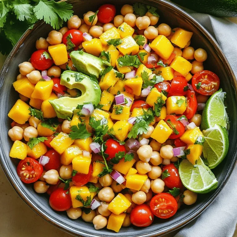 To make a delicious Mango Chickpea Salad, you need fresh and simple ingredients. Here is your list: - 1 ripe mango, diced - 1 can (15 oz) chickpeas, drained and rinsed - 1 red bell pepper, diced - ½ red onion, finely chopped - 1 cup cherry tomatoes, halved - 1 avocado, diced - ¼ cup fresh cilantro, chopped - 2 tablespoons olive oil - 1 tablespoon lime juice - 1 teaspoon ground cumin - Salt and pepper to taste Each ingredient adds flavor and texture. The mango gives sweetness, while chickpeas add protein. The red bell pepper and cherry tomatoes bring crunch and color. Avocado adds creaminess, making every bite delightful. You can customize your salad with extra ingredients. Here are some tasty options: - Cucumber for a refreshing crunch - Corn for sweetness and color - Feta cheese for a salty kick - Jalapeños for heat if you like spice Feel free to mix and match these add-ins. They can give your salad a unique twist and keep things exciting. This Mango Chickpea Salad is not only tasty but also healthy. Here’s what you get per serving: - Calories: Around 250 - Protein: About 10g - Fiber: 8g - Healthy fats from avocado and olive oil This salad provides a good balance of nutrients. It helps you feel full while being light and refreshing. It’s great for lunches or as a side dish at dinner. You can find the full recipe [here]. To start, gather all your ingredients. You will need a ripe mango, chickpeas, red bell pepper, cherry tomatoes, avocado, red onion, and cilantro. Dice the mango, avocado, and red bell pepper into small pieces. Place these in a large salad bowl. Next, drain and rinse the chickpeas. Add them to the bowl along with halved cherry tomatoes and finely chopped red onion. This mix gives the salad a fresh look and taste. Once your ingredients are prepared, it's time to combine them. Gently toss the mango, chickpeas, bell pepper, cherry tomatoes, avocado, red onion, and cilantro together in the bowl. Make sure everything is evenly mixed. The colors of the salad will pop, making it look inviting and delicious. This salad is not only tasty but also packed with nutrients. Now, let’s make the dressing. In a small bowl, whisk together olive oil, lime juice, ground cumin, salt, and pepper. This dressing adds a zesty flavor. Once mixed, drizzle it over the salad ingredients. Gently toss everything again to coat all the components well. Taste the salad and adjust the seasoning if needed. If you like a stronger flavor, add more salt, pepper, or lime juice. Chill the salad in the refrigerator for about 15 minutes. This waiting time helps the flavors blend beautifully. For the full recipe, check the details above. Chopping your ingredients well makes your salad look good. Here are some tips: - Use a sharp knife for clean cuts. - Cut the mango and avocado last to avoid browning. - Dice the red onion small so it blends well with other flavors. - Keep your cuts even for a nice look and feel. To make your salad pop, try these dressings: - Mix lime juice with honey for a sweet touch. - Add a dash of chili powder for heat. - Consider a splash of balsamic vinegar for richness. - Experiment with fresh herbs like basil or mint for a twist. Store your salad properly to keep it fresh: - Use an airtight container to lock in moisture. - Add the dressing just before serving to avoid sogginess. - Keep ingredients separate if you plan to store leftovers. - Refrigerate for up to two days for the best taste. For more details, check the Full Recipe for Mango Chickpea Delight. {{image_2}} You can keep this salad vegan easily. Swap the olive oil with avocado oil for a new taste. You can also use lemon juice instead of lime juice. If you like a creamy texture, add dairy-free yogurt. Try using hemp seeds for extra protein. They give a nice crunch, too. To make the salad more filling, add grains. Quinoa or brown rice works well. They add good texture and fiber. Cook the grains first, then mix them in. This will make the dish hearty and satisfying. You can serve it as a main meal or a side. If you love heat, add jalapeños. Dice them finely and mix them in with the other veggies. Start with a small amount, then taste it. You can always add more if you want. This will give the salad a spicy kick. It pairs well with the sweet mango, creating a balanced flavor. The mango chickpea salad stays fresh for about 3 days when stored properly. After that, the ingredients may lose their crunch and flavor. Keep an eye on the avocado, as it can brown quickly. If you notice browning, just scoop it out before serving. Use an airtight container to store the salad. Glass or plastic containers work well. If you have multiple servings, store them in smaller containers for easy access. This way, you can take a quick lunch or snack without mess. This salad is best enjoyed cold, so reheating isn’t necessary. However, if you prefer warmth, warm the chickpeas separately. Then, mix them back into the salad. Avoid heating the mango and avocado, as they can become mushy. For the best taste, enjoy the salad chilled! For the full recipe, check out the section above! Yes, you can make this salad ahead of time. I often prepare it a few hours before serving. The flavors mix well when they marinate. However, keep in mind that the avocado may brown. To prevent this, add it just before serving. This way, your salad stays fresh and bright. This salad pairs well with many dishes. You can serve it with grilled chicken or fish for protein. It also goes great with tacos or as a side for a barbecue. For a light meal, enjoy it with pita bread or tortilla chips. You can always add more veggies or grains to make it heartier. Yes, this recipe is gluten-free. All the ingredients, like chickpeas and mango, are naturally gluten-free. This makes it a safe choice for those with gluten sensitivities. Always check labels for any packaged ingredients to ensure they meet your dietary needs. Enjoy this fresh dish without worry! Mango Chickpea Salad is a simple and tasty dish full of nutrients. We covered key ingredients and optional add-ins, making it easy to customize. You learned step-by-step instructions for perfect prep and mixing. I shared tips for chopping and storing, so your salad stays fresh. Plus, we explored fun variations, including vegan and spicy options. This dish is versatile and enjoyable. Try it today for a healthy meal!