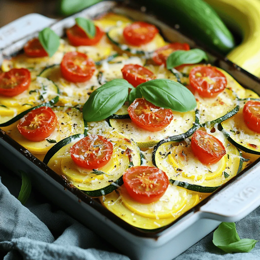 - Fresh Vegetables: - 4 medium zucchini, thinly sliced - 4 medium yellow squash, thinly sliced - 1 small onion, finely chopped - 2 cloves garlic, minced - 1 cup cherry tomatoes, halved - Base Ingredients: - 1 cup cooked quinoa - 2 tablespoons olive oil - Dairy Options: - 1 cup shredded mozzarella cheese (or dairy-free alternative) - 1/2 cup grated Parmesan cheese (or nutritional yeast for a vegan option) - Seasonings: - 1 teaspoon dried oregano - 1 teaspoon salt - 1/2 teaspoon black pepper - Fresh basil leaves, for garnish Using fresh ingredients makes this dish shine. Zucchini and yellow squash are perfect for summer cooking. They add color and taste. Onion and garlic bring depth to the flavors. Cherry tomatoes add a sweet burst. Quinoa serves as a hearty base. The olive oil keeps everything moist and rich. For cheese lovers, mozzarella and Parmesan add creaminess. You can swap them for dairy-free options if you want. The seasonings tie all the flavors together. Oregano, salt, and pepper enhance the dish. Fresh basil adds a lovely aroma. This recipe is a great way to enjoy summer squash. You can find the full recipe at [Full Recipe]. 1. Preheat the oven: Set your oven to 375°F (190°C). Grease a 9x13-inch baking dish with olive oil. This helps prevent the casserole from sticking. 2. Sauté onion and garlic: In a large skillet, heat 2 tablespoons of olive oil over medium heat. Add the chopped onion. Sauté it for about 3-4 minutes. You want it soft and translucent. Then, add the minced garlic. Cook for another minute until it smells good. 3. Combine vegetables with base ingredients: In a big bowl, mix together the sliced zucchini, yellow squash, cooked quinoa, sautéed onion, garlic, cherry tomatoes, oregano, salt, and black pepper. Stir well to coat everything evenly. 1. Layering ingredients in the baking dish: Start by adding half of the squash mixture into the greased baking dish. Sprinkle half of the mozzarella cheese on top. Repeat with the remaining squash mixture and the rest of the cheese. 2. Covering and baking the casserole: Sprinkle the grated Parmesan cheese evenly over the top. Cover the dish with aluminum foil. Bake for 25 minutes. After that, take off the foil and bake for another 15-20 minutes until the cheese is bubbly and golden brown. 1. Garnishing with fresh basil: Once you take the casserole out of the oven, let it cool for a few minutes. This helps with serving. Then, add fresh basil leaves on top for color and taste. 2. Suggested cooling time before serving: I recommend letting it cool for about 5 minutes before serving. This way, it will be easier to cut and serve. Enjoy your delicious Healthy Summer Squash Casserole! You can find the full recipe above. When choosing summer squash, look for firm zucchini and yellow squash. They should have smooth skin without soft spots. Bright colors show freshness. Avoid squashes that feel too heavy or have blemishes. Store your squash in a cool, dry place. Keep them in a paper bag to absorb moisture. Use them within a week for the best taste. If you want a dairy-free option, there are great cheese alternatives. Look for plant-based mozzarella that melts well. Nutritional yeast is a tasty substitute for Parmesan and adds a cheesy flavor. If you don’t have quinoa, try brown rice or couscous. Both work well and add a nice texture. To boost flavor, add spices like paprika or thyme. A pinch of red pepper flakes can give your dish a kick. Consider pairing your casserole with a fresh salad or crusty bread. Grilled chicken or fish also makes a great side. These combinations make your meal colorful and delicious. For the full recipe, you can check out the detailed steps and ingredients. {{image_2}} Adding protein can boost the nutrition of your casserole. You can use beans or lentils for a hearty touch. They add fiber and make the dish more filling. I love black beans or chickpeas for this. Simply mix them into the veggie blend before baking. If you want meat, try adding cooked chicken or tofu. Cooked chicken adds great flavor and texture. Just shred it and fold it into the mix. Tofu is a wonderful option for a plant-based meal. Use firm tofu for the best results. You can sauté it briefly before mixing it in. To change the flavor, you can add fun ingredients. For an Italian twist, try adding fresh basil or sun-dried tomatoes. These add a bright taste and aroma. They pair perfectly with the squash and cheese. Just chop and mix them into your squash blend. If you prefer a Mexican style, add corn and jalapeños. This will give your casserole a spicy kick. You can use fresh corn or canned, depending on what you have. Jalapeños can be fresh or pickled for more heat. You can cook this casserole in different ways. A slow cooker is great for easy meals. Combine all ingredients in the slow cooker. Cook on low for 4 to 6 hours. This method makes the flavors blend really well. If you prefer an oven, bake it for a crisp top. Preheat your oven to 375°F (190°C), as in the full recipe. Baking gives you that nice golden cheese on top. Grilling is another fun method. You can use a grill-safe dish. Just keep an eye on it to avoid burning. Grilling adds a smoky flavor that is unique and delicious. To store leftover casserole, let it cool first. Once cooled, cover it tightly with plastic wrap or aluminum foil. Place it in the fridge. Your casserole will stay fresh for about 3 to 4 days. Keep an eye on it, though—if it smells off, it's best to toss it. You can freeze portions of the casserole for later. First, let it cool completely. Cut it into individual servings. Wrap each piece in plastic wrap, then place them in a freezer bag. This way, you keep the flavor and texture. To reheat, just thaw overnight in the fridge, then warm it in the oven or microwave. This casserole makes an excellent meal prep dish. You can prepare it on the weekend and enjoy it all week. Just keep the portions in the fridge. For quick meals, reheat in the microwave or oven. It’s tasty hot or even at room temperature. Perfect for busy days! For the full recipe, check out the Healthy Summer Squash Casserole. Yes, you can make this casserole ahead. Prepare it a day before you plan to serve it. Once you layer the ingredients, cover the dish and place it in the fridge. This lets the flavors mix together. When you are ready to bake, take it out and let it sit for 30 minutes. This helps with even cooking. Bake it as directed in the Full Recipe. Leftovers can stay fresh in the fridge for about 3 to 4 days. This casserole pairs well with many sides. Here are some ideas: - A crisp green salad with lemon dressing - Roasted or steamed vegetables like broccoli or green beans - Quinoa or brown rice for added texture - Grilled chicken or fish for protein These sides enhance the meal and add variety to your plate. Yes, you can make a vegan version of this casserole. Use dairy-free cheese instead of mozzarella and Parmesan. Nutritional yeast works well for a cheesy flavor. This dish is full of good ingredients. Zucchini and yellow squash provide vitamins. Quinoa adds protein and fiber. These ingredients can help you feel full and satisfied. Enjoy a tasty and healthy meal! The Healthy Summer Squash Casserole blends fresh veggies and nourishing ingredients. You learned how to choose the best squash, layer flavors, and enhance your dish. We explored variations to suit your taste and storage tips for easy meal prep. This recipe fits many diets and is a great way to enjoy summer's bounty. Try it out! You’ll love how easy it is to make and serve. It’s not just a meal; it’s a quick solution for busy days.