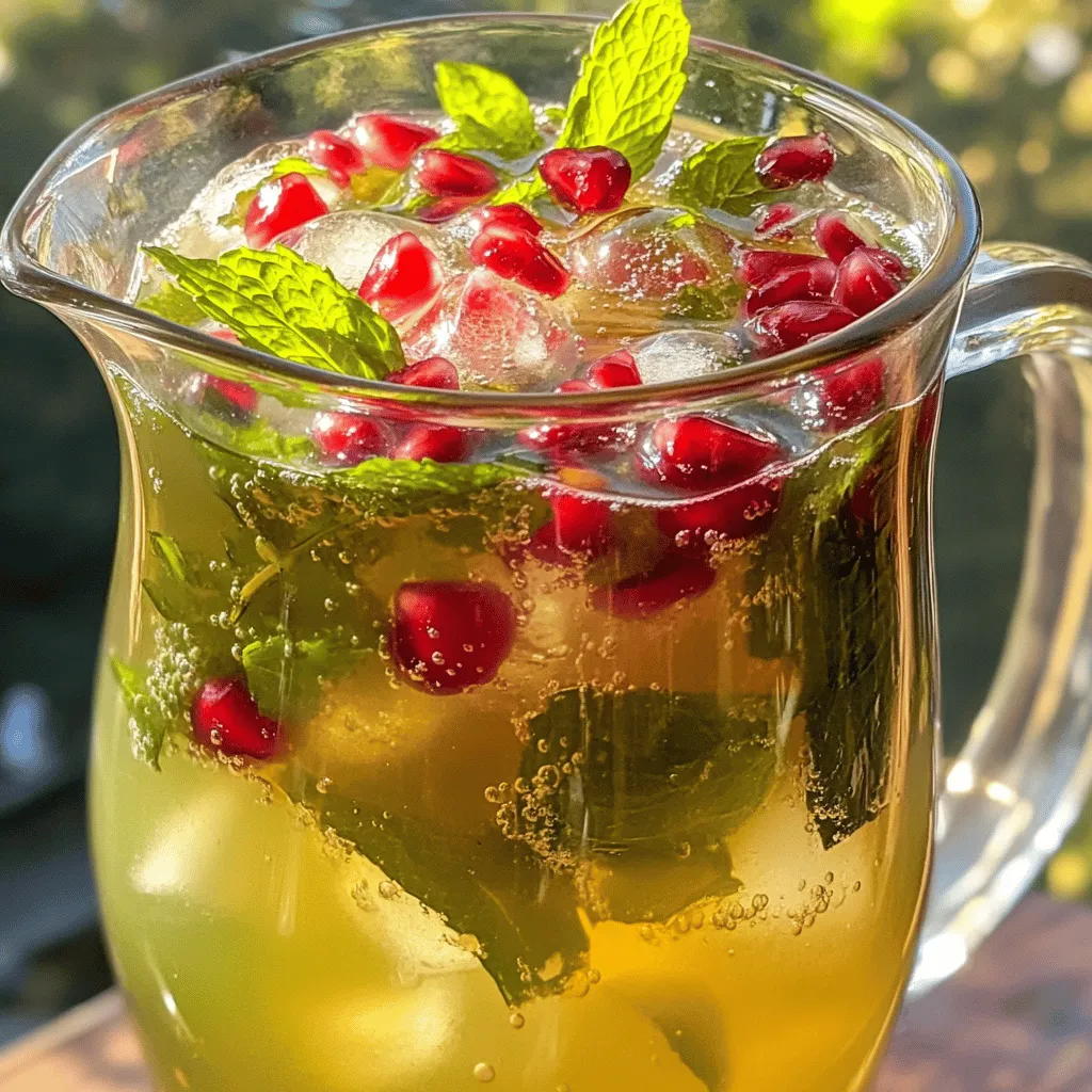 - 2 cups brewed green tea, cooled - 1 cup unsweetened pomegranate juice - 1 tablespoon honey or agave syrup (optional) - 1/4 cup fresh mint leaves - 1 cup sparkling water - Pomegranate arils for garnish - Ice cubes To make Pomegranate Mint Sparkling Green Tea, you want the best ingredients. Start with green tea. I prefer brewing two cups and letting it cool. Use unsweetened pomegranate juice to keep it fresh and bright. If you like some sweetness, add honey or agave syrup. Just one tablespoon is enough. Fresh mint leaves add a lovely aroma. I like to use 1/4 cup, but feel free to adjust. Sparkling water gives the drink its fizz. One cup will do the trick. Finally, pomegranate arils make a perfect garnish. They add color and a burst of flavor. Don’t forget the ice cubes to keep it cold and refreshing. This drink is not only tasty but also easy to make. You can find the full recipe to explore all the steps. Enjoy the mix of flavors as you sip this delightful drink! To brew the perfect green tea, start with fresh, filtered water. Bring it to a boil and let it cool slightly. Green tea tastes best at around 175°F (80°C). Steep 2 cups of green tea for 2-3 minutes. This keeps the flavor bright and fresh. Once brewed, let it cool to room temperature. If you're in a hurry, you can chill it in the fridge for a quick cool down. Now, let’s mix the base ingredients. In a large pitcher, combine the cooled green tea with 1 cup of unsweetened pomegranate juice. Stir well to blend the two flavors together. If you like your drink sweeter, you can add 1 tablespoon of honey or agave syrup. Stir until the sweetener dissolves completely. This step adds a lovely touch to the drink. For the final touches, you need fresh mint leaves. Gently crush them with your fingers to release their oils. This makes the mint flavor pop. Add the crushed mint to your tea mixture and stir. Just before serving, add ice cubes to the pitcher. Pour in 1 cup of sparkling water and stir gently. This step gives your drink a refreshing fizz. To serve, fill glasses with your Pomegranate Mint Sparkling Green Tea. Garnish each glass with extra mint leaves and a sprinkle of pomegranate arils. Enjoy your refreshing drink! For the full recipe, check [Full Recipe]. To get the most flavor from your drink, use the right sweetener. I suggest starting with one tablespoon of honey or agave syrup. Taste it first. If it needs more sweetness, add a bit more. Remember, you can always add, but you can't take away. When choosing pomegranate juice, look for 100% juice with no added sugar. The best juice comes from ripe pomegranates. It should be bright red and taste sweet yet tart. This balance makes your drink shine. Garnishing makes your drink pop. Use fresh mint leaves and sprinkle pomegranate arils on top. This adds color and an inviting look. Serve your drink in clear glasses to showcase the vibrant colors. For gatherings, consider using a large pitcher, so guests can serve themselves. This makes it easy and fun. You can also add extra mint sprigs for a nice touch. Green tea is full of antioxidants. It boosts metabolism and supports heart health. Pomegranate juice also has health benefits. It may improve memory and reduce inflammation. Mint adds a refreshing taste. It may aid digestion and soothe headaches. Together, these ingredients create a drink that is not only tasty but also good for you. {{image_2}} You can sweeten your Pomegranate Mint Sparkling Green Tea in many ways. Natural sweeteners like agave or stevia work great. They add sweetness without extra calories. Just use them to match your taste. You can also try flavored syrups. Fruit syrups can give a fun twist. They add a new layer of flavor. Adjust the amount based on your taste. Feel free to explore other types of tea. Herbal teas can create a unique taste. Black tea offers a stronger flavor. Both can work well with pomegranate and mint. You can also add fruit slices for extra flavor. Citrus fruits like lemon or orange can enhance the drink. Think about adding berries for a burst of sweetness. Seasonal changes can inspire your drink. In summer, add fresh fruits like strawberries or peaches. These fruits pair well with the mint and pomegranate. They enhance the refreshing quality. In winter, consider spice infusions. Cinnamon or nutmeg can add warmth. This variation makes it cozy for cold days. Enjoy your drink all year long! You can find the full recipe to make this delightful drink and explore these variations. To keep your Pomegranate Mint Sparkling Green Tea fresh, store it in the fridge. Use a sealed pitcher to avoid spills and keep it cold. This drink stays tasty for up to three days. After that, the mint may lose its flavor and freshness. You can freeze pomegranate juice for later use. Pour it into ice cube trays and freeze. This way, you can add a cool touch to drinks. For mint, chop it and mix with a bit of water. Freeze in small containers. This gives you mint ready to use when you want. For the best taste, drink it within a day of making it. If you want to warm it up, pour it into a pot and heat gently. Just make sure not to boil it, as this can change the flavors. Enjoy it cold for a refreshing treat! Pomegranate Mint Sparkling Green Tea has a bright and refreshing taste. You will notice the sweet, tart flavor of pomegranate first. The green tea adds a smooth and earthy tone. Fresh mint gives it a cool kick. The sparkling water brings a fun fizz. Together, these flavors create a drink that is light, crisp, and very enjoyable. Yes, you can prepare this drink in advance! Brew and cool the green tea a day before. Mix the pomegranate juice and mint leaves into the cooled tea. Store it in the fridge. Just before serving, add the sparkling water and ice. This keeps the fizz fresh. You’ll have a tasty drink ready to enjoy at any time. You can find the ingredients at most grocery stores. Look for fresh mint, pomegranate juice, and green tea in the beverage aisle. Many stores also sell sparkling water. If you prefer online shopping, check websites like Amazon or local grocery delivery services. They often have everything you need to make this refreshing drink. Yes, this drink is quite versatile! It is free from gluten and dairy. You can adjust the sweetness to fit your needs. If you're vegan, use agave syrup instead of honey. Always check store-bought juices for added sugars or allergens. This drink is a safe choice for many dietary needs, making it a great option for gatherings. This blog post guides you through making Pomegranate Mint Sparkling Green Tea. You learned about the key ingredients, step-by-step instructions, and helpful tips for flavor and presentation. You also explored variations, storage methods, and answers to common questions. This drink offers a fresh taste and health benefits. Try different sweeteners or fruits to find your favorite mix. Enjoy your refreshing drink!