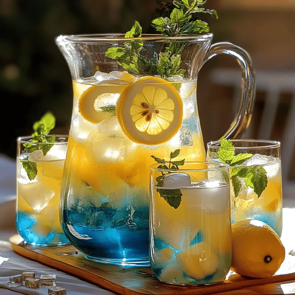 Fresh lemon juice is key for this drink. You need about 1 cup, which comes from 4-6 lemons. Squeeze each lemon until you have enough juice. This juice gives the limonada a bright, tangy flavor that wakes up your taste buds. This tea is what makes the drink special. You will need 2 cups of blue butterfly pea flower tea. To make it, steep 1 cup of dried flowers in 2 cups of hot water for about 10 minutes. Strain it and let it cool. The vibrant blue color adds fun and beauty to your drink! The right sweetener balances the tartness of the lemon. You can use either ½ cup of honey or agave syrup. Adjust it based on your taste. Stir it in well until it dissolves fully. This step ensures every sip is sweet and smooth. For a lovely finish, use lemon slices and mint leaves. These garnishes add color and freshness. Place a slice of lemon and a sprig of mint in each glass before serving. They not only look nice but also boost the drink's flavor. When you gather all these ingredients, you are ready to make the most refreshing Limonada Azul! For the complete instructions, check the Full Recipe. Start with the blue butterfly pea flower. This flower makes our drink blue and beautiful. Use 1 cup of dried flowers. Place them in 2 cups of hot water. Let this steep for about 10 minutes. After that, strain the flowers out. Allow the tea to cool completely. This step is vital for a nice color. Next, grab 1 cup of fresh lemon juice. You’ll need about 4 to 6 lemons for this. Pour the juice into a large pitcher. Now, add ½ cup of honey or agave syrup. Stir it well. Make sure the sweetener dissolves fully. This mix brings out the sweet and tart flavors. Once the blue tea is cool, slowly pour it into the lemon mix. Watch as the color shifts to a vibrant blue. It’s like magic! Add 4 cups of cold water to the pitcher. Stir gently so everything mixes well. Now it’s time to taste your limonada. If you want it sweeter, add more honey or agave. If it’s too tart, mix in extra cold water. Chill the limonada in the fridge for at least 30 minutes. When ready to serve, fill glasses with ice cubes. Pour the limonada over the ice. Garnish with lemon slices and mint leaves. This drink is perfect for hot days! For the full recipe, check out the details above. To get that stunning blue color, start with quality blue butterfly pea flower tea. Brew it strong. Use 1 cup of dried flowers and steep in hot water for 10 minutes. The longer you steep, the richer the blue. Once cooled, add it to your lemon juice blend slowly. The blue will mix beautifully with the yellow from the lemon juice, creating a vibrant shade. Taste is key when making Limonada Azul. Start with ½ cup of honey or agave syrup. Mix it with the lemon juice first. After combining with the blue tea, taste your drink. If it’s too tart, you can add more sweetener. For a lighter touch, add more water. Adjust the sweetness to your liking. This drink should be refreshing, not overpoweringly sweet. For a stunning presentation, serve Limonada Azul in clear glasses. Fill each glass with ice cubes. Add lemon slices on the rim for a pop of color. Fresh mint leaves make it look fancy and taste fresh. You can also use fun straws to make it more inviting. Serve it at parties or on hot days, and everyone will love it. For the full recipe, check out the detailed instructions above. {{image_2}} You can make your Limonada Azul even better with fruity add-ins. Fresh fruits like strawberries, blueberries, or pineapple add a nice twist. Just slice the fruit and toss it in. The colors will look beautiful. The flavors will mix with the blue drink. You can use frozen fruit too. It will chill your drink while adding taste. If you want a healthier drink, try natural sweeteners. Instead of honey or agave, you can use stevia or maple syrup. These options can cut down on sugar. They still add great taste. Adjust the amount to match your preference. It’s all about what you like. Taste your drink often while mixing. Want some fizz? Turn your Limonada Azul into a sparkling drink. Just swap some cold water for sparkling water. This makes it bubbly and fun. Pour it into a glass with ice. The bubbles will dance as you sip. It’s perfect for parties or hot days. Enjoy the refreshing feel of your sparkling treat. Store your Limonada Azul in a pitcher. Use a lid or cover it with plastic wrap. This keeps it fresh and avoids strong smells from other foods. Place it in the fridge. Limonada Azul stays good for about three days in the fridge. After that, it may lose its bright color and flavor. Always taste it before serving. If it tastes off, it’s best to toss it. You can reuse the ingredients in other drinks. The blue butterfly pea flower tea makes a great base for other beverages. You can mix it with different fruit juices. Lemon juice can also add freshness to many dishes and drinks. Enjoy getting creative! For the full recipe, check out the Limonada Azul recipe above. Limonada Azul is a fun twist on classic lemonade. This drink combines fresh lemon juice with blue butterfly pea flower tea. The tea gives it a striking blue color. It’s not just pretty; it’s tasty and refreshing. You can enjoy this drink on hot days or at parties. It’s a crowd-pleaser for both kids and adults. Yes, you can! Besides butterfly pea flower tea, you could try blue spirulina. It adds color and nutrients. You can also use blueberries to give a blue tint. Just blend them with water and strain for the best results. Each blue ingredient brings its own flavor and health benefits. To make it less tart, add more water. Mixing in extra water helps balance the flavor. You can also add more sweetener like honey or agave syrup. Start with a little, then taste it. Keep adjusting until it suits your taste. This way, you get a drink that’s just right for you. Yes, Limonada Azul can be healthy! The blue butterfly pea flower has antioxidants. These help fight free radicals in the body. Lemons are also a great source of vitamin C. This can boost your immune system. Plus, using natural sweeteners keeps it healthier than soda. Enjoying Limonada Azul means treating yourself to a tasty drink with benefits. For the full recipe, check the link provided. Limonada Azul blends fresh lemon juice, blue butterfly pea tea, and sweeteners. You learned how to brew the tea, mix flavors, and create a vibrant drink. Use our tips to get the best blue color and serve it well. Don’t forget variations like fruity add-ins or sparkling options. In the end, Limonada Azul is tasty and fun to make. Enjoy crafting this drink and impress your friends!