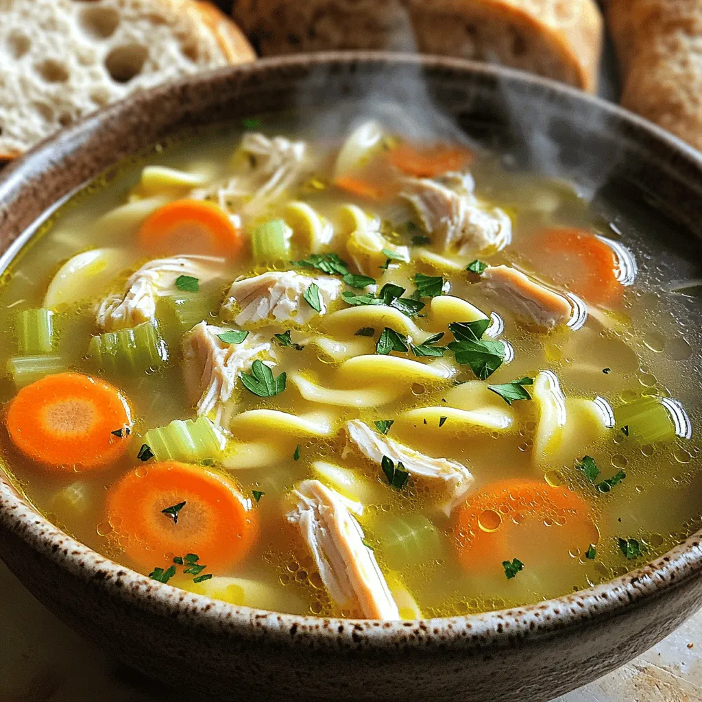 - 1 lb chicken breast, diced - 1 medium onion, chopped - 3 cloves garlic, minced - 3 medium carrots, sliced - 2 celery stalks, chopped - 8 cups low-sodium chicken broth - 2 cups egg noodles - 1 teaspoon dried thyme - 1 teaspoon dried rosemary - Salt and pepper to taste - 2 tablespoons olive oil - Fresh parsley, chopped, for garnish Chicken is the heart of this soup. It adds protein and richness. I prefer using chicken breast for a leaner option. Dicing it helps it cook faster and blend well with the other ingredients. Onions and garlic form the base of flavor. They create a fragrant aroma that fills your kitchen. Carrots and celery add sweetness and crunch. Together, they create a well-rounded taste and texture. - Broth options: You can use homemade or store-bought broth. Low-sodium broth is best for controlling salt. - Garnishes: Fresh parsley adds color and brightness. You might also try a sprinkle of black pepper. - Alternative noodles: Egg noodles are classic. Gluten-free pasta or whole grain noodles also work well. Choosing the right broth can elevate your soup. Homemade broth gives a rich flavor. However, quality store-bought options save time. For garnishes, fresh parsley makes a simple yet impactful addition. - Caloric breakdown: One serving has about 250 calories. - Key nutrients: This soup is rich in protein, vitamins, and fiber. - Dietary considerations: It can be adapted to fit gluten-free or low-sodium diets. Knowing the nutritional value helps you make informed choices. Chicken provides lean protein. The vegetables add vitamins and minerals. Plus, this soup is comforting without being heavy, making it a perfect meal for any day. First, gather all your ingredients. You need fresh chicken, veggies, and herbs. Here’s what to chop: - 1 lb chicken breast, diced - 1 medium onion, chopped - 3 cloves garlic, minced - 3 medium carrots, sliced - 2 celery stalks, chopped Chop your onion and garlic first. In a large pot, heat 2 tablespoons of olive oil over medium heat. Add the chopped onion and minced garlic. Sauté until the onion turns translucent, about 5 minutes. This helps bring out their flavor. Now, add the diced chicken to the pot. Cook it until it’s no longer pink, which should take about 5 to 7 minutes. Stir it occasionally so it cooks evenly. Then, toss in your sliced carrots and chopped celery. Cook these for another 3 to 4 minutes, allowing them to soften a bit. Next, pour in 8 cups of low-sodium chicken broth. Bring the mixture to a boil. Once boiling, reduce the heat. Add 2 cups of egg noodles, 1 teaspoon of dried thyme, and 1 teaspoon of dried rosemary. Simmer this for about 10 to 12 minutes, or until the noodles are tender. Stir occasionally to prevent sticking. After simmering, taste your soup. Adjust the seasonings by adding salt and pepper as needed. The last step is to remove the pot from heat. Stir in some chopped fresh parsley for a burst of color and flavor. Serve the soup in deep bowls, garnished with extra parsley and a sprinkle of black pepper. Enjoy your comforting bowl of homemade chicken noodle soup! For the full recipe, check [Full Recipe]. To make a perfect broth, start with quality chicken. Use low-sodium broth for a healthier option. Simmer gently to let flavors blend well. Avoid boiling too hard; it can make the broth cloudy. For the noodles, add them near the end of cooking. This keeps them from becoming mushy. Cook them just until they are tender. Remember, they will continue to cook a bit after you remove the pot from the heat. Fresh herbs can bring your soup to life. Consider adding parsley, thyme, or dill. These herbs add brightness and flavor. You can also spice things up! Try adding a pinch of cayenne or black pepper. A dash of paprika can also add depth to your broth. Soggy vegetables can ruin your soup. Add them at the right time. Cook them only until they are slightly tender. Maintaining broth clarity is key. Avoid stirring too much after adding the noodles. This helps keep everything looking nice and clear. For a full recipe, check out the Cozy Chicken Noodle Soup section. {{image_2}} You can make this soup vegetarian. Start by substituting chicken with tofu. Tofu adds protein and absorbs flavors well. Use firm tofu for the best texture. Next, use vegetable broth instead of chicken broth. This keeps the soup rich and tasty. You can also add more veggies, like bell peppers or peas, for extra flavor. If you prefer using a slow cooker, there are easy adjustments. Start by sautéing the onion and garlic in a pan first. This step adds depth to the soup. Then, combine all ingredients in the slow cooker. Set it to low for 6-8 hours. If you're in a hurry, you can set it to high for 3-4 hours. Just make sure to check the chicken for doneness. For a gluten-free soup, choose alternative noodle options. Rice noodles or gluten-free pasta work well. Make sure to cook them separately if needed. Also, ensure your broth is gluten-free. Some broths may contain gluten, so check labels. This way, everyone can enjoy a comforting bowl of soup. For the full recipe, you can refer to the Cozy Chicken Noodle Soup section. After enjoying your homemade chicken noodle soup, store any leftovers in the fridge. Place the soup in airtight containers. Glass or plastic containers work well. Make sure to cool the soup to room temperature before sealing. This helps prevent condensation and keeps the soup fresh. To freeze chicken noodle soup, use freezer-safe containers. Leave some space at the top for expansion. You can also use freezer bags. Just lay them flat for easy stacking. When ready to eat, thaw the soup in the fridge overnight. Reheat it on the stove or in the microwave until hot. Chicken noodle soup lasts about 3 to 4 days in the fridge. If frozen, it can last up to 3 months. Check for signs of spoilage before eating. If the soup smells off or looks discolored, it’s best to throw it away. Always trust your senses when it comes to food safety. Yes, you can use rotisserie chicken. It saves time and adds flavor. Just shred the meat and add it to the pot. This way, you cut down on cooking time by about 15 minutes. Rotisserie chicken is tasty and tender, making your soup rich and hearty. Egg noodles are the best choice for chicken noodle soup. They have a great texture and soak up flavors well. You can also use whole wheat noodles for added nutrients. If you want something different, try rice noodles or gluten-free options. Each type of noodle brings a unique taste to the soup. To spice up your soup, add fresh jalapeños or red pepper flakes. You could also include a dash of hot sauce. For a deeper flavor, mix in curry powder or smoked paprika. Adjust the amount to your heat tolerance. This will give your soup an exciting kick. Homemade chicken noodle soup is simple and satisfying. We covered key ingredients like chicken, vegetables, and seasonings. I shared tips to enhance flavor and create healthier versions. You learned how to prepare and cook the soup step-by-step. Common mistakes were highlighted, helping you avoid issues. Finally, I provided storage options for leftovers. Enjoy your warm bowl of soup, knowing you can adjust recipes to fit your tastes. Cooking can be fun and rewarding.