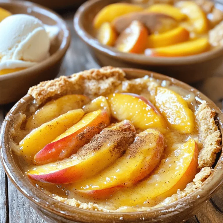 - 4 cups fresh peaches, peeled and sliced - 1 cup granulated sugar - 1 tablespoon lemon juice - 1 teaspoon cinnamon - 1 cup all-purpose flour - 2 teaspoons baking powder - 1/2 teaspoon salt - 1 cup whole milk - 1/2 cup unsalted butter, melted - 1 teaspoon vanilla extract - 1/4 cup brown sugar (for topping) - 1/4 teaspoon nutmeg (optional) Make sure to measure your ingredients carefully. Use a dry measuring cup for flour and sugar. For liquids, like milk, use a liquid measuring cup. Level off the flour with a straight edge to avoid adding too much. The right measurements are key for the best cobbler. Choose ripe peaches for the best flavor. Look for peaches that are fragrant and slightly soft when gently squeezed. Avoid any with bruises or wrinkles. If they are firm, let them ripen at room temperature for a few days. Rinse them well before peeling and slicing. Fresh peaches will give your cobbler a juicy and sweet taste that is hard to resist. For more details, check the Full Recipe. Start with fresh peaches. You need about 4 cups. Peel and slice them. Place the sliced peaches in a bowl. Add 1/2 cup of granulated sugar, 1 tablespoon of lemon juice, and 1 teaspoon of cinnamon. Stir this mixture well. Let it sit for about 10 minutes. This helps the peaches release their sweet juices. The goal is to make them juicy and flavorful. In another bowl, grab 1 cup of all-purpose flour. Add 2 teaspoons of baking powder and 1/2 teaspoon of salt. Then, mix in the remaining 1/2 cup of granulated sugar. Whisk these dry ingredients together. Make sure they are fully combined. This step is key for a good texture in your cobbler. Now, let’s move on to the wet ingredients. In the same bowl, pour in 1 cup of whole milk. Next, add 1/2 cup of melted unsalted butter and 1 teaspoon of vanilla extract. Stir the mixture until just combined. It’s okay if there are a few lumps. This helps to keep your cobbler light and fluffy. Take a greased 9x13 inch baking dish. Pour the batter into the dish. Spread it evenly across the bottom. Carefully spoon the peach mixture over the batter. Do not stir! The peaches will sink during baking. Finish by sprinkling 1/4 cup of brown sugar on top. If you like, add 1/4 teaspoon of nutmeg for extra flavor. Bake in a preheated oven at 350°F for 45-50 minutes. Look for a golden brown top and bubbling edges. Once done, let it cool for about 15-20 minutes. Now your fresh peach cobbler is ready to enjoy! You can find the Full Recipe for more details. To get the best texture, focus on the batter. You want it to be thick but smooth. Mix just enough until you see no dry flour. A few lumps are okay. When you pour the batter, it should spread itself. The peaches will sink into the batter while baking, creating that amazing cobbler texture. Serving this cobbler warm brings out its best taste. I love to add a scoop of vanilla ice cream on top. It melts and mixes with the warm cobbler. You can also use whipped cream for a lighter touch. For an extra flair, add a slice of fresh peach on top. This makes it look fancy and tastes great! Make sure your oven is fully preheated before baking. If it is not hot enough, the cobbler may not rise well. Keep an eye on the time. The cobbler should be golden brown and bubbling at the edges. Let it cool for about 15-20 minutes after baking. This helps set the juices and makes it easier to serve. For the full recipe, check out the Fresh Peach Cobbler instructions above. {{image_2}} You can switch up the fruit in your cobbler. Apples, berries, or cherries work well. Each fruit gives a unique taste. For apples, add a touch more sugar. Berries can add a nice tartness. Mix fruits together for a fun flavor twist. This makes your cobbler special every time! If you need a gluten-free option, use gluten-free flour. This works just as well in the recipe. You can also try almond flour for a nutty taste. Make sure to check the baking powder for gluten. With these changes, everyone can enjoy this yummy dessert. Want to add more flavor? Try adding in spices like ginger or cardamom. You can also mix in nuts for a crunch. Pecans or walnuts taste great in this cobbler. For a sweet twist, add a splash of almond extract. Each of these options helps you create a new favorite dish. Check out the Full Recipe for all the details on making this delicious peach cobbler! Once you enjoy your fresh peach cobbler, let it cool down. After it cools, cover it with plastic wrap or foil. You can also use an airtight container. Store it in the fridge for up to four days. This keeps the cobbler fresh and tasty. If you want to save some cobbler for later, freezing works great. First, let the cobbler cool completely. Then, cut it into pieces for easy serving. Wrap each piece in plastic wrap and place them in a freezer-safe bag. You can freeze it for up to three months. When you’re ready to enjoy, just thaw it in the fridge overnight. To reheat your cobbler, preheat your oven to 350°F (175°C). Place the cobbler in an oven-safe dish and cover it with foil. Heat it for about 20 minutes. This keeps it warm without drying it out. If you want a crisp top, remove the foil for the last 5 minutes. You can also heat individual pieces in the microwave for about 30 seconds. Enjoy it warm! To make fresh peach cobbler from scratch, start with fresh, ripe peaches. Peel and slice about 4 cups of them. Mix the peaches with sugar, lemon juice, and cinnamon. Let the mix sit to release juices. Next, combine flour, baking powder, salt, and more sugar in a bowl. In another bowl, mix milk, melted butter, and vanilla. Combine these mixes, then pour the batter into a greased baking dish. Spoon the peaches on top, sprinkle brown sugar, and bake. You can find the full recipe above. Yes, you can use canned peaches if fresh ones are not available. Make sure to drain the peaches well. Canned peaches are often softer than fresh ones, so they might change the texture slightly. You should also reduce the sugar a bit since canned peaches are usually sweetened. This will help balance the flavors. You can use honey, maple syrup, or coconut sugar as a substitute for sugar. If you prefer a sugar-free option, try using stevia or monk fruit sweetener. Each option may slightly alter the taste and texture. Adjust the amount based on how sweet you want the cobbler. You can tell when peach cobbler is done by checking the top. It should be golden brown and bubbly around the edges. You can also insert a toothpick into the batter. If it comes out clean, your cobbler is ready. Let it cool for a bit before serving. Peach cobbler is best served warm. The warm filling and soft topping create a cozy treat. Serve it with vanilla ice cream or whipped cream for extra flavor. However, some people enjoy it cold too. It all depends on your personal taste! This blog post covered how to make fresh peach cobbler from scratch. We explored key ingredients, step-by-step instructions, and tips for perfecting texture. You learned about variations and how to store leftovers effectively. As you prepare your own cobbler, remember to trust your taste. Experiment with fruits and flavors. Enjoy baking and sharing this classic treat! Your homemade peach cobbler will surely impress family and friends.