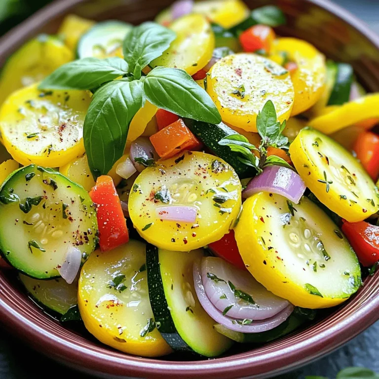 - 2 medium zucchinis, sliced into half-moons - 2 medium yellow squashes, sliced into half-moons - 1 red bell pepper, diced - 1 small red onion, thinly sliced - 2 cloves garlic, minced - 2 tablespoons olive oil - 1 teaspoon dried thyme - 1 teaspoon smoked paprika - Salt and pepper to taste - Fresh basil leaves, for garnish When choosing your ingredients, fresh is best. Look for zucchinis and squashes that feel firm. They should have smooth skin and bright color. The bell pepper should be crisp and shiny. For the onion, pick one that is heavy for its size. Fresh garlic adds great flavor, so use whole cloves. If you can, buy organic. It often tastes better and is better for the planet. If you need to change the recipe, here are some ideas: - For a low-carb option, use cauliflower instead of squash. - Swap the olive oil for avocado oil for a different taste. - If you are vegan, this recipe is already perfect as is! - For a nut-free version, avoid any nuts in garnish. - If you like more spice, add some chili flakes or jalapeño. These changes keep the dish tasty while meeting your needs. For the full recipe, check out the Sautéed Summer Garden Medley. Start by washing your zucchinis and yellow squashes. Cut them into half-moons. This shape helps them cook evenly. Next, dice the red bell pepper and slice the red onion thin. Mince the garlic cloves. Keep all your cut veggies close by. This will make cooking faster and easier. You need fresh ingredients for the best taste. Heat two tablespoons of olive oil in a large skillet over medium heat. Add the sliced red onion and cook for 2-3 minutes. You want them to soften but not brown. Then, stir in the minced garlic for just 30 seconds. This brings out the flavor. Next, add the yellow squash and zucchini. Sauté these for about 5 minutes, stirring occasionally. They should start to soften at this point. After that, add the diced red bell pepper, dried thyme, and smoked paprika. Sprinkle in salt and pepper too. Cook everything for another 5 minutes. The colors will brighten, and the veggies will become tender. Once everything is cooked, taste the mix. Adjust the seasoning if needed. Remove the skillet from heat and let the veggies rest for a minute. Before serving, add fresh basil leaves on top. This adds a nice touch and flavor. Serve the sautéed medley in a shallow bowl or plate. You can drizzle a bit of olive oil or balsamic reduction for a beautiful finish. For the full recipe, check out the complete details. I love using a large skillet for sautéing squash and zucchini. It allows heat to spread evenly. When you heat the olive oil, aim for medium heat. This lets the veggies cook without burning. Start with the onion. Sauté it until it softens. This brings out its sweet flavor. Then, add garlic for a quick burst of taste. The key is to stir often. This keeps everything from sticking and helps the flavors blend well. To boost the flavor of your sautéed veggies, add herbs and spices. Dried thyme and smoked paprika work wonders. They add depth without overpowering the dish. Fresh basil at the end gives a bright finish. For a little kick, try adding red pepper flakes. You can also squeeze fresh lemon juice over the dish before serving. This adds a nice zing and freshness. One common mistake is overcrowding the pan. If you add too many veggies at once, they steam instead of sauté. This makes them mushy. Instead, cook in batches if needed. Another mistake is forgetting to taste as you cook. Always check the seasoning. Adjust with salt and pepper for the best flavor. Finally, don’t rush the cooking time. Proper cooking gives the veggies a nice texture and color. For the full recipe, check out the instructions above. {{image_2}} You can add protein to sautéed squash and zucchini easily. Consider cooked chicken, shrimp, or tofu. For chicken, use bite-sized pieces. Add them to the pan after the onions. For shrimp, toss them in during the last few minutes. If you prefer tofu, cube it and sauté it until golden. Each option adds flavor and makes your dish more filling. Sautéed squash and zucchini shine with seasonal veggies. In spring, add asparagus for a fresh crunch. In fall, try adding diced butternut squash for a sweet touch. You can also mix in colorful bell peppers or cherry tomatoes. These swaps keep your dish exciting and align with what’s fresh. Choose vegetables that are in season for the best taste. Herbs can totally change your sautéed squash and zucchini. Instead of thyme, try oregano or rosemary for a bold flavor. Basil gives a sweet touch, while cilantro adds a fresh taste. You might even try a pinch of red pepper flakes for heat. Experiment with different herbs to find your favorite mix. Each herb adds a unique twist, making your dish special. For the full recipe, check out Sautéed Summer Garden Medley. After enjoying your sautéed squash and zucchini, let them cool. Place the leftovers in an airtight container. This keeps them fresh. Store the container in the fridge. They will stay good for about three days. To reheat, you can use a skillet. Heat the skillet over medium heat. Add the leftovers and stir gently. This keeps the veggies from getting mushy. You can also use a microwave. Heat in short bursts, stirring in between. This ensures even heating. If you want to freeze, cool the dish first. Then, transfer it to a freezer-safe bag. Remove as much air as possible to prevent freezer burn. You can freeze sautéed squash and zucchini for up to three months. When ready to eat, thaw them overnight in the fridge. Reheat as mentioned above. For more details, check the Full Recipe. You can serve sautéed squash and zucchini with many dishes. They pair well with grilled meats, like chicken or fish. You can also serve them with rice or quinoa for a full meal. For a lighter option, they go great with a fresh salad. Try adding them to pasta for a tasty twist. Don't forget to drizzle some olive oil or lemon juice on top for extra flavor. You can tell the vegetables are cooked when they are tender but still crisp. They should have bright colors and a nice sheen. When you pierce them with a fork, they should feel soft but not mushy. If they start to brown a little, that adds extra flavor. Keep an eye on them, as overcooking can make them lose their taste and texture. Yes, you can make this recipe ahead of time. Just cook the vegetables and let them cool. Store them in an airtight container in the fridge. They will stay fresh for about three days. When you're ready to eat, just reheat them on the stove or in the microwave. They taste great warm, and you can add fresh herbs right before serving for extra flavor. Check out the Full Recipe for more details! This post covered the key steps for cooking sautéed squash and zucchini. We looked at important ingredients and their quality. You learned how to prep vegetables and use great cooking methods. Tips and tricks helped you avoid common mistakes. We also discussed variations to suit your taste. Finally, you gathered essential storage info to keep leftovers fresh. Remember, with practice, you’ll master this dish and impress everyone at your table. Enjoy your cooking journey!