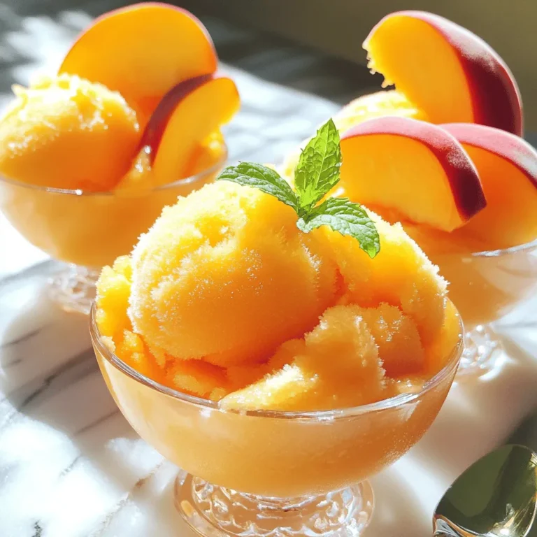 Ripe peaches are key for this sorbet. Look for peaches that are firm but yield slightly when you press them. They should smell sweet. For this recipe, you need four ripe peaches. Make sure to peel and pit them before using. Granulated sugar brings out the sweet flavor of the peaches. You will need one cup of sugar for this recipe. This amount helps balance the tartness of the lemon juice and enhances the peach flavor. Lemon juice adds a bright note to the sorbet. Use one tablespoon of fresh lemon juice to enhance the taste. You will also need one cup of water to blend everything smoothly. This combination makes the sorbet refreshing and light. Here is what you need to make this sorbet: - A blender to puree the peaches and other ingredients - A shallow dish to freeze the mixture - A fork to scrape and fluff the sorbet after freezing With these ingredients and tools, you can create a delightful treat this summer. For the complete guide, check the Full Recipe. Start with your ripe peaches. Peel them carefully and remove the pits. Cut the peaches into slices. Use a knife for this. Make sure the slices are not too thick. Place the peach slices in a blender. This step is key for a smooth sorbet. Now, it’s time to blend. Add the granulated sugar to the peaches. Then, pour in the lemon juice. Add a pinch of salt for balance. Next, pour in the water. Blend everything until it’s smooth. Taste the mixture. If it needs more sweetness, add sugar and blend again. Pour the peach puree into a shallow dish. Cover it with plastic wrap. This keeps it fresh while freezing. Place the dish in the freezer for 4-6 hours. You want it frozen solid. Check it after a few hours. Once the sorbet is frozen, remove it from the freezer. Let it sit at room temperature for about 10 minutes. This helps it soften. Use a fork to scrape the mixture. This creates a fluffy texture. Scoop the sorbet into bowls or cones. Serve it right away. Enjoy your treat! When making sorbet, ripe peaches are key. They should feel soft but not mushy. Look for a sweet smell; this shows good flavor. If peaches are hard, they might not taste great. You can let them sit at room temp for a few days. This helps them ripen naturally. Always wash the peaches well before using them to remove any dirt or wax. Texture is important for sorbet. After blending, the mixture should be smooth. If it's too thick, add a bit more water. Freezing time affects the texture, too. If you freeze it too long, it may become hard. To fix this, let it sit out for a bit before serving. Scraping with a fork creates fluffy ice crystals. This gives you that perfect sorbet feel. Sweetness can change with the type of peaches. Taste the mixture before freezing. If it's not sweet enough, add more sugar. Blend it again to mix well. Remember, you can always add, but you can’t take away. If you want a less sweet sorbet, reduce the sugar. This way, the peach flavor shines through. For the full recipe, follow the steps to create your treat. {{image_2}} You can mix in other fruits for fun flavors. Try adding strawberries, mangoes, or raspberries. Just make sure to keep the fruit ratio similar to peaches. This keeps the taste balanced. Blend the fruits together for a unique sorbet. If you want a dairy-free treat, this sorbet is already perfect! The recipe uses no dairy. You can also add coconut milk for a creamier texture. This adds a nice tropical flavor and keeps it light. You can boost the taste with simple additions. A splash of vanilla extract gives a sweet note. For a zing, try a bit of fresh ginger. Herbs like mint or basil can add freshness. Just a tiny amount can change the whole dessert! Using these variations, your Perfect Peach Sorbet can become a new favorite. For the complete recipe, check out the Full Recipe section. Enjoy your creative sorbet adventures! To store your peach sorbet, use an airtight container. This keeps the sorbet fresh and prevents ice crystals. Make sure to cover the top with plastic wrap before sealing the lid. It helps keep air out and flavor in. Peach sorbet can last in the freezer for about two weeks. After that, it may lose flavor and texture. If you want to enjoy it longer, consider storing it in a deeper part of the freezer, where it stays colder. If you have leftover sorbet, just scoop it into a bowl and let it sit at room temp for a few minutes. This makes it easier to serve. You can also mix leftover sorbet into smoothies or use it as a topping for cakes or pancakes. Enjoy your delicious treat in new ways! Yes, you can use frozen peaches. They work well in this recipe. Just let them thaw a bit. This helps when blending. Frozen peaches give great flavor and texture. They make this treat quick and easy. Homemade peach sorbet lasts about one to two weeks in the freezer. To keep it fresh, store it in an airtight container. It may get hard over time. If it does, just let it sit out for a few minutes to soften. To soften sorbet, take it out of the freezer. Let it sit at room temperature for about 10 minutes. This will make it easier to scoop and eat. You can also use a fork to scrape it for a fluffy texture. The Full Recipe for Perfect Peach Sorbet is simple and fun. You need fresh, ripe peaches, sugar, lemon juice, water, and a pinch of salt. Cut the peaches and blend them with the other ingredients. Freeze the mixture for 4-6 hours. After freezing, scrape it with a fork for a light texture. Enjoy this refreshing treat on a hot day! You learned how to make tasty peach sorbet with fresh ingredients. We covered choosing the right peaches, blending, and freezing. I shared tips to get the best texture and adjust the sweetness. You can even customize the recipe with other fruits or dairy-free options. Making sorbet at home is fun and easy. Enjoy your refreshing treat, and share it with friends!