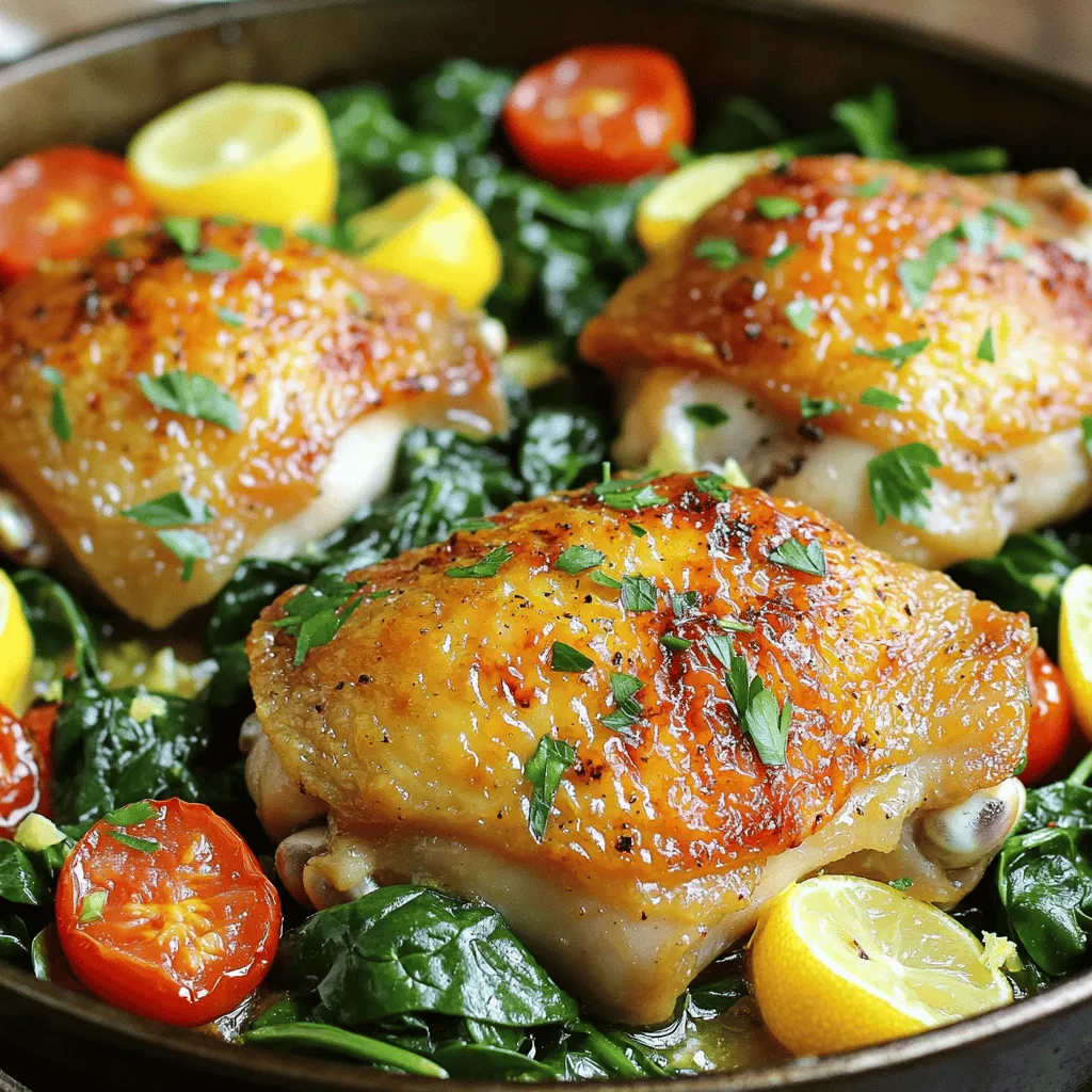 - 4 chicken thighs, bone-in and skin-on - 2 tablespoons olive oil - 3 cloves garlic, minced - Zest and juice of 1 large lemon - 1 teaspoon dried thyme - 1 teaspoon dried oregano - Salt and pepper to taste - 1 cup chicken broth - 2 cups baby spinach - 1 cup cherry tomatoes, halved - Fresh parsley, chopped (for garnish) For this dish, I use 4 chicken thighs. The skin adds flavor and helps keep the meat juicy. I need 2 tablespoons of olive oil for cooking. Three cloves of minced garlic give a nice kick. I zest and juice one large lemon for freshness. The dried thyme and oregano both need one teaspoon each. I add salt and pepper to taste. For moisture and flavor, I pour in 1 cup of chicken broth. To add color and nutrition, I use 2 cups of baby spinach and 1 cup of halved cherry tomatoes. Finally, I garnish with fresh parsley to brighten the dish. When selecting chicken, look for thighs with shiny skin. The meat should feel firm but slightly springy. For garlic, choose bulbs that feel heavy and have tight skin. Fresh lemons should be bright yellow and firm. For herbs, dried ones should be aromatic and not clumpy. Always check the expiration date. Fresh spinach should be crisp and vibrant green. Pick tomatoes that are plump and smooth. Using quality ingredients makes a big difference in flavor. First, preheat your oven to 400°F (200°C). This helps cook your chicken evenly. While the oven heats, gather your ingredients. You will need chicken thighs, olive oil, garlic, lemon, herbs, and seasoning. Make sure to wash the spinach and halve the cherry tomatoes. Now, heat the olive oil in a large oven-safe skillet over medium-high heat. Season the chicken thighs with salt, pepper, thyme, and oregano. Once the oil is hot, add the chicken thighs skin-side down. Sear them for about 5-7 minutes until the skin is golden brown. Flip the chicken over and cook for another 3 minutes. Next, add the minced garlic to the pan. Sauté it for about 30 seconds until it smells great. Pour in the chicken broth, then add the lemon zest and juice. Stir it all together. Now, gently add the baby spinach and cherry tomatoes around the chicken. Transfer the skillet to your preheated oven. Bake the chicken for 25-30 minutes, or until it reaches an internal temperature of 165°F (75°C). Once your chicken is done, take the skillet out of the oven. Let it rest for a few minutes. This helps keep the chicken juicy. Before serving, garnish with fresh parsley for a pop of color. You can serve directly from the skillet for a rustic look. Enjoy your One-Pan Lemon Garlic Chicken! Check out the Full Recipe for more details on this dish. To get crispy skin and juicy meat, start with a hot skillet. Heat olive oil until it shimmers. Place the chicken thighs skin-side down. Sear them for 5-7 minutes without moving them. This helps the skin crisp up. After flipping, cook for 3 more minutes. Make sure the internal temperature hits 165°F. You can add more flavor with herbs and spices. Fresh rosemary or basil pairs well with lemon. Consider adding crushed red pepper for heat. Try mixing in some capers for a briny touch. You can also add a splash of white wine for depth. If your chicken is overcooked, try using a meat thermometer next time. It helps you avoid dry meat. For too much acidity, add a pinch of sugar to balance the flavors. You can also add more chicken broth to mellow the taste. {{image_2}} If you want to change things up, consider using different proteins. You can swap chicken thighs for chicken breasts. Breasts will cook faster, so watch the time. You can also try turkey thighs or even plant-based options like tofu. For a veggie twist, use hearty vegetables like zucchini or bell peppers. They soak up the lemon garlic flavor well. While this recipe shines in the oven, you can grill or slow cook it too. For grilling, marinate the chicken in lemon and garlic. Grill it over medium heat until it’s cooked through. This method adds a smoky flavor. If you prefer slow cooking, place the ingredients in a slow cooker. Cook on low for 6-8 hours or high for 3-4 hours. The chicken will become tender and juicy. Don’t hesitate to play with flavors! Instead of lemon, try lime or orange for a different zest. Fresh herbs like rosemary or basil can also give a new taste. You can even add a pinch of red pepper flakes for heat. Adjusting flavors keeps the dish fresh and exciting every time you make it. To store leftovers, let the chicken cool down first. Place the chicken and veggies in an airtight container. This keeps the flavors fresh. Store it in the fridge for up to 3 days. Before eating, reheat it in the oven or microwave until hot. If you want to freeze the chicken, follow these steps. First, let it cool completely. Then, wrap it tightly in plastic wrap and place it in a freezer-safe bag. Remove as much air as you can. You can freeze it for up to 3 months. To reheat, thaw it in the fridge overnight. Then, warm it in the oven for best results. For the best taste and quality, enjoy your One-Pan Lemon Garlic Chicken within 3 days if kept in the fridge. If you freeze it, use it within 3 months for the best flavor. After these timeframes, the chicken may lose flavor and texture. Always check for signs of spoilage before eating. How long does it take to cook? This dish takes about 50 minutes from start to finish. You’ll spend 10 minutes prepping and 40 minutes cooking. The chicken needs to bake until it reaches 165°F. Can I use boneless chicken thighs? Yes, boneless chicken thighs work well too. They will cook faster than bone-in thighs. Check for doneness after about 20-25 minutes in the oven. What can I serve with this dish? You can serve this chicken with rice, quinoa, or a fresh salad. Roasted veggies also pair nicely. Try garlic bread for a tasty side! For the complete recipe, check the Full Recipe section. In this blog post, we explored how to make a delicious one-pan lemon garlic chicken. We covered essential ingredients and their measurements for the best flavor. I shared tips for cooking perfectly juicy meat with crispy skin, and how to switch things up with variations. Proper storage will keep your leftovers fresh for longer. As you cook, remember that simple tweaks can enhance your dish. Enjoy experimenting and sharing this meal with loved ones!
