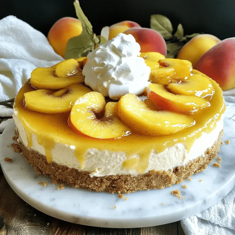 - 1 ½ cups graham cracker crumbs - ⅓ cup granulated sugar - ½ cup unsalted butter, melted - 2 (8 oz) packages cream cheese, softened - ¾ cup granulated sugar - 2 large eggs - 1 teaspoon vanilla extract - 1 cup sour cream - 1 teaspoon cinnamon - 2 cups fresh peaches, peeled and sliced - ¼ cup brown sugar - 1 tablespoon lemon juice - 2 tablespoons cornstarch In this Peach Cobbler Cheesecake, I focus on fresh peaches and a creamy base. The graham cracker crust gives a nice crunch. I melt the butter to help bind the crust together. The cream cheese makes the filling rich and smooth. I use two types of sugar for balance. The granulated sugar sweetens the cheesecake, while brown sugar adds depth to the peach topping. Fresh peaches shine in this recipe. They bring a juicy, sweet flavor that complements the rich cheesecake. Lemon juice brightens the flavor of the peaches and helps them stay fresh. Cornstarch thickens the peach mixture and prevents it from becoming too runny. This list of ingredients is simple yet effective. Each component works together to create a delightful treat. You can find the Full Recipe to guide you through this peachy journey! - Preheat the oven to 350°F (175°C). - In a medium bowl, mix graham cracker crumbs, ⅓ cup sugar, and melted butter. - Press this mixture into the bottom of a springform pan. Bake for 10 minutes. - In a large bowl, beat 2 packages of cream cheese and ¾ cup sugar until smooth. - Add eggs one at a time, mixing well after each. - Stir in the vanilla extract and sour cream until fully mixed. - Pour the cream cheese mixture over your cooled crust in the springform pan. - In another bowl, toss sliced peaches with brown sugar, lemon juice, and cornstarch. - Layer the peach mixture on top of the cheesecake. - Sprinkle cinnamon over the peaches. - Bake in the preheated oven for 45-50 minutes, until the center is set. For the full recipe, check the earlier section. To get the best texture, start with softened cream cheese. This helps it mix smoothly. Don’t overbeat the eggs. If you overbeat, you might get cracks in your cheesecake. To cool it down slowly, let the cheesecake sit in the oven after baking. This step helps avoid sudden temperature changes that can ruin the top. Garnish your cheesecake with extra peach slices and a swirl of whipped cream. This adds a lovely touch and makes it look special. You can also serve a slice with vanilla ice cream. The warm and cold contrast is always a hit. For more inspiration, check out the Full Recipe for different presentation ideas. {{image_2}} You can switch up the fruit in your cheesecake. Use berries or apples for a fun twist. Strawberries, blueberries, or even cherries bring bright colors and flavors. They mix well with the creamy filling. If you want to get fancy, add a layer of caramel or chocolate. This will make your cheesecake even richer and more indulgent. The crust is just as important as the filling. Instead of a graham cracker crust, try a cookie crust. Oreos or pecan cookies can add a tasty change. If you need a gluten-free option, use gluten-free graham crackers. This makes it easy for everyone to enjoy your peach cobbler cheesecake. The variations keep it fun and exciting! For the full recipe, check out the detailed instructions above. To keep your peach cobbler cheesecake fresh, store it in the fridge. I recommend covering it well with plastic wrap or foil. This keeps the flavors intact and prevents drying out. You can enjoy the cheesecake for up to 5 days. Just make sure your container is airtight. If you want to save some for later, freezing is a great option. Wrap slices tightly in plastic wrap, then in foil. This helps avoid freezer burn. The cheesecake will last for up to 3 months in the freezer. When you're ready to eat it, just thaw in the fridge overnight. This keeps the texture smooth and creamy. For the full recipe, check back to the main section! Yes, you can make it a day in advance for the best flavor. Letting it sit overnight lets the tastes blend. This makes each bite even better when you finally serve it. You can use mascarpone instead of cream cheese. It gives a richer and creamier taste. This change can surprise your guests and add a new twist. The cheesecake is done when the center is set but still slightly jiggly. This means it will firm up as it cools. Too firm means it’s overcooked. Serve it chilled for the best taste. You can garnish with fresh fruit or whipped cream. This adds color and makes the cheesecake look even more appealing. For the full recipe, check the earlier section. This blog post guides you through making a delicious Peach Cobbler Cheesecake. You learned the key ingredients, how to prepare the crust and filling, and how to bake it perfectly. I shared tips for a smooth texture and tasty serving ideas. Remember, you can change up the fruits or crust for your own twist. Store or freeze leftovers easily to enjoy later. With these steps, you can create a dessert that's sure to impress! Enjoy your baking adventure!
