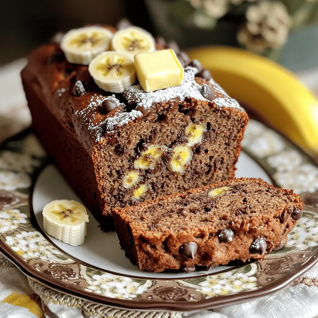 To make chocolate chip banana bread, you need these ingredients: - 3 ripe bananas, mashed - 1/2 cup unsalted butter, melted - 3/4 cup brown sugar - 1 large egg, beaten - 1 teaspoon vanilla extract - 1 teaspoon baking soda - 1/4 teaspoon salt - 1 1/2 cups all-purpose flour - 1 cup semi-sweet chocolate chips - 1/2 cup chopped walnuts (optional) These ingredients create a rich and moist loaf that everyone loves. You can swap some ingredients if you're missing something. Here are a few ideas: - Use coconut oil instead of butter for a dairy-free option. - Replace brown sugar with white sugar or honey if you prefer. - For a vegan version, use flaxseed meal mixed with water instead of the egg. - You can use whole wheat flour for a healthier twist. These substitutions can still give you a tasty banana bread. Want to make your banana bread even better? Try these add-ins: - Chopped nuts like pecans or almonds for crunch. - A sprinkle of cinnamon or nutmeg for warm spice. - Use dark chocolate chips instead of semi-sweet for a richer flavor. - Dried fruits like raisins or cranberries can add a nice touch. Feel free to mix and match these options to create your perfect loaf. For the full recipe, check out Choco-Banana Bliss Bread. Start by gathering all your ingredients. You need three ripe bananas, butter, brown sugar, an egg, vanilla, baking soda, salt, flour, chocolate chips, and walnuts if you want. Preheat your oven to 350°F (175°C). This step is key for even baking. Grease a 9x5-inch loaf pan to prevent sticking. In a large bowl, mash the ripe bananas until smooth. Add the melted butter and mix them well. Now, stir in the brown sugar, beaten egg, and vanilla extract. Make sure everything blends nicely. Next, sprinkle the baking soda and salt over your mixture. Stir gently to combine. Now, fold in the flour. Mix until just combined. You want to avoid over-mixing, as this can make the bread tough. Finally, add the chocolate chips and walnuts if you like. Gently fold them into the batter. Pour the batter into your prepared loaf pan. Spread it evenly to ensure it bakes evenly. Place the pan in the preheated oven. Bake for 60-65 minutes. To check if it’s ready, insert a toothpick in the center. It should come out clean. If there’s batter stuck to it, bake for a few more minutes. Once done, take the loaf out of the oven. Let it cool in the pan for about 10 minutes. This helps it set and makes it easier to remove. After that, transfer the bread to a wire rack to cool completely. For serving, slice the banana bread and enjoy it warm. A pat of butter or a sprinkle of powdered sugar makes it even better. You can garnish it with extra chocolate chips and banana slices for a lovely look. For the full recipe, check out our complete guide. To keep your banana bread fresh, wrap it well. Use plastic wrap or aluminum foil. Store it at room temperature for up to three days. If you want to keep it longer, freeze it. Slice the bread before freezing. This way, you can grab a piece anytime. To ripen bananas quickly, place them in a paper bag. The gas they emit speeds up ripening. You can add an apple to the bag for even faster results. If you need ripe bananas now, bake them! Place unpeeled bananas on a baking sheet. Bake at 300°F (150°C) for about 15-20 minutes. Let them cool before using. Do not skip the baking soda. It helps the bread rise and gives it a light texture. Also, avoid over-mixing the batter. This can make the bread dense. Mix just until combined to keep it fluffy. Lastly, be sure to check the bread with a toothpick. If it comes out clean, your banana bread is ready! For the full recipe, check our Choco-Banana Bliss Bread section. {{image_2}} You can make banana bread healthier with a few simple swaps. Use whole wheat flour instead of all-purpose flour. This adds fiber and nutrients. You can also cut the sugar. Try using just half the brown sugar or use a sugar substitute. Applesauce can replace some fat, too. This keeps the bread moist and tasty. Want to mix it up? Add peanut butter for a nutty twist. Just fold in half a cup of creamy or crunchy peanut butter. You can also add a teaspoon of cinnamon for warmth. This makes your banana bread taste even better. For a fun touch, toss in some chopped nuts or dried fruit. If you need a gluten-free option, use a gluten-free flour blend. Many brands work well in baked goods. Just replace the all-purpose flour with this blend. You can also add a little xanthan gum to help with texture. This keeps your banana bread soft and fluffy. Enjoy a slice without worry! For more details, check out the Full Recipe. To keep your chocolate chip banana bread fresh, wrap it tightly. You can use plastic wrap or foil. Store it at room temperature for up to four days. If you want to keep it longer, consider refrigerating it. This helps prevent mold and keeps it tasty. Be sure to place it in an airtight container for best results. Freezing banana bread is easy and smart. First, let the bread cool completely. Then, slice it into pieces. Wrap each slice in plastic wrap. Place the wrapped slices in a freezer bag. Remove as much air as you can to prevent freezer burn. You can freeze it for up to three months. When you're ready, just thaw it at room temperature. To enjoy warm banana bread, you can reheat it in the oven or microwave. For the oven, preheat it to 350°F (175°C). Place the slice on a baking sheet and warm it for about 10 minutes. If you're in a hurry, the microwave works too. Heat for about 15-20 seconds. Remember, don't overheat, or it will dry out. Enjoy your delicious treat! You can check doneness by inserting a toothpick into the center. If it comes out clean, your banana bread is ready. It should also look golden brown on top. The edges might pull away from the pan a bit. Trust your senses; a nice smell means it's close! Yes, you can use frozen bananas! Just thaw them first. Drain any extra liquid before mashing. This helps keep your bread from getting too wet. Frozen bananas often taste sweeter, so they work great in banana bread. To slice banana bread, use a sharp bread knife. This cuts through without squishing the loaf. Wait until the bread is cool to slice for clean cuts. If you need to slice it warm, be gentle. If you want to swap chocolate chips, try using nuts or dried fruit. You could use chopped walnuts, pecans, or raisins. These add different flavors and textures. Just remember, they will change the taste a bit! Banana bread lasts for about 3 to 4 days at room temperature. To keep it fresh, wrap it in plastic wrap or foil. You can also store it in an airtight container. If you want to save it longer, freeze it! Yes, banana bread often tastes better the next day. The flavors meld together as it sits. This makes each bite even more delicious. Just remember to store it properly to keep it fresh! For the full recipe, check out the Choco-Banana Bliss Bread that I shared earlier. It’s simple and oh-so-delicious! You have all the tools to make great banana bread. We explored the key ingredients, step-by-step instructions, and helpful tips. Remember, you can customize your bread with various add-ins and healthier options. Storing methods help keep it fresh longer, and simple answers to FAQs clear up common concerns. Enjoy baking and sharing your banana bread with family and friends! Happy baking!