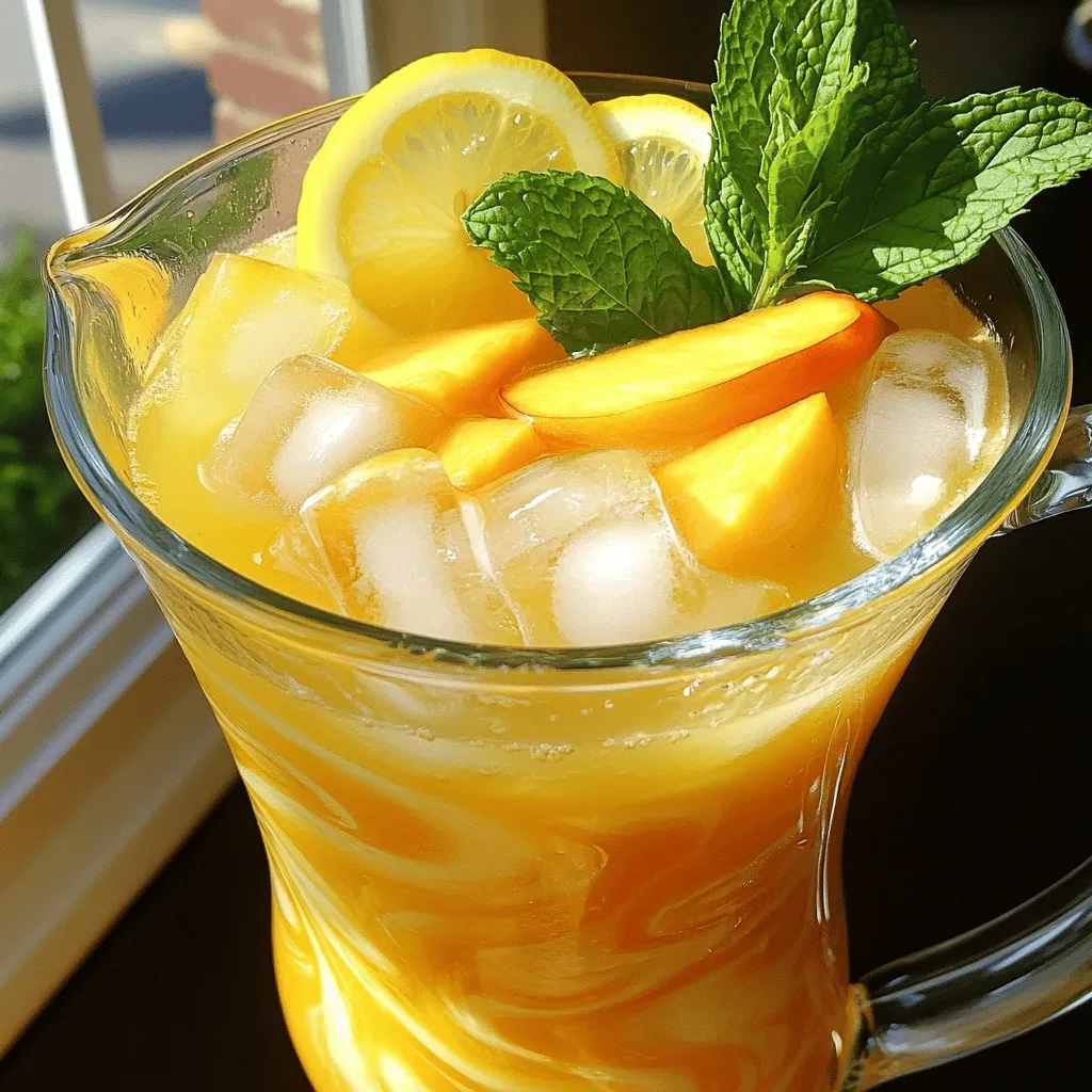 - Ripe peaches - Fresh lemon juice - Granulated sugar - Cold water - Fresh mint leaves - Lemon slices - Ice cubes To make the best peach lemonade, you need ripe peaches. Look for ones that feel soft when you gently press them. The juicier the peach, the better your drink will taste. Fresh lemon juice adds a bright flavor. You can squeeze the lemons yourself or use store-bought juice. Granulated sugar helps balance the tartness. Adjust the amount to suit your taste. You also need cold water to mix everything. This keeps your lemonade refreshing and cool. Fresh mint leaves give a nice touch of flavor. Lemon slices can be used for decoration. Finally, ice cubes make your drink icy and perfect for hot days. - Sweeteners alternatives - Flavor enhancements If you want to switch up the sweetness, try honey or agave syrup. These can be good choices for a different taste. You might also add herbs like basil or rosemary for extra flavor. These can make your drink unique and fun. - Caloric information - Vitamins and minerals This peach lemonade recipe serves six people. Each serving has about 150 calories. It is rich in vitamin C from the fresh lemons and peaches. This vitamin helps keep your immune system strong. You also get dietary fiber from the peaches. It helps with digestion and keeps you feeling full longer. 1. Start with ripe peaches. Rinse them well. 2. Cut the peaches in half and remove the pit. 3. Slice the peaches into smaller pieces. 4. In a blender, combine the sliced peaches with 1 cup of cold water. 5. Blend the mixture until it is smooth and creamy. 6. Use a fine-mesh sieve to strain the puree into a large pitcher. 7. Press the puree with a spoon to get all the juice out. 1. Pour the peach puree into the same pitcher. 2. Add 1 cup of fresh lemon juice. 3. Stir in 1 cup of granulated sugar. 4. Mix until the sugar fully dissolves in the juice. 5. Add the remaining 3 cups of cold water to the pitcher. 6. Stir well to combine all the flavors. 7. Taste the lemonade. Adjust sweetness by adding more sugar or water. 1. Place the pitcher in the refrigerator. Chill for at least 30 minutes. 2. Chilling is important for flavor and refreshment. 3. When ready to serve, fill glasses with ice cubes. 4. Pour the chilled lemonade over the ice. 5. Garnish each glass with a fresh mint leaf and a slice of lemon. Choosing the best peaches is key to great flavor. Look for ripe, soft peaches. They should smell sweet and fruity. Avoid hard or bruised peaches. The ideal sweetness comes from adjusting sugar. Start with one cup of sugar, then taste. Add more sugar if you want a sweeter drink. You can enhance flavor with flavored syrups. A splash of vanilla syrup can add warmth. Try adding a little ginger syrup for zest. Incorporating herbs like basil or mint can also boost taste. Muddle the herbs before mixing to release their oils. Serving with garnishes makes your drink pop. Add a sprig of mint to each glass. Lemon slices add a bright touch. Use decorative glasses to elevate your lemonade. Clear glasses show off the beautiful color, making it more inviting. For the full recipe, check the details above. {{image_2}} To make your peach lemonade fizzy, swap some water for club soda. This simple change adds a fun sparkle. You can also mix in flavored sodas like ginger ale or lemon-lime soda. The extra fizz enhances the summer vibe. Combining tea with your lemonade creates a refreshing twist. Brew a strong tea and let it cool before mixing it in. Black tea works well for a classic taste. Green tea adds a light flavor, while herbal teas like peach or mint can boost the peachy notes. Want a fun drink for adults? Try making peach lemonade cocktails! Add vodka or rum for a fruity kick. You can also mix in sparkling wine for a bubbly treat. These drinks are perfect for summer parties or relaxing on the porch. To keep your peach lemonade fresh, store it in a glass pitcher. Glass helps keep the taste intact. You can also use a food-safe plastic container. Make sure it has a tight lid. This prevents any strong smells from your fridge from mixing in. Place your lemonade in the fridge right after making it. It needs to stay cold to taste its best. If you have leftovers, drink them within a few days. Homemade peach lemonade lasts about 5 to 7 days in the fridge. After that, it may not taste good anymore. Signs your lemonade has gone bad include a strange smell or change in color. If you see mold, throw it away. Always trust your senses when checking for freshness. You can freeze peach lemonade for later use. Pour it into ice cube trays or freezer-safe bags. Leave some space at the top of the container. The lemonade will expand as it freezes. When you're ready to enjoy it, take it out and let it thaw in the fridge overnight. You can also thaw it at room temperature for a few hours. Just remember, frozen lemonade will lose some of its fresh taste, but it still makes a great treat! How can I adjust the sweetness? You can adjust the sweetness by adding more or less sugar. Taste the lemonade before serving. If it’s too sweet, add a bit of cold water. If it’s not sweet enough, mix in more sugar. Remember, the sugar will dissolve better when you stir it in well. Can I use frozen peaches? Yes, you can use frozen peaches! Just make sure they are thawed first. This makes blending easy and gives your lemonade a nice peach flavor. You may want to reduce the ice since the peaches will chill the drink. What can I substitute for sugar? You can use honey, agave syrup, or stevia as a sugar substitute. Each option will change the flavor a bit. Start with less and add more if needed. Always taste as you go to find the right balance for your peach lemonade. Are there health benefits to drinking peach lemonade? Yes! Peach lemonade is a great source of vitamins. Peaches are high in vitamin C, which helps your immune system. Lemon juice is also good for digestion and can boost your mood. So, enjoy this drink as a tasty way to support your health! Does lemonade help with hydration? Definitely! Lemonade is mostly water, which helps keep you hydrated. The natural sugars from peaches can give you a little energy boost, too. Drinking peach lemonade on a hot day is a fun way to stay refreshed. What foods pair well with peach lemonade? Peach lemonade goes well with grilled chicken or salads. It also pairs nicely with light snacks like cheese and crackers. You can serve it at summer picnics or barbecues. The fruity flavors complement many summer dishes. Can this recipe be made in large batches? Yes, you can make a large batch of peach lemonade. Just multiply the ingredients by how many servings you need. This is great for parties or family gatherings. Make it a few hours ahead and chill it in the fridge to let the flavors mix. Don't forget to serve it over ice for a cool treat! For the full recipe, check out the Peachy Lemonade Refreshment section. Enjoy your summer drink! In this article, we explored how to make a delightful peach lemonade. We discussed the essential ingredients like ripe peaches and fresh lemon juice. I shared step-by-step instructions for preparing and mixing your drink. Tips for enhancing flavor and presentation were also included. Enjoy making your own variations, such as sparkling versions or cocktails. Homemade peach lemonade is easy to enjoy fresh or store. Remember, the key is to adjust sweetness to your taste. Savor this refreshing drink all summer long!