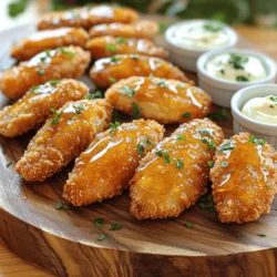 - 1 lb chicken breast, cut into strips - 1 cup buttermilk - 1 cup all-purpose flour - 1/2 cup cornmeal The chicken breast is the star of this dish. It gives a juicy bite with every crunch. Buttermilk is key for marinating. It makes the chicken tender and adds flavor. The flour and cornmeal mix creates the perfect crispy coating. - 1 tablespoon garlic powder - 1 tablespoon onion powder - 1 teaspoon paprika - 1 teaspoon black pepper - 1 teaspoon salt - 1/2 teaspoon cayenne pepper (optional for heat) This blend of seasonings adds depth. Garlic powder and onion powder give a savory touch. Paprika adds a hint of smokiness. Black pepper and salt enhance all the flavors. If you like spice, add cayenne pepper for heat. - 1/4 cup honey - 2 tablespoons soy sauce - Oil for frying Honey brings sweetness to balance the savory chicken. Soy sauce adds a nice umami kick. For frying, use oil with a high smoke point. This ensures the chicken gets crispy without burning. For the full recipe, check out the details above. Start by taking your chicken strips and placing them in a bowl. Pour in the buttermilk, making sure each piece is well-coated. Cover the bowl with plastic wrap. Let the chicken marinate in the fridge for at least 30 minutes. This step makes the chicken tender and juicy. While the chicken marinates, grab another bowl. Here, mix together the flour, cornmeal, garlic powder, onion powder, paprika, black pepper, salt, and cayenne pepper if you want some heat. Stir until everything is combined. Once your chicken is done marinating, take it out of the fridge. Let any extra buttermilk drip off. Dredge each chicken strip in the flour mixture. Press gently to make sure the coating sticks well. Now it's time to fry! Heat oil in a deep skillet or frying pan. Aim for a temperature of about 350°F (175°C). Fry the chicken tenders in small batches. Each batch should cook for about 4 to 5 minutes on each side. Look for a nice golden brown color. Once cooked, remove the tenders and place them on paper towels. This will help drain any excess oil. For the final touch, gently heat honey and soy sauce together. Drizzle or toss the warm mixture over the crispy chicken tenders. Enjoy this delicious dish! You can find the full recipe for Crispy Honey Chicken Tenders above. To get your chicken tenders extra crispy, focus on the coating. Here are a few tips: - Use a mix of flour and cornmeal. This combo gives a nice crunch. - Press the coating onto the chicken. This helps it stick better. - Fry in small batches. This keeps the oil hot and crispy. Adjust the frying time based on thickness. Thicker strips need a bit more time. Aim for about 4-5 minutes per side. Watch for a golden color. That’s when they are done! Buttermilk is magic for chicken. It tenderizes the meat and adds flavor. The acid in buttermilk breaks down proteins. This makes the chicken juicy and soft. If you don’t have buttermilk, no worries! You can use plain yogurt or milk mixed with a bit of lemon juice. These alternatives also work well. Presentation matters! Arrange the crispy chicken tenders on a nice platter. Sprinkle some chopped parsley on top for color. Serve with dipping sauces like ranch or spicy aioli. These sauces complement the honey flavor nicely. You can also try a sweet chili sauce for a fun twist. Enjoy your meal! {{image_2}} You can make your crispy honey chicken tenders even tastier. Start by adding spices to the coating mix. Try some cayenne pepper for heat or smoked paprika for a rich flavor. You can also add Italian herbs like oregano and basil. These spices will give your tenders a unique twist. Next, think about the honey sauce. Instead of plain honey, infuse it with flavors. Add garlic or ginger to the honey as it heats. You can also mix in a splash of lime juice for a zesty kick. This gives a fresh taste that pairs well with chicken. If you want a lighter meal, bake the chicken instead of frying it. Preheat your oven to 400°F (200°C). Place the coated chicken strips on a baking sheet. Spray them lightly with oil and bake for 20-25 minutes. This method keeps the taste and cuts down on fat. You can also swap all-purpose flour for healthier options. Whole wheat flour adds nutrients and fiber. Almond flour gives a nutty flavor and is gluten-free. Both options work well in the coating and keep your tenders crispy. Make these chicken tenders kid-friendly by adjusting spice levels. Skip the cayenne pepper if your kids don’t like heat. Stick to garlic powder and onion powder for flavor without spice. You can also serve these tenders with colorful veggies or fruit. Carrot sticks, cucumber slices, or apple wedges are great sides. They add nutrition and make the meal fun. Kids enjoy dipping, so provide a tasty sauce for them to use! For the full recipe, check out the Crispy Honey Chicken Tenders section. To keep your crispy honey chicken tenders fresh, use airtight containers. Glass or plastic containers work great. Make sure they cool down to room temperature. Store them in the fridge for up to three days. This way, you can enjoy them later without losing flavor. When reheating, the oven is best. Preheat it to 350°F (175°C). Place the tenders on a baking sheet. Heat for about 10-15 minutes. This keeps them crispy. The microwave is quicker but may make them soggy. If you use it, heat in short bursts. Check often to avoid overcooking. You can freeze chicken tenders for future meals. Wrap them tightly in plastic wrap. Then, place them in a freezer-safe bag. Remove as much air as possible. They can stay in the freezer for up to two months. When ready to eat, thaw in the fridge overnight before reheating. For the detailed recipe, check out the Full Recipe. To make crispy chicken tenders, follow these key steps: 1. Marinate the chicken strips in buttermilk for at least 30 minutes. This adds flavor and helps the coating stick. 2. Prepare a coating by mixing flour, cornmeal, and spices. This mix gives the tenders their crunch. 3. Dredge the chicken in the coating. Make sure each piece is well-covered for maximum crispiness. 4. Heat oil in a skillet until it reaches about 350°F (175°C). This hot oil creates that golden crust. 5. Fry the tenders in batches. Cook them for about 4-5 minutes on each side. Drain excess oil on paper towels. These steps ensure a deliciously crispy result that you and your family will love! Yes, you can use chicken thighs instead of chicken breast. Thighs have more fat and flavor, making them juicy. They also stay tender even when cooked longer. Just cut the thighs into strips like you would with the breast. The cooking time remains the same, so they will still turn out crispy and tasty. Some great dips for crispy honey chicken tenders include: - Ranch dressing: Creamy and cool, it balances the sweetness of the honey. - Honey mustard: A mix of sweet and tangy that goes perfectly with chicken. - Spicy aioli: Adds a kick and pairs well with the crispy texture. - Barbecue sauce: A classic choice that adds smoky flavor. These dips enhance the dish and make it even more enjoyable! To check if chicken tenders are cooked, look for these signs: - The chicken should be golden brown on the outside. - Cut one open to see if the meat is white and juices run clear. - The internal temperature should reach 165°F (74°C). Use a meat thermometer for accuracy. These tips help ensure that your chicken tenders are safe to eat and delicious! This post covered how to make crispy honey chicken tenders. We discussed main ingredients like chicken breast and buttermilk and various seasonings. You learned step-by-step instructions, tips for extra crispiness, and variations to cater to tastes. Remember, you can always adjust flavors and cooking methods to suit your style. With practice, you will master this dish, making it a favorite for any meal. Enjoy creating your perfect chicken tenders!