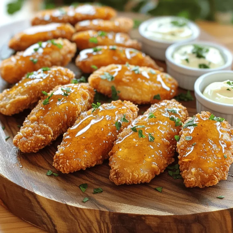 - 1 lb chicken breast, cut into strips - 1 cup buttermilk - 1 cup all-purpose flour - 1/2 cup cornmeal The chicken breast is the star of this dish. It gives a juicy bite with every crunch. Buttermilk is key for marinating. It makes the chicken tender and adds flavor. The flour and cornmeal mix creates the perfect crispy coating. - 1 tablespoon garlic powder - 1 tablespoon onion powder - 1 teaspoon paprika - 1 teaspoon black pepper - 1 teaspoon salt - 1/2 teaspoon cayenne pepper (optional for heat) This blend of seasonings adds depth. Garlic powder and onion powder give a savory touch. Paprika adds a hint of smokiness. Black pepper and salt enhance all the flavors. If you like spice, add cayenne pepper for heat. - 1/4 cup honey - 2 tablespoons soy sauce - Oil for frying Honey brings sweetness to balance the savory chicken. Soy sauce adds a nice umami kick. For frying, use oil with a high smoke point. This ensures the chicken gets crispy without burning. For the full recipe, check out the details above. Start by taking your chicken strips and placing them in a bowl. Pour in the buttermilk, making sure each piece is well-coated. Cover the bowl with plastic wrap. Let the chicken marinate in the fridge for at least 30 minutes. This step makes the chicken tender and juicy. While the chicken marinates, grab another bowl. Here, mix together the flour, cornmeal, garlic powder, onion powder, paprika, black pepper, salt, and cayenne pepper if you want some heat. Stir until everything is combined. Once your chicken is done marinating, take it out of the fridge. Let any extra buttermilk drip off. Dredge each chicken strip in the flour mixture. Press gently to make sure the coating sticks well. Now it's time to fry! Heat oil in a deep skillet or frying pan. Aim for a temperature of about 350°F (175°C). Fry the chicken tenders in small batches. Each batch should cook for about 4 to 5 minutes on each side. Look for a nice golden brown color. Once cooked, remove the tenders and place them on paper towels. This will help drain any excess oil. For the final touch, gently heat honey and soy sauce together. Drizzle or toss the warm mixture over the crispy chicken tenders. Enjoy this delicious dish! You can find the full recipe for Crispy Honey Chicken Tenders above. To get your chicken tenders extra crispy, focus on the coating. Here are a few tips: - Use a mix of flour and cornmeal. This combo gives a nice crunch. - Press the coating onto the chicken. This helps it stick better. - Fry in small batches. This keeps the oil hot and crispy. Adjust the frying time based on thickness. Thicker strips need a bit more time. Aim for about 4-5 minutes per side. Watch for a golden color. That’s when they are done! Buttermilk is magic for chicken. It tenderizes the meat and adds flavor. The acid in buttermilk breaks down proteins. This makes the chicken juicy and soft. If you don’t have buttermilk, no worries! You can use plain yogurt or milk mixed with a bit of lemon juice. These alternatives also work well. Presentation matters! Arrange the crispy chicken tenders on a nice platter. Sprinkle some chopped parsley on top for color. Serve with dipping sauces like ranch or spicy aioli. These sauces complement the honey flavor nicely. You can also try a sweet chili sauce for a fun twist. Enjoy your meal! {{image_2}} You can make your crispy honey chicken tenders even tastier. Start by adding spices to the coating mix. Try some cayenne pepper for heat or smoked paprika for a rich flavor. You can also add Italian herbs like oregano and basil. These spices will give your tenders a unique twist. Next, think about the honey sauce. Instead of plain honey, infuse it with flavors. Add garlic or ginger to the honey as it heats. You can also mix in a splash of lime juice for a zesty kick. This gives a fresh taste that pairs well with chicken. If you want a lighter meal, bake the chicken instead of frying it. Preheat your oven to 400°F (200°C). Place the coated chicken strips on a baking sheet. Spray them lightly with oil and bake for 20-25 minutes. This method keeps the taste and cuts down on fat. You can also swap all-purpose flour for healthier options. Whole wheat flour adds nutrients and fiber. Almond flour gives a nutty flavor and is gluten-free. Both options work well in the coating and keep your tenders crispy. Make these chicken tenders kid-friendly by adjusting spice levels. Skip the cayenne pepper if your kids don’t like heat. Stick to garlic powder and onion powder for flavor without spice. You can also serve these tenders with colorful veggies or fruit. Carrot sticks, cucumber slices, or apple wedges are great sides. They add nutrition and make the meal fun. Kids enjoy dipping, so provide a tasty sauce for them to use! For the full recipe, check out the Crispy Honey Chicken Tenders section. To keep your crispy honey chicken tenders fresh, use airtight containers. Glass or plastic containers work great. Make sure they cool down to room temperature. Store them in the fridge for up to three days. This way, you can enjoy them later without losing flavor. When reheating, the oven is best. Preheat it to 350°F (175°C). Place the tenders on a baking sheet. Heat for about 10-15 minutes. This keeps them crispy. The microwave is quicker but may make them soggy. If you use it, heat in short bursts. Check often to avoid overcooking. You can freeze chicken tenders for future meals. Wrap them tightly in plastic wrap. Then, place them in a freezer-safe bag. Remove as much air as possible. They can stay in the freezer for up to two months. When ready to eat, thaw in the fridge overnight before reheating. For the detailed recipe, check out the Full Recipe. To make crispy chicken tenders, follow these key steps: 1. Marinate the chicken strips in buttermilk for at least 30 minutes. This adds flavor and helps the coating stick. 2. Prepare a coating by mixing flour, cornmeal, and spices. This mix gives the tenders their crunch. 3. Dredge the chicken in the coating. Make sure each piece is well-covered for maximum crispiness. 4. Heat oil in a skillet until it reaches about 350°F (175°C). This hot oil creates that golden crust. 5. Fry the tenders in batches. Cook them for about 4-5 minutes on each side. Drain excess oil on paper towels. These steps ensure a deliciously crispy result that you and your family will love! Yes, you can use chicken thighs instead of chicken breast. Thighs have more fat and flavor, making them juicy. They also stay tender even when cooked longer. Just cut the thighs into strips like you would with the breast. The cooking time remains the same, so they will still turn out crispy and tasty. Some great dips for crispy honey chicken tenders include: - Ranch dressing: Creamy and cool, it balances the sweetness of the honey. - Honey mustard: A mix of sweet and tangy that goes perfectly with chicken. - Spicy aioli: Adds a kick and pairs well with the crispy texture. - Barbecue sauce: A classic choice that adds smoky flavor. These dips enhance the dish and make it even more enjoyable! To check if chicken tenders are cooked, look for these signs: - The chicken should be golden brown on the outside. - Cut one open to see if the meat is white and juices run clear. - The internal temperature should reach 165°F (74°C). Use a meat thermometer for accuracy. These tips help ensure that your chicken tenders are safe to eat and delicious! This post covered how to make crispy honey chicken tenders. We discussed main ingredients like chicken breast and buttermilk and various seasonings. You learned step-by-step instructions, tips for extra crispiness, and variations to cater to tastes. Remember, you can always adjust flavors and cooking methods to suit your style. With practice, you will master this dish, making it a favorite for any meal. Enjoy creating your perfect chicken tenders!