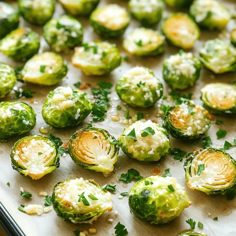 - 1 lb Brussels sprouts, trimmed and halved - 3 tablespoons olive oil - 4 cloves garlic, minced - 1/2 cup grated Parmesan cheese - 1 teaspoon garlic powder - 1 teaspoon paprika - Salt and pepper to taste - Fresh parsley, chopped (for garnish) Alternative oils to use: You can switch olive oil for avocado or coconut oil. Both add their unique flavors. Dairy-free cheese options: If you want a vegan version, try nutritional yeast or plant-based cheese. They give a nice cheesy taste without dairy. Fresh vs. dried herbs: Fresh parsley adds a bright touch. Dried herbs can work too, but fresh is best for flavor. Using the right ingredients makes a big difference. Each one adds to the taste and texture. The Brussels sprouts become crispy and golden, thanks to the oil and careful roasting. Garlic gives a punch, while Parmesan adds richness. The paprika adds warmth and a hint of smokiness. In a pinch, feel free to adjust these ingredients. Cooking should be fun and flexible. Check out the Full Recipe for all the steps and details. Preheating the oven Start by preheating your oven to 400°F (200°C). This step is key for crisp, roasted Brussels sprouts. Preparing Brussels sprouts Take 1 pound of Brussels sprouts, trim off the ends, and cut them in half. Rinse them well and pat them dry with a towel. This helps them roast better and get crispy. Tossing ingredients together In a large bowl, combine the halved Brussels sprouts with 3 tablespoons of olive oil, 4 minced garlic cloves, 1 teaspoon of garlic powder, 1 teaspoon of paprika, and salt and pepper to taste. Toss until every sprout gets a nice coating. This is where the flavor starts to build! Arranging on the baking sheet Spread the coated Brussels sprouts in a single layer on a parchment-lined baking sheet. Make sure they are not crowded. This allows them to roast evenly and turn golden brown. Adding Parmesan After roasting for about 20 minutes, remove the baking sheet from the oven. Sprinkle 1/2 cup of grated Parmesan cheese over the hot Brussels sprouts. The cheese will melt and create a delicious crust. Garnishing with parsley Once the cheese is melted, take out the sprouts and let them cool for a minute. Finish by garnishing with fresh, chopped parsley. This adds a pop of color and freshness to your dish. For the full recipe, check the details above! To make your Brussels sprouts crispy, start with a dry surface. Wet sprouts lead to soggy bites. Trim and halve them, then toss with olive oil and seasonings. Spread them evenly on your baking sheet. Avoid crowding; give them space to breathe and crisp up. For the best flavor, roast them until they turn golden brown. Stir halfway to ensure even cooking. These Brussels sprouts shine as a side dish. They pair well with roasted chicken or grilled steak. You can also toss them in a fresh salad with nuts and cheese. Serve them as an appetizer with a dip. Their texture and flavor make them a hit at parties. I recommend using a sturdy baking sheet lined with parchment paper. This helps with easy cleanup and prevents sticking. A good mixing bowl is essential for tossing your ingredients. Use a sharp knife for cutting the sprouts, and a sturdy cutting board for safety. For exact cooking, a digital thermometer can help check doneness. Check out the Full Recipe for more details. {{image_2}} You can spice up your Garlic Parmesan Roasted Brussels Sprouts in fun ways. Try adding chili flakes for heat. This gives a nice kick. You can also use Italian seasoning. This adds depth and flavor. For a crunch, think about nuts or seeds. Pine nuts or sunflower seeds work great. They add texture and taste. You can make Brussels sprouts in different ways. Air frying them gives a crispy finish. Just toss them with olive oil and spices, then air fry at 375°F for 15 minutes. They turn out golden and delicious. Grilling is another option. Toss the sprouts in olive oil and spices, then grill them for about 10 minutes. The smoky flavor really shines. Do not be afraid to mix in seasonal vegetables. Carrots or sweet potatoes can pair well. Adjust your dish for holiday meals too. Add cranberries for a festive touch. This adds color and sweetness, making it perfect for gatherings. Always think about what is fresh and in season. It makes your dish even better. For more details, check the Full Recipe to explore these ideas! After enjoying your Garlic Parmesan Roasted Brussels sprouts, store leftovers in the fridge. Place them in an airtight container to keep them fresh. I recommend using glass containers, as they don’t absorb odors. You can also use plastic containers if they seal well. Leftovers will stay good for about three days. To reheat your Brussels sprouts, use an oven or an air fryer. Preheat your oven to 350°F (175°C) and spread the sprouts on a baking sheet. Heat them for about 10 minutes or until hot. If using an air fryer, set it to 350°F (175°C) and cook for 5 to 7 minutes. This keeps the Brussels sprouts crispy. Avoid using a microwave, as it makes them soggy. You can freeze cooked Brussels sprouts, but they lose some texture. Allow them to cool completely first. Place them in a freezer-safe bag or container. Make sure to remove as much air as possible. They can last up to three months in the freezer. To thaw, move them to the fridge overnight. Reheat in the oven or air fryer for the best results. Enjoy your flavorful dish again! For the full recipe, check the earlier section. Can I use frozen Brussels sprouts? Yes, you can use frozen Brussels sprouts. However, fresh sprouts give a better texture. If you use frozen ones, thaw them first. Then, pat them dry to remove excess moisture. This helps achieve a nice crisp when roasting. How do I cut Brussels sprouts properly? To cut Brussels sprouts, start by trimming off the tough stem. Then, cut each sprout in half lengthwise. If you have large sprouts, you may want to quarter them. This ensures even cooking and helps them roast well. Can I make this dish without cheese? Absolutely! You can make this dish without cheese. Just skip the Parmesan and add more garlic. A sprinkle of nutritional yeast can add a cheesy flavor. You can also try a vegan cheese alternative if you want a similar taste. What are some vegan alternatives? For a vegan version, use olive oil and garlic as your base. Instead of Parmesan, use nutritional yeast or a dairy-free cheese. You can also add nuts or seeds for extra crunch and flavor. Calorie count per serving Each serving of Garlic Parmesan Roasted Brussels Sprouts has about 150 calories. This can vary based on the amount of oil and cheese used. Health benefits of Brussels sprouts and garlic Brussels sprouts are high in vitamins C and K. They also provide fiber, which helps digestion. Garlic has many benefits, too! It can boost your immune system and add flavor without extra salt. Both ingredients make this dish tasty and good for you. In this post, we explored how to make crispy, flavorful Brussels sprouts. We covered key ingredients, helpful tips, and various cooking methods. You learned smart ways to store and reheat Brussels sprouts, ensuring they stay tasty. Brussels sprouts can be a delicious side or appetizer at any meal. Experiment with flavors and techniques to find your favorite way to enjoy them. Happy cooking!