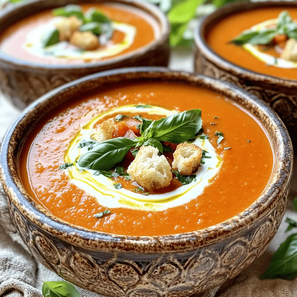 - 2 tablespoons olive oil - 1 medium onion, diced - 3 cloves garlic, minced - 2 cans (14 oz each) diced tomatoes (or 4 cups fresh tomatoes, chopped) - 2 cups vegetable broth - 1 cup heavy cream (or coconut cream for a dairy-free option) - 1/4 cup fresh basil, chopped - 1 teaspoon sugar (optional, to balance acidity) - Salt and pepper to taste - Croutons and additional basil for garnish The first step in making creamy tomato basil soup is gathering your ingredients. Each item plays a crucial role in building rich, tasty flavors. Olive oil gives the soup a nice base. I always choose good quality oil. The onion adds sweetness and depth. Diced tomatoes bring acidity and brightness. I often use canned tomatoes for ease, but fresh tomatoes work too. The vegetable broth adds a savory touch. Heavy cream makes the soup rich and creamy. For a lighter option, coconut cream is a fantastic choice. Fresh basil gives the soup its signature flavor. A little sugar can help balance the acidity if needed. Finally, salt and pepper bring everything together. - Calories per serving: Approximately 350 calories - Breakdown of macronutrients: - Carbohydrates: 25g - Protein: 6g - Fat: 24g Knowing the nutritional value helps you make informed choices. This soup packs a hearty flavor while still providing good energy. Enjoy it as a meal or a starter! You can find the full recipe linked to create your own version. 1. Start by heating the olive oil in a large pot over medium heat. 2. Add the diced onion and sauté for about 5 minutes. The onion should become soft and clear. 3. Next, stir in the minced garlic. Cook for about 1 minute. Watch it closely so it does not burn. 4. Pour in the diced tomatoes and their juices, along with the vegetable broth. 5. If you want, add 1 teaspoon of sugar. This will help balance the tomato's acidity. 6. Bring the mixture to a low boil. Then, lower the heat and let it simmer. Let it cook for about 15 to 20 minutes. This helps the flavors combine well. 7. For a smooth soup, use an immersion blender. Blend until the soup is creamy. If you do not have one, transfer the soup to a blender. Blend in small batches and be careful with the hot liquid. 8. If you used a blender, pour the soup back into the pot. Now, stir in the heavy cream or coconut cream. Heat this on low for about 5 minutes. 9. Toss in the fresh chopped basil. Add salt and pepper to taste. Let it cook for another 2 minutes. 10. Serve the soup hot. Garnish with croutons and some extra basil. - The total cooking time for this creamy tomato basil soup is about 40 minutes. - If you want a thicker soup, let it simmer a bit longer. For a thinner soup, add more broth. Using an immersion blender makes this process easier. It cuts down on mess and saves time. You can blend the soup right in the pot. Just be careful not to splash yourself! If you prefer, you can also use a regular blender. Just remember to let the soup cool slightly before blending. This keeps you safe from burns. Enjoy your creamy tomato basil soup! To make your creamy tomato basil soup extra tasty, try these tips: - Add a pinch of red pepper flakes for heat. - Use fresh basil for a bright flavor. - Roast the garlic before adding it to deepen the taste. - Sauté the onions until they caramelize for a sweeter base. Balancing acidity is key in a tomato soup. If your soup tastes too tangy, add one teaspoon of sugar. It can smooth out sharp flavors. This little trick works wonders with canned tomatoes, which can sometimes be more acidic. Presentation matters, even for soup! Here are some ideas: - Serve in rustic bowls for a cozy feel. - Drizzle extra cream on top for a pretty swirl. - Add a sprig of fresh basil for a pop of color. - Top with homemade croutons for a crunchy bite. For sides, pair your soup with grilled cheese or a fresh salad. This makes for a warm and comforting meal. Enjoy every bite! {{image_2}} If you want a dairy-free soup, you can use coconut cream instead of heavy cream. It adds a nice richness. Other options include cashew cream or almond milk for a lighter version. Both will keep the soup creamy and tasty. Just blend soaked cashews with water until smooth. This way, you can enjoy a creamy texture without dairy. You can boost the soup with extra veggies or proteins. Try adding spinach or kale for greens. Carrots or bell peppers will add sweetness and color. If you want protein, consider adding cooked chicken or white beans. Both will make the soup heartier. Remember to adjust the cooking time slightly if you add raw proteins. Using seasonal ingredients can change the soup's flavor. In summer, add fresh corn or zucchini for sweetness. In fall, consider roasted butternut squash for a warm taste. You can also use herbs like thyme or oregano when basil is not in season. This keeps the soup fresh and exciting throughout the year. For the full recipe, check out the Creamy Tomato Basil Bliss section. To store leftovers, let the soup cool first. Pour it into an airtight container. Seal it tightly to avoid air exposure. You can keep it in the fridge for up to four days. This soup tastes even better the next day as the flavors mix. To freeze the soup, cool it completely before packing it. Use freezer-safe containers or bags. Leave some space at the top, as the soup will expand. You can freeze it for up to three months. Thaw it overnight in the fridge before reheating. The best way to reheat the soup is on the stove. Pour the soup into a pot over medium heat. Stir often to prevent sticking. You can also use a microwave in a safe bowl. Heat in short bursts and stir in between. Always check that it is hot throughout before serving. Enjoy with fresh croutons or a sprinkle of basil! To make creamy tomato basil soup, follow these simple steps: 1. Heat olive oil in a large pot. 2. Add diced onion and sauté for 5 minutes. 3. Stir in minced garlic for 1 minute. 4. Pour in diced tomatoes and vegetable broth. 5. Bring to a low boil, then simmer for 15-20 minutes. 6. Blend the soup until smooth. 7. Add heavy cream and stir. 8. Mix in fresh basil and season. 9. Serve hot with croutons. This process gives you a rich and tasty soup with great texture. Use an immersion blender to keep it easy. If you want a creamy touch, heavy cream works best, but coconut cream is a great dairy-free choice. Check out the Full Recipe for more details! Yes, you can use fresh tomatoes! Fresh tomatoes add a bright taste, but canned ones are more convenient. When using fresh tomatoes: - Choose ripe, juicy ones for the best flavor. - You will need about 4 cups of chopped fresh tomatoes. - Remove the skins for a smooth soup, if desired. Fresh tomatoes need longer cooking time to soften. This can make your soup taste sweeter and fresher. Canned tomatoes are great for a quick meal and often taste good. Creamy tomato basil soup pairs well with many dishes. Here are some great options: - Grilled cheese sandwiches for a classic combo. - Crusty bread to soak up the soup. - A fresh salad for a light side. - Garlic bread for an extra touch of flavor. These pairings complement the soup's creamy texture and rich taste. Enjoy your meal with a balanced plate! In this blog post, I shared a simple recipe for creamy tomato basil soup. You learned about the key ingredients, including olive oil, garlic, and fresh basil. I also explained cooking steps, tips for flavor, and how to store leftovers. With this knowledge, you can make a tasty soup that suits your taste. Enjoy creating your own variations too!