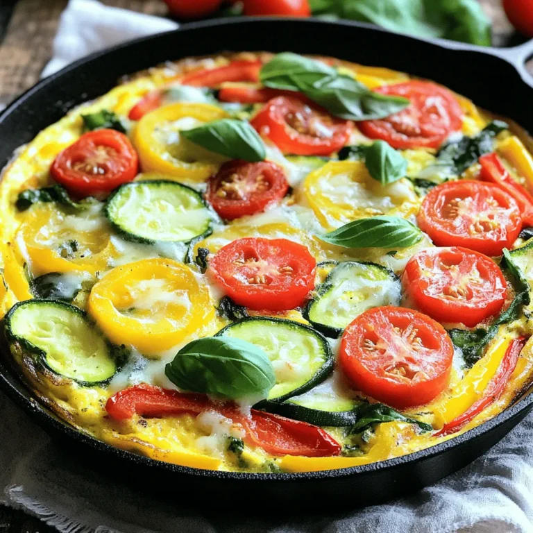 Creating a delicious vegetable frittata starts with fresh and vibrant ingredients. Here’s what you need: - 6 large eggs - 1 cup bell peppers (red, yellow, and green), diced - 1 cup baby spinach, chopped - 1 small zucchini, grated - 1/2 cup cherry tomatoes, halved - 1/2 cup onion, finely chopped - 1/4 cup milk (or plant-based milk) - 1 teaspoon garlic powder - 1 teaspoon Italian seasoning - Salt and pepper to taste - 1/2 cup shredded cheese (cheddar or mozzarella) - Olive oil for sautéing These ingredients make the base of your frittata. The eggs provide protein, while the veggies add color and nutrients. You can use any mix of bell peppers you like. Zucchini adds moisture, and spinach gives extra vitamins. The garlic powder and Italian seasoning bring flavor. For extra creaminess, the cheese is key. I recommend using fresh eggs for the best taste. If you want to make it vegan, you can replace the eggs with a mix of silken tofu and chickpea flour. This way, you still get that fluffy texture. To enhance the dish, feel free to mix in your favorite herbs or spices. Fresh herbs like basil or parsley can brighten the frittata. You can find the full recipe at the end of this article. Happy cooking! - Preheat the oven to 375°F (190°C). - In a large bowl, whisk together 6 eggs and 1/4 cup milk. Add garlic powder, Italian seasoning, salt, and pepper. - Chop 1 cup of bell peppers, 1 small zucchini, and 1/2 cup onion. Halve 1/2 cup cherry tomatoes and chop 1 cup baby spinach. - In an oven-safe skillet, heat a drizzle of olive oil over medium heat. - Sauté the chopped onion for 3-4 minutes until it turns translucent. - Add the diced bell peppers and grated zucchini. Cook for 2-3 minutes until soft. - Stir in the spinach and halved cherry tomatoes, cooking until the spinach wilts, about 1-2 minutes. - Pour the egg mixture over the veggies in the skillet, ensuring even coverage. - Cook on the stovetop for about 2-3 minutes. Lift the edges gently with a spatula. - Once the edges set but the center is runny, sprinkle 1/2 cup of shredded cheese on top. - Transfer the skillet to the oven and bake for 15-20 minutes until puffed and set in the center. - Check with a toothpick; it should come out clean. - Remove from the oven and let it cool for a few minutes. Slice and serve warm. For the full recipe, check out the details above! To prevent sticking in the skillet, always use a good amount of olive oil. Heat the oil over medium heat before adding the vegetables. This makes sure they won’t stick. Using a non-stick or cast iron skillet also helps. For even cooking of the frittata, stir the vegetables well. Mix them evenly in the skillet before adding the egg mixture. When pouring the eggs, try to make sure they cover all the veggies. This helps everything cook properly. To boost flavor, consider adding spices like paprika or cumin. Fresh herbs like basil and parsley work well too. They bring a fresh taste that brightens the dish. For added creaminess, choose cheese that melts well. Cheddar and mozzarella are great options. You can even mix different cheeses for a unique taste. To present the frittata nicely, slice it into wedges. Arrange the slices on a platter. Garnish with fresh herbs to add color. A side salad makes a perfect pairing for a meal. You can also serve it with crusty bread or a light soup. This adds variety and makes the meal feel complete. For the full recipe, check out the details above. {{image_2}} You can easily change the vegetables. Seasonal veggies add great taste and color. Use mushrooms, asparagus, or kale for fun twists. If you want a vegan frittata, swap eggs for chickpea flour. Mix chickpea flour with water to form a batter. Add spices, just like in the original recipe. This keeps the frittata light and fluffy. For a Mediterranean twist, use ingredients like sun-dried tomatoes and olives. Add fresh herbs, like oregano or thyme, for that extra flavor. You can also try a Southwest version. Use black beans, corn, and spicy peppers. Top it off with avocado for creaminess. Each variation brings a new taste to your table. After making your vegetable frittata, let it cool to room temperature. Then, store it in the fridge. Use an airtight container to keep it fresh. It will last about 3 to 4 days. If you want to keep it longer, freeze the frittata. Cut it into portions for easy serving later. Wrap each piece in plastic wrap and then place them in a freezer bag. It can stay frozen for up to 2 months. To reheat your frittata, use the oven or a microwave. If using the oven, preheat it to 350°F (175°C). Place the frittata on a baking sheet and cover it with foil. Heat for about 15-20 minutes. This method helps keep the frittata moist. If you prefer the microwave, place a slice on a microwave-safe plate. Cover it with a damp paper towel. Heat for 1-2 minutes, checking to avoid drying it out. Always check the frittata's temperature before serving. It should be hot all the way through. Enjoy your delicious dish, even as a leftover! For the full recipe, refer back to the main recipe section. How long can I store leftover frittata? You can store leftover frittata in the fridge for about 3 to 4 days. Keep it in an airtight container. It stays fresh and tasty for several days. Can I make a frittata ahead of time? Yes, you can make a frittata ahead of time. Just follow the full recipe, let it cool, and store it in the fridge. This makes for easy meals during the week. What vegetables work best in a frittata? Many vegetables work great in a frittata. Good choices include: - Bell peppers - Spinach - Zucchini - Onions - Tomatoes Feel free to mix and match based on what you like. Can I substitute eggs in this recipe? Yes, you can use egg substitutes like flax eggs or chickpea flour. These options are great for those avoiding eggs. What tools do I need for making frittata? You need a few simple tools: - A large bowl for mixing - A whisk or fork - An oven-safe skillet - A spatula for lifting edges These tools help make the process easy and fun. How do I know when the frittata is fully cooked? The frittata is done when it looks puffy and set in the middle. A toothpick inserted should come out clean. Is it possible to make frittata without an oven? Yes, you can make a frittata on the stovetop only. Just cook it on low heat with a lid until set. This works if you don’t have an oven. This blog post covered making a delicious frittata. We explored the main ingredients needed and shared step-by-step instructions. I also provided tips for cooking techniques and flavor enhancements. You learned about ingredient substitutions and regional variations too. In the end, a frittata is a flexible dish that you can customize. Whether for brunch or a quick meal, it's perfect for any occasion. Enjoy your cooking and let your creativity shine!