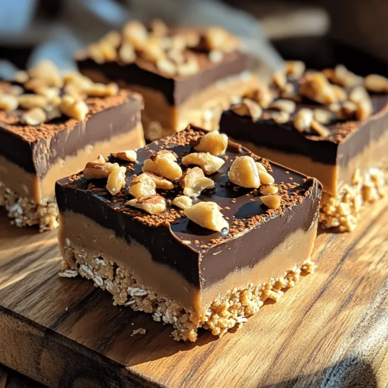 - 1 cup rolled oats - 1 cup natural peanut butter - 1/2 cup honey or maple syrup - 1/2 cup unsweetened cocoa powder - 1/4 cup coconut oil, melted - 1/2 tsp vanilla extract - Pinch of salt - 1/2 cup dark chocolate chips (optional dairy-free) - 1/4 cup chopped nuts (optional, for topping) To make these no-bake chocolate peanut butter bars, you need simple and tasty ingredients. First, get rolled oats for a hearty base. Then, use natural peanut butter to add that creamy, nutty flavor. Honey or maple syrup will give the bars a sweet touch. Unsweetened cocoa powder adds rich chocolate taste without extra sugar. Coconut oil is key for binding. It also gives a nice texture. A splash of vanilla extract enhances the flavor. A pinch of salt balances the sweetness. If you love chocolate, add dark chocolate chips on top. They make the bars extra special. For some crunch, sprinkle chopped nuts over the chocolate layer. Every ingredient plays a role in flavor and texture. Each bite should be a mix of sweet, nutty, and chocolatey. This is why I love this recipe. It is easy, quick, and so satisfying. You can find the full recipe in the article to guide you step by step. - Combine all dry and wet ingredients in a mixing bowl. - Line the baking pan with parchment paper. - Press the mixture into the pan. To start, grab a large mixing bowl. Add rolled oats, peanut butter, honey or maple syrup, cocoa powder, melted coconut oil, vanilla extract, and a pinch of salt. You want to mix these until they blend well and form a thick dough. This dough should be sticky but not too wet. Next, take an 8x8 inch baking pan and line it with parchment paper. Make sure to leave some overhang on the sides. This will help you lift the bars out later. After that, transfer your mixture into the pan. Press it down firmly with a spatula or your hands. It should be packed tightly and evenly across the bottom. - Melt dark chocolate chips in the microwave. - Pour and spread melted chocolate over the bars. Now, it’s time for the chocolate! Use a microwave-safe bowl to melt the dark chocolate chips. Heat them in 30-second intervals, stirring after each time until smooth. Be careful not to burn the chocolate. Once melted, pour the chocolate over the pressed oat mixture. Use a spatula to spread the chocolate evenly across the top. - Refrigerate until firm. - Lift and cut into squares or bars. After spreading the chocolate, place the pan in the refrigerator. Let it chill for about 2 hours. This will help the bars set and become firm. When they are ready, lift the bars out using the parchment paper overhang. Cut them into squares or bars as you like. Enjoy your delicious no-bake chocolate peanut butter bars! For the full recipe, check out the recipe section. To keep your no-bake chocolate peanut butter bars fresh, store them in the fridge. I recommend using an airtight container. This method prevents them from drying out and keeps them tasty. They stay fresh for up to two weeks. If you freeze them, they can last up to three months. When serving these bars, presentation matters. Place them on a wooden board. A light dusting of cacao powder adds a nice touch. You can also drizzle extra melted chocolate on top for flair. For a delightful pairing, serve them with a glass of cold almond milk. This combo enhances the rich flavors and makes a perfect treat. Be careful not to overmix the ingredients. This can make your bars tough and chewy. Mix just until everything is combined. Another mistake is not pressing the mixture firmly enough into the pan. Make sure to pack it tightly to ensure the bars hold their shape when cut. Following these tips will help you make the best no-bake chocolate peanut butter bars! For the full recipe, refer back to the section above. {{image_2}} You can switch honey for agave syrup. This change keeps the bars sweet and smooth. For those who need sugar-free options, use a sugar substitute like stevia. These swaps make it easy to enjoy the bars without extra sugar. Want to spice things up? Try adding a pinch of cinnamon or nutmeg. These spices give the bars a warm taste that’s hard to resist. You can also mix in shredded coconut or dried fruits. These add texture and a hint of tropical flavor that will surprise your taste buds. If you want to make the recipe gluten-free, use gluten-free oats. They work just as well and keep the bars tasty. For a vegan option, choose dairy-free chocolate and a plant-based sweetener. This way, everyone can enjoy these treats. To keep your bars fresh, use an airtight container. Glass or plastic containers work well. Place parchment paper between layers to prevent sticking. If you want to store them longer, you can freeze them. Cut the bars into pieces and wrap each in plastic wrap. Then, place them in a freezer bag. They will stay fresh for about three months in the freezer. Look for changes in color or texture. If your bars become dry or crumbly, it’s time to toss them. Fresh bars last about one week in the fridge. If you see any mold, that’s a clear sign to discard them. Always check for an off smell, which can mean spoilage. Got leftover bars? Crumble them on top of yogurt for a tasty breakfast. You can also mix them into ice cream for a fun dessert. Another idea is to blend crumbled bars into smoothies for added flavor and energy. They can add a delicious twist to many recipes! Yes, you can use crunchy peanut butter. The bars will have a different texture. Some people love the extra crunch. If you enjoy a bit of texture, go for it! Just keep in mind that it may change the mouthfeel slightly. To make the bars vegan, replace honey with maple syrup. Use dairy-free chocolate chips. This keeps the bars creamy and sweet without animal products. You can also check for vegan-friendly coconut oil. Absolutely! You can try almond, cashew, or sunflower seed butter. Each nut butter brings a unique taste. Almond butter gives a nutty flavor, while sunflower seed butter is great for nut allergies. Just make sure the texture is similar. The bars should feel firm to the touch. You can also poke them gently with a finger. If they spring back, they are ready. Refrigerate them for about two hours for the best results. Enjoy your delicious creation! You now have a simple and tasty recipe for no-bake chocolate peanut butter bars. We covered all the key ingredients, preparation steps, and a few tips to make it perfect. Remember, feel free to adjust sweeteners or add flavors that you like. The bars are easy to store and can last long if kept right. Enjoy making them and sharing with friends or family. You’ll impress everyone with your no-bake treats!