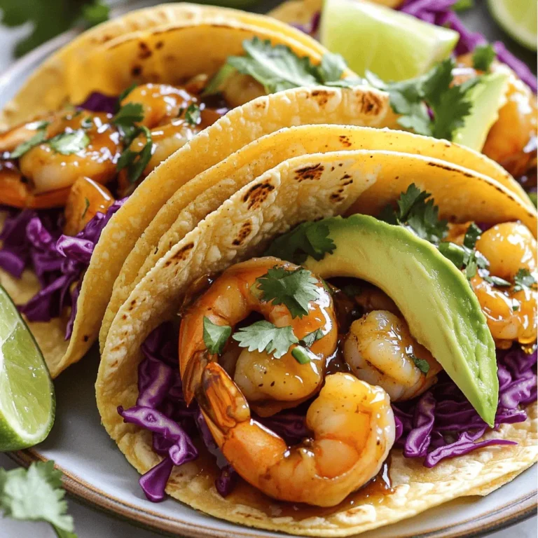 To make honey garlic shrimp tacos, you need fresh and simple ingredients. Here’s what you will need: - 1 pound shrimp, peeled and deveined - 3 tablespoons honey - 3 tablespoons soy sauce (or tamari for gluten-free) - 2 cloves garlic, minced - 1 teaspoon fresh ginger, grated - 1 tablespoon lime juice - 1 tablespoon olive oil - 8 corn tortillas - 1 cup shredded red cabbage - 1 avocado, sliced - 1/4 cup fresh cilantro, chopped - Lime wedges, for serving - Salt and pepper to taste These ingredients come together to create a fresh and tasty meal. The shrimp is the star of this dish, with honey giving it a sweet touch. The soy sauce or tamari adds a savory note, while garlic and ginger bring warmth and depth. Lime juice brightens the flavors, making every bite refreshing. Corn tortillas provide a soft base for the tacos. The crunchy cabbage and creamy avocado add texture. Fresh cilantro gives a burst of flavor. If you want to spice it up, consider adding chili or hot sauce as optional garnishes. This recipe is all about balance and flavor. To see the full recipe, check the section above. Marinating the Shrimp Start by mixing 3 tablespoons of honey, 3 tablespoons of soy sauce, 2 minced garlic cloves, 1 teaspoon of grated ginger, and 1 tablespoon of lime juice in a bowl. This creates a rich marinade. Add 1 pound of peeled and deveined shrimp to the bowl. Toss the shrimp until they are evenly coated. Let the shrimp marinate for 15 minutes. This step adds great flavor. Cooking the Shrimp Heat 1 tablespoon of olive oil in a large skillet over medium-high heat. Once the oil is hot, add the shrimp but keep the marinade for later. Cook the shrimp for 2 to 3 minutes until they turn pink and opaque. Remove the shrimp from the skillet and set them aside. In the same skillet, pour in the reserved marinade. Bring it to a simmer for about 2 minutes. This step thickens the sauce. Preparing the Marinade After simmering, return the shrimp to the skillet. Toss them in the sauce until they are fully coated and heated through. Season with salt and pepper to taste. This makes the shrimp even more flavorful. Warming the Tortillas Take 8 corn tortillas and warm them in a dry skillet. Heat each side for about 30 seconds until they become pliable. This step makes the tortillas soft and easy to fold. Layering Ingredients To assemble the tacos, place a few shrimp on each tortilla. Top them with 1 cup of shredded red cabbage and slices of 1 avocado. Add a sprinkle of 1/4 cup of fresh cilantro. This creates a colorful and tasty taco. Serving Suggestions Serve the tacos with lime wedges on the side. Squeezing fresh lime juice over the tacos enhances the flavor. Enjoy your delicious Honey Garlic Shrimp Tacos! For the full recipe, refer to the detailed instructions above. Perfectly Cooking Shrimp To cook shrimp right, use fresh or thawed shrimp. Heat your skillet over medium-high heat. Add olive oil and let it heat up. Place the shrimp in the skillet. Cook for 2-3 minutes until they turn pink and opaque. Avoid overcooking, or they will be tough. Remove them when done and set aside. Achieving the Right Sauce Consistency For a great sauce, use the marinade wisely. After cooking the shrimp, pour the reserved marinade into the same skillet. Bring it to a simmer for about 2 minutes. This reduces the sauce and thickens it nicely. It will coat the shrimp well when mixed back in. Pairing with Sides and Drinks These tacos go well with a fresh side salad or chips. You can serve them with lime wedges to add extra flavor. A light drink like sparkling water or a crisp white wine works great too. Presentation Ideas For a stunning presentation, stack the tacos on a colorful plate. Add a sprinkle of cilantro on top. Place lime wedges around the tacos. This makes a beautiful, inviting dish. Check the Full Recipe for more tips on making your meal shine! {{image_2}} Gluten-Free Options If you need gluten-free tacos, use tamari instead of soy sauce. This simple swap keeps the dish safe for those with gluten allergies. You can also choose corn tortillas, which are naturally gluten-free. This way, everyone can enjoy these tasty tacos. Dairy-Free Variations This recipe is already dairy-free, making it easy for those who avoid dairy. You don’t need to change anything for a dairy-free option. If you want a creamier texture, try using a dairy-free yogurt or avocado spread on your tacos. Adding Spice (Chili or Hot Sauce) If you love heat, add chili flakes or hot sauce to the marinade. This will give your shrimp a spicy kick. You can also mix in diced jalapeños for added flavor. Adjust the spice level to match your taste. Alternative Toppings Feel free to switch up the toppings on your tacos. Try adding sliced radishes for crunch or pickled onions for tang. You can also use a drizzle of sriracha or a sprinkle of queso fresco for extra flavor. Get creative with what you like! For the full recipe, check out the Honey Garlic Shrimp Tacos 🦐 section. To keep your honey garlic shrimp tacos fresh, store them properly. - Best Practices for Refrigeration Place leftover tacos in an airtight container. You can keep them in the fridge for up to two days. This helps lock in flavor and texture. It is best to store shrimp separate from tortillas. This way, tortillas stay soft and do not get soggy. - Freezing Instructions If you want to save them longer, you can freeze the shrimp. Wrap them tightly in plastic wrap, then place them in a freezer bag. They can last up to three months in the freezer. However, I don't recommend freezing the tortillas. They do not thaw well and can become tough. How do you reheat shrimp tacos? It’s easy! - How to Reheat Shrimp Tacos For best results, use a skillet. Heat it over medium heat. Add the shrimp and cook for about 2-3 minutes. Stir them gently until they are warm. If you have leftover tortillas, heat them in another skillet for 30 seconds on each side. This keeps them soft and pliable. Enjoy your tacos warm for the best taste! How to Make Honey Garlic Shrimp Tacos? To make honey garlic shrimp tacos, you need to start with fresh shrimp. Combine honey, soy sauce, garlic, ginger, and lime juice in a bowl. Toss the shrimp in this mix and let them marinate for 15 minutes. Next, heat olive oil in a skillet and cook the shrimp until pink. Use the leftover marinade to add flavor. Warm corn tortillas and assemble your tacos with shrimp, cabbage, avocado, and cilantro. For the full recipe, check out the details above. Can I use frozen shrimp? Yes, you can use frozen shrimp. Just make sure to thaw them before cooking. Place frozen shrimp in a bowl of cold water for about 15-20 minutes. Once thawed, peel and devein them if needed. This way, you can enjoy tasty tacos even when short on fresh shrimp. What are good side dishes for shrimp tacos? Great side dishes for shrimp tacos include: - Black beans - Mexican rice - Corn salad - Grilled vegetables - Guacamole and chips These sides pair well with the sweet and savory flavors of the tacos. They add color and nutrition to your meal. Caloric Breakdown A serving of honey garlic shrimp tacos typically contains about 350-400 calories. This number can vary based on ingredients and portion sizes. Each taco packs protein from shrimp, healthy fats from avocado, and fiber from cabbage, making them a balanced choice. Allergens and Dietary Considerations These tacos contain shellfish and soy, which can trigger allergies in some people. For gluten-free options, use tamari instead of soy sauce. You can also make them dairy-free by avoiding any creamy toppings. Always check labels for allergens when trying new ingredients. You now know how to make delicious honey garlic shrimp tacos. We covered each ingredient, from shrimp to olive oil, and shared easy steps for marinating and cooking. We also provided tips for perfecting your dish and serving it well. Variations let you customize flavors and accommodate dietary needs. Remember to store leftovers properly and reheat them for the best taste. Enjoy crafting these tasty tacos and impressing your friends and family with your skills!