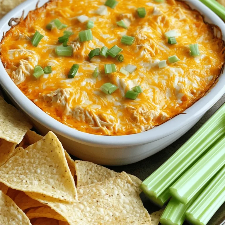 - 2 cups shredded cooked chicken - 1 (8 oz) package cream cheese, softened - 1/2 cup Greek yogurt - 1/2 cup buffalo sauce - 1/2 cup shredded cheddar cheese - 1/2 cup shredded mozzarella cheese - 1/4 cup green onions, chopped - Salt and pepper to taste When making Buffalo Chicken Dip, you want to use good chicken. Cook it well, then shred it. I prefer using rotisserie chicken for ease. The cream cheese adds a rich and creamy texture. Softened cream cheese mixes better, so take it out early. Greek yogurt gives a nice tang and makes it creamy. For the heat, choose your favorite buffalo sauce. Adjust it based on your spice level. The cheeses blend perfectly. Cheddar brings sharpness, while mozzarella adds stretchiness. Don’t forget the green onions for a fresh bite. Season with salt and pepper to make all the flavors pop. - Alternate cheeses or dairy-free options - Different types of hot sauce or seasoning blends - Additional toppings like bacon bits or ranch dressing Feel free to get creative! You can swap cheeses based on what you have. Try using gouda for a smoky flavor or a dairy-free cream cheese for a lighter dip. Changing the hot sauce can also change the dip’s taste. Want more crunch? Add bacon bits or a drizzle of ranch dressing on top. - Mixing bowls - Baking dish - Oven Gather your tools first. You’ll need a mixing bowl to combine all the ingredients. A baking dish is essential for cooking the dip. Make sure your oven is ready to go at 350°F (175°C). This dip cooks quickly, so you want everything in place. For the full recipe, check out Buffalo Chicken Bliss Dip. - Preheat the Oven: Set your oven to 350°F (175°C). - Mix Ingredients: In a large bowl, combine cream cheese, Greek yogurt, and buffalo sauce. Stir until the mix is smooth. - Fold in Ingredients: Gently add shredded chicken, cheddar cheese, mozzarella cheese, and half of the green onions. - Season: Add salt and pepper to taste. This step brings out the flavors. - Transfer Mixture: Pour the dip into an oven-safe baking dish. Spread it evenly. - Bake: Place the dish in the oven. Bake for 20-25 minutes until it bubbles and turns golden. You can find the full recipe above if you want to explore more! Enjoy your cooking! To make the best buffalo chicken dip, you can adjust the spice levels. If you like it mild, use less buffalo sauce. For a kick, add more sauce. Room temperature cream cheese works best. It mixes easier and gives a smooth texture. Tortilla chips, celery sticks, and veggie platters are perfect sides. They add crunch and freshness. For a fun touch, drizzle more buffalo sauce on top. This makes the dish look great and adds extra flavor. If you want more help, check out YouTube for video tutorials. Many cooking blogs also share tips and tricks for buffalo chicken dip. You can find lots of helpful content to guide you. {{image_2}} You can easily lighten up your dip. Use Greek yogurt instead of sour cream. This swap adds protein and creaminess. You can also choose low-fat or fat-free cheese. These options keep the flavor while cutting calories. Want a meat-free version? Try plant-based chicken substitutes. They work well in this dip. You can also try buffalo cauliflower for a tasty twist. It adds great flavor and a fun texture. To boost the taste, add garlic powder or onion powder. These spices add depth to the dip. You can also experiment with different hot sauce brands. Each brand brings its own heat and flavor profile. After enjoying your Buffalo Chicken Dip, store any leftovers properly. - Refrigeration: Keep in an airtight container for up to 3 days. - Freezing: Can be frozen for up to 2 months. When it's time to enjoy your dip again, you can reheat it easily. - Microwave: Heat in 30-second increments until warm. - Oven: Reheat at 350°F (175°C) until heated through. The dip tastes best when served warm. This ensures the flavors pop! - Best served warm for optimal flavor and texture. - Add fresh toppings after reheating if necessary. This method helps keep your dip tasty and ready for your next gathering. If you want the full recipe, check out the Full Recipe section above. Buffalo Chicken Dip has a few key ingredients that make it special. It starts with shredded cooked chicken, which gives it protein and heartiness. Cream cheese adds a rich, creamy texture, while Greek yogurt brings a tangy flavor. Buffalo sauce gives it that spicy kick. The shredded cheddar and mozzarella cheeses add a savory taste and a gooey consistency. Finally, chopped green onions add freshness and a pop of color. Each ingredient plays a role in making this dip creamy, spicy, and delicious. Yes, you can prepare Buffalo Chicken Dip in advance. Mix all the ingredients together, then store the dip in an airtight container in the fridge. It stays fresh for up to three days. When you're ready to serve, just bake it in the oven at 350°F until it’s bubbly. This makes party planning easy! If you want more heat, you can adjust the buffalo sauce. Use a hotter sauce, or add more than the recipe suggests. For extra spice, mix in some cayenne pepper or chili powder. You can also add diced jalapeños for a fresh, spicy kick. Tailor the heat to fit your taste. Buffalo Chicken Dip can be gluten-free, depending on the ingredients you choose. Most of the core ingredients are naturally gluten-free. However, always check the label on your buffalo sauce. Some brands may contain gluten. If you're unsure, look for a gluten-free hot sauce to be safe. Buffalo Chicken Dip pairs well with many dippers. Tortilla chips are a classic choice. Fresh celery sticks also work well to balance the heat. You can serve it with carrot sticks, pita chips, or even crackers. Get creative and see what you like best! Yes, you can use canned chicken for Buffalo Chicken Dip. It’s a quick and easy option. Just drain the chicken and shred it before mixing. This saves time and still gives you a tasty dip. You won’t lose flavor, and it makes meal prep super simple. For the full recipe, you can check the Buffalo Chicken Bliss Dip. In this post, we discussed how to make delicious Buffalo Chicken Dip. You learned about the main and optional ingredients, and the tools you need. I provided a step-by-step guide for mixing, baking, and serving. Plus, I shared tips for storage and variations to keep it fun. Try this recipe for game days or gatherings. Enjoy the blend of flavors and customize it to your taste. You’ll impress friends and family with this tasty dip!