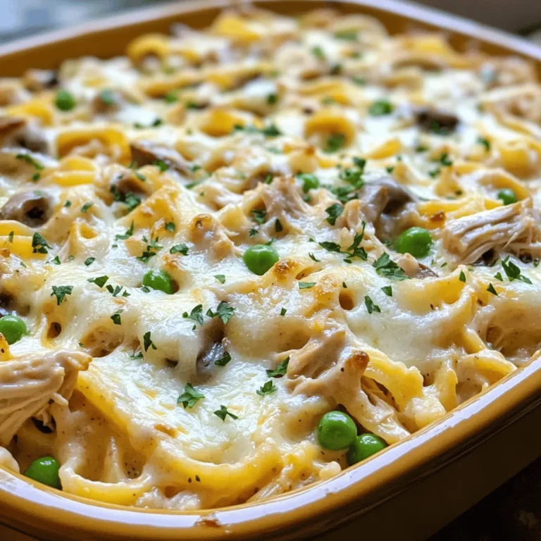 To make a tasty Chicken Tetrazzini, you need the right ingredients. Here’s what you’ll need: - 2 cups cooked chicken, shredded - 8 ounces spaghetti or fettuccine pasta - 1 cup sliced mushrooms - 1 cup frozen peas - 1/2 cup grated Parmesan cheese - 1 cup shredded mozzarella cheese - 1/4 cup butter - 1/4 cup all-purpose flour - 2 cups chicken broth - 1 cup milk - 1 teaspoon garlic powder - 1 teaspoon onion powder - Salt and pepper to taste - Fresh parsley, chopped (for garnish) These simple ingredients create a creamy and rich dish. You can use leftover chicken to save time. The pasta adds a nice touch, while mushrooms and peas give it color and flavor. Cheese makes it gooey and delicious. The butter and flour help form a creamy sauce. The broth and milk keep it moist. Seasonings add depth. This dish is easy to make and perfect for any day. For more details, check the Full Recipe. 1. Preheat your oven to 350°F (175°C). Grease a 9x13 inch baking dish with butter. 2. Cook 8 ounces of spaghetti or fettuccine pasta according to package instructions until al dente. Drain and set aside. 3. In a large skillet, melt 1/4 cup butter over medium heat. Add 1 cup of sliced mushrooms and sauté for about 4-5 minutes, until they soften. 1. Stir in 1/4 cup of all-purpose flour to create a roux. Cook for 1-2 minutes, stirring constantly. 2. Gradually whisk in 2 cups of chicken broth and 1 cup of milk, ensuring there are no lumps. Continue stirring until the mixture thickens and bubbles. 1. In a large bowl, mix 2 cups of cooked chicken, the drained pasta, 1 cup of frozen peas, half of the grated Parmesan cheese, and half of the shredded mozzarella cheese. 2. Pour the sauce over this mixture and stir until everything is well combined. 3. Transfer the mixture to the prepared baking dish. Spread it evenly and top with the remaining mozzarella and Parmesan cheeses. 1. Bake in the preheated oven for 25-30 minutes, or until the top is golden and bubbly. 2. Let it cool for a few minutes before serving. This gives the dish time to set. Enjoy your Creamy Cheesy Chicken Tetrazzini! Check out the Full Recipe for more details. To keep your pasta from turning mushy, cook it just until it's al dente. This means it should be firm when you bite into it. Drain it right away and toss it with a bit of oil to prevent sticking. For extra flavor, try adding spices. A pinch of smoked paprika adds depth. You can also use Italian seasoning for a classic touch. Experiment with flavors to find your perfect mix! Chicken Tetrazzini pairs well with a simple side salad. A fresh green salad with a light vinaigrette balances the creaminess of the dish. Garlic bread is another great option. The crunch of the bread complements the soft pasta. For a more filling meal, serve it with roasted vegetables. Roasted carrots, broccoli, or Brussels sprouts add color and nutrition. Choose sides that you love to make your meal complete. Garnish your dish for a beautiful look. A sprinkle of fresh parsley adds a pop of color. You can also add a little extra cheese on top before serving for an inviting touch. When serving, aim for a portion size of about one cup. This keeps it generous without being overwhelming. Using a wide serving dish can help show off the layers of pasta, chicken, and cheese. Enjoy making your Chicken Tetrazzini beautiful! {{image_2}} You can easily switch out chicken for leftover turkey. This option adds a new twist. You can make your dish just as tasty. For a vegetarian take, use mushrooms and a mix of vegetables. Bell peppers and zucchini work great. They add texture and flavor. Plus, they help keep the dish light. If you want a richer sauce, try using cream instead of milk. The cream gives your dish a smooth, velvety texture. You can also explore different cheeses for added flavor. Gouda and cheddar melt well and create a unique taste. Mixing cheeses can surprise your palate and make it fun. For those busy days, try a slow cooker. Just add your ingredients and let it cook. This method is easy and saves time. If you own an Instant Pot, you can make Chicken Tetrazzini fast. Just sauté your mushrooms, add the rest, and cook on high pressure for quick results. Both methods make dinner a breeze. For the full recipe, check out the detailed instructions above. To store leftovers, place Chicken Tetrazzini in an airtight container. This keeps it fresh. You can refrigerate it for up to four days. Make sure it cools down before sealing it. For freezing, let Chicken Tetrazzini cool first. Use a freezer-safe container. It can last up to three months in the freezer. For best taste, write the date on the container. When ready to eat, thaw it overnight in the fridge. You can also use the microwave for a quick thaw. Reheat in the oven at 350°F (175°C) for about 20 minutes. Make sure it is hot all the way through. Enjoy your creamy Chicken Tetrazzini again! For a complete guide, check the Full Recipe. Can I make Chicken Tetrazzini ahead of time? Yes, you can. Prepare the dish, but do not bake it. Cover and store it in the fridge for up to 24 hours. When you are ready, just bake it straight from the fridge. This makes it easy for busy nights. How do I make it gluten-free? To make Chicken Tetrazzini gluten-free, use gluten-free pasta. You can also swap all-purpose flour for a gluten-free blend. For the broth, choose a gluten-free option. Always check labels for hidden gluten. Alternatives for chicken broth If you want a different flavor, use vegetable broth or mushroom broth. Both add great taste. You can also use homemade broth if you have it on hand. Dairy-free options available To make this dish dairy-free, use plant-based milk like almond or soy milk. Swap butter for olive oil or coconut oil. Choose dairy-free cheese for topping. There are many tasty options available now. Adjustments for different serving sizes If you want to make more or less, simply change the amount of chicken and pasta. Keep the sauce ratio the same for best results. This way, you can scale it to fit your needs. Recommendations for cooking at high altitudes At high altitudes, increase cooking times slightly. You may also need to add more liquid. Keep an eye on the dish while it bakes to ensure it cooks evenly. Chicken Tetrazzini is a tasty and fun dish to make. We covered the key ingredients, easy steps, and helpful tips. This meal is great for gatherings or a family dinner. There are many ways to change the recipe to fit your needs, such as using turkey or making it vegetarian. Remember to store leftovers properly for later. With these insights, I hope you feel excited to try making Chicken Tetrazzini. Enjoy your cooking adventure!