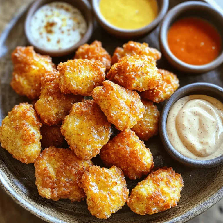 To make these copycat Chick-fil-A nuggets, you need a few key items. Here’s the list: - 1 pound chicken breast, cut into bite-sized pieces - 1 cup buttermilk (or milk with 1 tablespoon of lemon juice added) - 1 cup all-purpose flour - 1 teaspoon paprika - 1 teaspoon garlic powder - 1 teaspoon onion powder - 1 teaspoon black pepper - ½ teaspoon salt - ½ teaspoon cayenne pepper (optional for spice) - Peanut oil (for frying) Each ingredient plays a role. The chicken gives the base. Buttermilk keeps it juicy and tender. Flour and spices create a flavorful crust. Buttermilk is essential for flavor and texture. If you don’t have it, mix milk with lemon juice. Let it sit for five minutes to sour. Paprika adds color and a hint of sweetness. Cayenne pepper is optional but adds a nice kick. If you want less spice, skip it. Peanut oil is best for frying. It has a high smoke point, which means it won’t burn easily. You can also use canola oil, but it may not give the same flavor. If you want to change things up, here are some substitutes: - Chicken breast can be swapped with chicken thighs for more flavor. - For a gluten-free option, use gluten-free flour instead of all-purpose flour. - If you dislike peanut oil, use vegetable or sunflower oil. These swaps keep the recipe tasty while allowing flexibility. Enjoy creating your own version of these nuggets! You can find the full recipe above. To make these copycat Chick-fil-A nuggets, start by marinating the chicken. In a medium bowl, mix 1 cup of buttermilk with 1 pound of chicken breast pieces. Make sure they are well coated. Let the chicken sit for at least 30 minutes. You can also marinate it for up to 4 hours in the fridge. This step adds a lot of flavor and moisture. Next, prepare the coating. In another bowl, whisk together 1 cup of all-purpose flour, 1 teaspoon each of paprika, garlic powder, onion powder, black pepper, and ½ teaspoon of salt. If you like a kick, add ½ teaspoon of cayenne pepper. This mix gives the nuggets their tasty crust. Now, heat about 1 inch of peanut oil in a deep skillet. Get the oil to 350°F (175°C) for frying. Make sure the oil is hot enough before adding the chicken. Once the oil is ready, take the marinated chicken out of the buttermilk. Let the excess buttermilk drip off. Dredge each piece in the flour mix. Ensure the chicken is evenly coated, so every bite is crunchy. Carefully drop the chicken nuggets into the hot oil. Fry them in batches to avoid overcrowding. Cook each batch for about 3-4 minutes on each side. Look for a golden brown color and check that they are fully cooked. When they are done, transfer the nuggets to a plate lined with paper towels. This step helps drain off extra oil. Now your chicken nuggets are ready to serve! For the best flavor, marinate your chicken for a longer time. If you have 4 hours, use it! The buttermilk tenderizes the meat and adds flavor. You can also add spices to the buttermilk. Try a pinch of salt or a dash of hot sauce. This will enhance the taste even more. Frying is key to getting crispy nuggets. Make sure the oil is hot enough before frying. If the oil is not hot, the nuggets will soak up too much oil and become soggy. Always fry in small batches. This keeps the temperature steady and helps cook the nuggets evenly. After frying, let them drain on paper towels to remove excess oil. This keeps the nuggets crispy and not greasy. Follow these steps, and you will have delicious copycat Chick-fil-A nuggets that everyone will love! For the complete recipe, check the Full Recipe. To get that classic Chick-fil-A taste, marinating is key. Use buttermilk for richness. Let the chicken soak for at least 30 minutes. For deeper flavor, marinate up to 4 hours. The spices in the flour mix are also vital. Paprika, garlic powder, and onion powder bring warmth. Add a pinch of cayenne for heat, if you like. Frying the nuggets in peanut oil gives them a nice crunch. Keep the oil hot at 350°F (175°C) for best results. One common mistake is overcrowding the frying pan. This cools down the oil and makes soggy nuggets. Fry in small batches to keep the oil hot. Another mistake is not letting the chicken marinate long enough. A short soak means less flavor. Avoid skipping the dredging step; it’s crucial for a crispy coating. Lastly, check the internal temperature. Chicken should reach 165°F (74°C) to be safe to eat. Serve these nuggets hot for the best experience. Pair them with your favorite dipping sauces. Honey mustard or barbecue sauce works well. You can also add a side salad for freshness. Try serving them with waffle fries for a fun twist. For a simple meal, place nuggets in a sandwich. Add lettuce and pickles for a Chick-fil-A vibe at home. Find more ideas in the Full Recipe. {{image_2}} You can enjoy Chick-fil-A nuggets in a healthier way. Instead of frying, try baking or air-frying them. For baked nuggets, preheat your oven to 400°F (200°C). Place the coated chicken on a baking sheet lined with parchment paper. Spray lightly with cooking oil. Bake for about 15-20 minutes, flipping halfway through. For air-fried nuggets, set your air fryer to 400°F (200°C). Cook in a single layer for about 10-12 minutes. Both methods cut down on oil and fat. If you love heat, add cayenne pepper to the flour mix. You can also use hot sauce in the buttermilk. For a kick, try adding crushed red pepper flakes. These small changes bring big flavor. You can even mix in spices like chili powder or smoked paprika for a smoky taste. Adjust the heat to match your taste. Dipping sauces can make your meal more fun. While the classic choice is honey mustard, you can try many others. Barbecue sauce adds a sweet and smoky flavor. Ranch dressing gives a creamy finish. For something different, try sriracha mixed with mayo for a spicy blend. Experiment with your favorite sauces or create new ones. The right sauce can elevate every bite. For the full recipe, check out the details above. To keep your leftover nuggets fresh, place them in an airtight container. This helps lock in moisture and flavor. You can store them in the fridge for up to 3 days. Make sure they cool down before sealing the container. If you want to enjoy them later, freezing is a great option. When reheating, aim to keep the nuggets crispy. The best method is to use an oven. Preheat your oven to 400°F (200°C). Spread the nuggets on a baking sheet in a single layer. Heat them for about 10-15 minutes, or until warm and crispy. You can also use an air fryer for quick reheating. Just set it to 375°F (190°C) and heat for 5-7 minutes. If you want to freeze your nuggets, first, let them cool completely. Arrange them in a single layer on a baking sheet. Freeze them for 1-2 hours until solid, then transfer them to a freezer-safe bag. They can stay fresh for up to 3 months. When you’re ready to eat, thaw them in the fridge overnight before reheating. This keeps them juicy and tasty. To get crispy nuggets, focus on the coating. Start by marinating the chicken in buttermilk. This keeps the meat juicy. After marinating, coat each piece in the seasoned flour. Make sure the oil is hot enough before frying. This helps create a nice, crunchy crust. Fry in small batches to avoid steaming. Let them drain on paper towels to keep them crispy. Yes, you can use chicken thighs. They add more flavor and stay moist. Thighs have more fat, which can make your nuggets juicier. Just cut the thighs into similar-sized pieces as the breasts. The cooking time will remain the same. You’ll still get that crispy, tasty coating. Many sides go great with chicken nuggets. Here are some of my favorites: - French fries - Sweet potato fries - Coleslaw - Macaroni and cheese - Green salad - Fruit salad These sides can balance the meal and add extra flavor. Try different combinations to find your favorite! For the full recipe, check the earlier section. You learned about the key ingredients needed for making copycat Chick-fil-A nuggets and how to substitute them. The step-by-step cooking process guides you to perfect marination and frying techniques. Tips and tricks help you avoid common mistakes and achieve that signature flavor. You also discovered healthy variations and storage tips for leftovers. In short, these nuggets can be tasty and fun to make. Enjoy creating your own delicious chicken nuggets!
