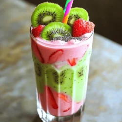 - 1 cup fresh strawberries, hulled and halved - 2 ripe kiwis, peeled and sliced - 1 banana, frozen - 1 cup plain Greek yogurt - 1 tablespoon honey or agave syrup (optional) The main ingredients are simple and fresh. Fresh strawberries give a sweet and tangy taste. Ripe kiwis add a unique flavor and vibrant color. The frozen banana makes the smoothie creamy and thick. Greek yogurt adds protein and richness. Honey or agave syrup sweetens the drink, but it is optional. - 1 tablespoon chia seeds for nutrition - Ice cubes for a thicker consistency - Alternative milk options (like almond or oat milk) You can add chia seeds for extra nutrition. They are great for fiber and omega-3s. Ice cubes help make the smoothie colder and thicker. You can also swap regular milk for any nut or plant-based milk. - Servings: 2 - Adjusting ingredient quantities for larger batches This recipe serves two people. If you need more, just double the ingredients. You can easily adjust the amounts to fit your needs. Enjoy this refreshing drink any time of the day! Check out the Full Recipe for more details. To start, you need to prepare your fruits. First, wash the strawberries. Remove the green tops, also called hulls. Cut the strawberries in half to make them easier to blend. Next, take the ripe kiwis. Peel them with a knife, then slice them into rounds. If you want, you can also cut them into smaller pieces. Lastly, grab your banana. If it's not frozen yet, peel it and put it in the freezer for a few hours. Now it's time to blend. In your blender, add the prepared strawberries, kiwis, and the frozen banana. Then, pour in the plain Greek yogurt and the almond milk. If you like it sweeter, drizzle in honey or agave syrup. Blend everything on high speed until the mixture is smooth and creamy. This usually takes about 30 seconds. You can stop and scrape down the sides if needed. If you want a colder smoothie, toss in a few ice cubes and blend again. After blending, taste your smoothie. If it's not sweet enough, add more honey or agave syrup. Blend again briefly to combine. For serving, pour the smoothie into glasses. To make it look pretty, you can garnish with a slice of kiwi or some halved strawberries on top. A sprinkle of chia seeds or a mint leaf adds a nice touch too. Serve with colorful straws for fun! You can find the [Full Recipe] to follow along easily. To make your smoothie nice and creamy, I always use frozen bananas. They add a rich texture. Plus, they cool down the drink without needing extra ice. If you want to change the milk, try almond, oat, or coconut milk. Each milk gives a different taste. Almond milk adds a nutty flavor, while coconut milk gives a tropical twist. You can add fun flavors to your smoothie. A splash of vanilla extract works great. It gives a sweet and warm taste. You can also mix in other fruits. Berries or mango will add color and flavor. Just remember to balance the sweetness. Experiment and find what you love! Strawberries and kiwis pack a lot of nutrients. Strawberries are rich in vitamin C. They help boost your immune system. Kiwis are great for digestion and have lots of fiber. Using Greek yogurt adds protein to your drink. It makes you feel full and helps with muscle repair. This smoothie is not just tasty; it is healthy too! Want to make it? Check out the Full Recipe. {{image_2}} If you want a dairy-free version, try using coconut yogurt. This yogurt adds a creamy texture and a hint of tropical flavor. It pairs wonderfully with strawberries and kiwis. For a milk alternative, you can use oat milk or soy milk. Both options work well, keeping your smoothie smooth and tasty. To add a healthy green twist, include a handful of spinach or kale. These greens blend well and boost nutrients. To balance the flavor, squeeze in some lemon or lime juice. The citrus adds brightness and enhances the fruity taste of the strawberries and kiwis. For an extra protein kick, mix in a scoop of protein powder. This makes your smoothie more filling and is great post-workout. You can also add nut butter, like almond or peanut butter. This addition gives a rich flavor and healthy fats. Feel free to explore these variations for your Strawberry Kiwi Yogurt Smoothie. Each change brings a new taste and experience. You can find the full recipe [Full Recipe]. To keep your smoothie fresh, refrigerate it right away. It lasts 1-2 days in the fridge. Just remember to shake or stir it before drinking. If you want to enjoy it later, freezing is a great option. Pour leftover smoothie into ice cube trays. Once frozen, transfer the cubes to a bag. This way, you can blend them into a new smoothie later. When storing your smoothie, choose the right container. Glass jars are great because they do not absorb odors. They also keep flavors fresh. Plastic bottles are lighter but may not prevent oxidation as well. To minimize oxidation, fill your container to the top. This reduces air space and keeps your smoothie tasting great. Don't let leftover fruits go to waste! Use them in other recipes. You can mix fruits into oatmeal or bake them in muffins. You can also make another smoothie with different fruits. Try blending the leftover strawberries or kiwis with other flavors. Check out the Full Recipe for more ideas on how to enjoy your smoothie. Yes, you can use frozen strawberries or kiwis in this smoothie. Frozen fruit gives you a chill factor. It can make your drink cold and thick. Plus, using frozen fruit means less prep work. You don't have to wash or slice them. They also last longer, so you reduce waste. Frozen fruit keeps all the good nutrients too. To make this smoothie vegan, swap out Greek yogurt for coconut yogurt. You can also use almond milk or oat milk. For sweetness, use maple syrup instead of honey. These simple changes keep the taste yummy while fitting your diet. Pair this smoothie with a few tasty sides. Try whole-grain toast with avocado. You can also enjoy some granola or nuts. A light salad with greens and veggies works well too. These sides create a balanced breakfast or snack that feels complete. To make this smoothie more filling, add oats or flaxseeds. These grains add fiber and keep you full longer. Chia seeds are another great option. They thicken the smoothie and boost nutrition. You can also toss in a scoop of nut butter for healthy fats. This blog post covered how to make a tasty strawberry kiwi yogurt smoothie. You learned about the main ingredients, optional add-ins, and serving sizes. I shared step-by-step instructions to help make blending easy. We explored tips to customize flavor and improve creaminess. Variations, like dairy-free options and protein boosts, can add fun twists. Lastly, I gave storage tips and answered frequent questions. This healthy smoothie is simple and quick to enjoy anytime!