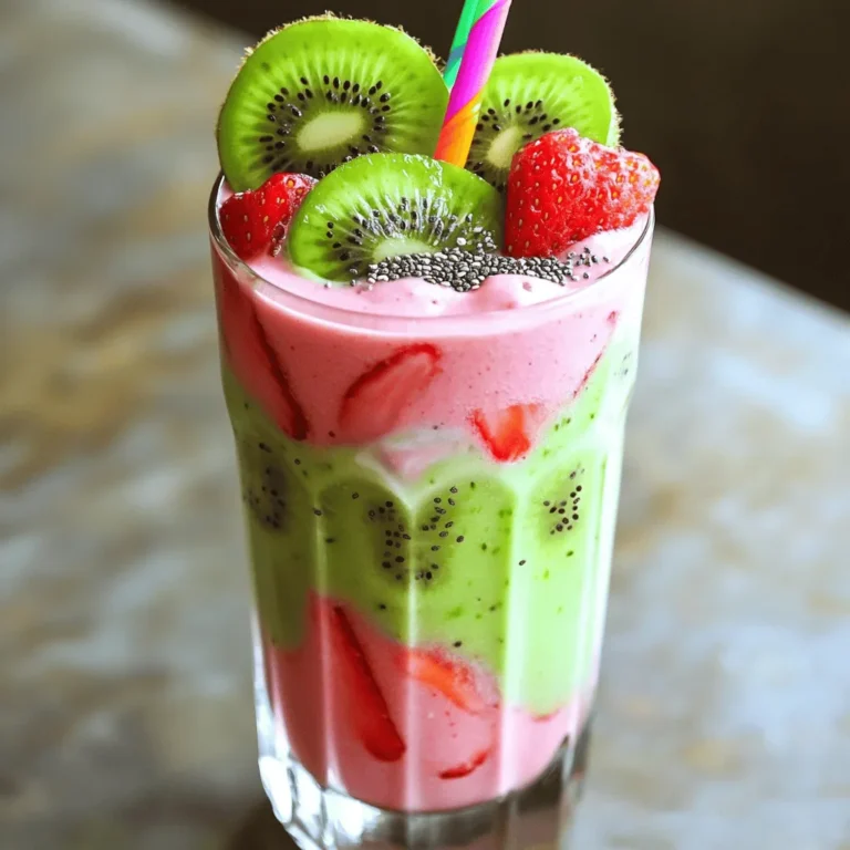 - 1 cup fresh strawberries, hulled and halved - 2 ripe kiwis, peeled and sliced - 1 banana, frozen - 1 cup plain Greek yogurt - 1 tablespoon honey or agave syrup (optional) The main ingredients are simple and fresh. Fresh strawberries give a sweet and tangy taste. Ripe kiwis add a unique flavor and vibrant color. The frozen banana makes the smoothie creamy and thick. Greek yogurt adds protein and richness. Honey or agave syrup sweetens the drink, but it is optional. - 1 tablespoon chia seeds for nutrition - Ice cubes for a thicker consistency - Alternative milk options (like almond or oat milk) You can add chia seeds for extra nutrition. They are great for fiber and omega-3s. Ice cubes help make the smoothie colder and thicker. You can also swap regular milk for any nut or plant-based milk. - Servings: 2 - Adjusting ingredient quantities for larger batches This recipe serves two people. If you need more, just double the ingredients. You can easily adjust the amounts to fit your needs. Enjoy this refreshing drink any time of the day! Check out the Full Recipe for more details. To start, you need to prepare your fruits. First, wash the strawberries. Remove the green tops, also called hulls. Cut the strawberries in half to make them easier to blend. Next, take the ripe kiwis. Peel them with a knife, then slice them into rounds. If you want, you can also cut them into smaller pieces. Lastly, grab your banana. If it's not frozen yet, peel it and put it in the freezer for a few hours. Now it's time to blend. In your blender, add the prepared strawberries, kiwis, and the frozen banana. Then, pour in the plain Greek yogurt and the almond milk. If you like it sweeter, drizzle in honey or agave syrup. Blend everything on high speed until the mixture is smooth and creamy. This usually takes about 30 seconds. You can stop and scrape down the sides if needed. If you want a colder smoothie, toss in a few ice cubes and blend again. After blending, taste your smoothie. If it's not sweet enough, add more honey or agave syrup. Blend again briefly to combine. For serving, pour the smoothie into glasses. To make it look pretty, you can garnish with a slice of kiwi or some halved strawberries on top. A sprinkle of chia seeds or a mint leaf adds a nice touch too. Serve with colorful straws for fun! You can find the [Full Recipe] to follow along easily. To make your smoothie nice and creamy, I always use frozen bananas. They add a rich texture. Plus, they cool down the drink without needing extra ice. If you want to change the milk, try almond, oat, or coconut milk. Each milk gives a different taste. Almond milk adds a nutty flavor, while coconut milk gives a tropical twist. You can add fun flavors to your smoothie. A splash of vanilla extract works great. It gives a sweet and warm taste. You can also mix in other fruits. Berries or mango will add color and flavor. Just remember to balance the sweetness. Experiment and find what you love! Strawberries and kiwis pack a lot of nutrients. Strawberries are rich in vitamin C. They help boost your immune system. Kiwis are great for digestion and have lots of fiber. Using Greek yogurt adds protein to your drink. It makes you feel full and helps with muscle repair. This smoothie is not just tasty; it is healthy too! Want to make it? Check out the Full Recipe. {{image_2}} If you want a dairy-free version, try using coconut yogurt. This yogurt adds a creamy texture and a hint of tropical flavor. It pairs wonderfully with strawberries and kiwis. For a milk alternative, you can use oat milk or soy milk. Both options work well, keeping your smoothie smooth and tasty. To add a healthy green twist, include a handful of spinach or kale. These greens blend well and boost nutrients. To balance the flavor, squeeze in some lemon or lime juice. The citrus adds brightness and enhances the fruity taste of the strawberries and kiwis. For an extra protein kick, mix in a scoop of protein powder. This makes your smoothie more filling and is great post-workout. You can also add nut butter, like almond or peanut butter. This addition gives a rich flavor and healthy fats. Feel free to explore these variations for your Strawberry Kiwi Yogurt Smoothie. Each change brings a new taste and experience. You can find the full recipe [Full Recipe]. To keep your smoothie fresh, refrigerate it right away. It lasts 1-2 days in the fridge. Just remember to shake or stir it before drinking. If you want to enjoy it later, freezing is a great option. Pour leftover smoothie into ice cube trays. Once frozen, transfer the cubes to a bag. This way, you can blend them into a new smoothie later. When storing your smoothie, choose the right container. Glass jars are great because they do not absorb odors. They also keep flavors fresh. Plastic bottles are lighter but may not prevent oxidation as well. To minimize oxidation, fill your container to the top. This reduces air space and keeps your smoothie tasting great. Don't let leftover fruits go to waste! Use them in other recipes. You can mix fruits into oatmeal or bake them in muffins. You can also make another smoothie with different fruits. Try blending the leftover strawberries or kiwis with other flavors. Check out the Full Recipe for more ideas on how to enjoy your smoothie. Yes, you can use frozen strawberries or kiwis in this smoothie. Frozen fruit gives you a chill factor. It can make your drink cold and thick. Plus, using frozen fruit means less prep work. You don't have to wash or slice them. They also last longer, so you reduce waste. Frozen fruit keeps all the good nutrients too. To make this smoothie vegan, swap out Greek yogurt for coconut yogurt. You can also use almond milk or oat milk. For sweetness, use maple syrup instead of honey. These simple changes keep the taste yummy while fitting your diet. Pair this smoothie with a few tasty sides. Try whole-grain toast with avocado. You can also enjoy some granola or nuts. A light salad with greens and veggies works well too. These sides create a balanced breakfast or snack that feels complete. To make this smoothie more filling, add oats or flaxseeds. These grains add fiber and keep you full longer. Chia seeds are another great option. They thicken the smoothie and boost nutrition. You can also toss in a scoop of nut butter for healthy fats. This blog post covered how to make a tasty strawberry kiwi yogurt smoothie. You learned about the main ingredients, optional add-ins, and serving sizes. I shared step-by-step instructions to help make blending easy. We explored tips to customize flavor and improve creaminess. Variations, like dairy-free options and protein boosts, can add fun twists. Lastly, I gave storage tips and answered frequent questions. This healthy smoothie is simple and quick to enjoy anytime!