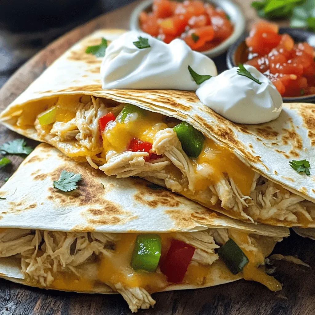 - 2 cups cooked chicken, shredded - 1 cup shredded mozzarella cheese - 1 cup shredded cheddar cheese - 1/2 cup cream cheese, softened - 1/2 cup bell peppers, diced (mix of red and green) - 1/2 cup red onion, diced For cheesy chicken quesadillas, the main ingredients are key. The shredded chicken gives it protein. Mozzarella and cheddar cheese melt beautifully and add rich flavor. Cream cheese makes the filling creamy and smooth. Adding bell peppers and red onion gives crunch and fresh taste. - 2 tablespoons taco seasoning - Optional spices for added flavor For this recipe, taco seasoning is a must. It adds a kick of spice and depth. You can also add optional spices like cumin or paprika for extra flavor. A pinch of garlic powder can also enhance the taste. Experiment to find your favorite mix! - 4 large flour tortillas When choosing tortillas, I recommend using large flour tortillas. They are soft and easy to fold. They also hold the filling well. You can use corn tortillas if you prefer a gluten-free option, but they may crack more easily. Brands like Mission or Tortilla Land work well for flour tortillas. To start, mix your filling well. In a bowl, combine: - 2 cups cooked chicken, shredded - 1 cup shredded mozzarella cheese - 1 cup shredded cheddar cheese - 1/2 cup cream cheese, softened - 1/2 cup bell peppers, diced (mix of red and green) - 1/2 cup red onion, diced - 2 tablespoons taco seasoning The right mix makes a big difference. Ensure even ratios of chicken to cheese. This balance gives the quesadillas great flavor and texture. Now, heat your skillet. Set it to medium heat. Add 1 tablespoon of olive oil. Cooking too hot can burn the tortillas. You want a nice golden brown. Place one tortilla in the skillet. Spread half of the chicken and cheese mixture over one half. Fold the tortilla in half. Cook for 3-4 minutes until the bottom is crispy. Flip it carefully. Cook the other side for another 3-4 minutes. You want the cheese melted and the tortilla crunchy. Repeat with the rest of the tortillas and filling. Keep adding olive oil as needed to avoid sticking. For sides, consider sour cream and salsa. These add zest and freshness. You can also serve with a simple salad or guacamole for a more filling meal. For plating, slice the quesadillas into wedges. Arrange them on a colorful plate. Add a dollop of sour cream and a small bowl of salsa. This makes your dish look good and inviting. For the full recipe, check out the complete guide! To make your cheesy chicken quesadillas even better, add fun ingredients. Try adding diced jalapeños for a spicy kick. You can also toss in fresh spinach for a pop of color and nutrition. For dips, sour cream and salsa work great. You might also enjoy guacamole or a zesty ranch dip. A crispy quesadilla is a must. To achieve this, use enough oil in the skillet. Heat it well before adding the tortilla. Cook each side for about 3-4 minutes. This helps create that golden brown crust. Avoid soggy tortillas by not overfilling them. A thin layer of filling keeps them crisp. If you plan to serve many people, this recipe scales easily. Just double or triple the ingredients. Use multiple skillets to speed up cooking. To keep quesadillas warm, place them in a low oven. Cover them with foil to keep the heat in. Enjoy your gathering with tasty food everyone will love! For the full recipe, check out the details shared earlier. {{image_2}} You can switch up the protein in your quesadillas. Try using beef, shrimp, or even tofu for a vegetarian option. If you go with beef, use ground beef or steak strips. For shrimp, cook them until pink and tender. Adjust your cooking times so all proteins are cooked well. Each protein brings its own flavor and texture. While mozzarella and cheddar are classic choices, don’t stop there! You can explore other cheese types like pepper jack for a spicy kick or gouda for a rich, smoky flavor. If you prefer dairy-free options, look for vegan cheese that melts well. These can give your quesadillas a unique twist. Want to spice things up? Consider adding international flavors to your quesadillas. BBQ chicken with a tangy sauce can be a hit. You can also try curry chicken for a warm, fragrant taste. Each flavor brings a new experience. Feel free to mix and match, and create your own global quesadilla masterpiece. For more ideas, check out the Full Recipe. To store leftover quesadillas, let them cool first. Place them in an airtight container. This keeps them fresh and tasty. You can stack them if needed. Use parchment paper between layers to prevent sticking. I recommend using glass or plastic containers with tight lids. Freezing quesadillas is easy for quick meals. Wrap each quesadilla in plastic wrap. Then, place them in a freezer-safe bag. Press out as much air as you can before sealing. For reheating, you can bake them in the oven. Preheat your oven to 375°F (190°C). Bake for about 15-20 minutes. You can also use a skillet on low heat for about 5-7 minutes. Quesadillas stay fresh in the fridge for about 3-4 days. If frozen, they last up to 2-3 months. Look for signs of spoilage, like a strange smell or mold. If they seem dry or tough, it's best to toss them out. Keeping track of freshness helps you enjoy every bite! For the full recipe, check out the earlier section. To make quesadillas crispy, use a hot skillet. Heat it over medium-high heat before adding oil. Olive oil works well for flavor and crisping. Ensure you don’t overcrowd the pan. Cook one or two quesadillas at a time. Flip them only when the bottom is golden brown. This helps to get that perfect crunch. Yes, you can use different tortillas. Flour tortillas are soft and easy to fold. They give a nice chewiness. Corn tortillas are crispy and have a stronger flavor. They are a good choice if you want a gluten-free option. However, corn tortillas can break more easily. Choose based on your taste and texture preference. You can serve quesadillas with many tasty sides. Sour cream adds a cool contrast. Salsa brings a nice kick of flavor. Guacamole is another great choice for creaminess. Fresh veggies like cucumber or carrot sticks add crunch. A simple salad can also balance the meal. Yes, this recipe is great for meal prep. You can make the filling ahead of time. Store it in the fridge for up to three days. When ready to eat, just assemble and cook the quesadillas. They reheat well in a skillet, keeping them crispy. This makes it easy to enjoy a quick meal on busy days. For the full recipe, check out the earlier section! Cheesy chicken quesadillas are easy to make and full of flavor. We covered the main ingredients, seasonings, and tortilla choices that enhance taste. I shared step-by-step instructions to prepare the filling and cook the quesadillas just right. Useful tips for serving and storage will help keep your dish fresh. Don't forget to explore variations and exciting flavors. This dish is fun and safe to enjoy any time. Experiment and create your own twist to make it your favorite meal!