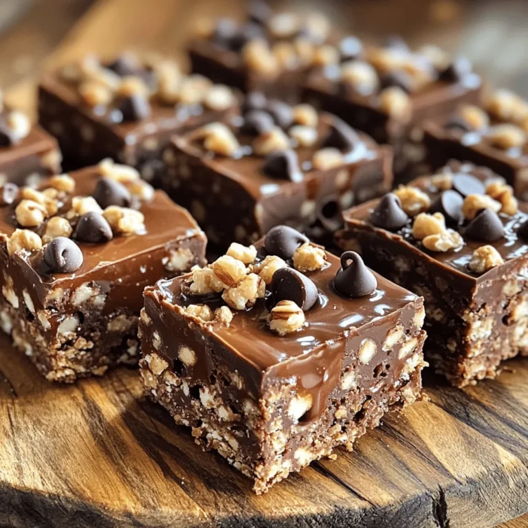To make these tasty no bake chocolate oat bars, gather the following ingredients: - 2 cups rolled oats - 1 cup almond butter (or any nut butter of your choice) - 1/2 cup honey or maple syrup - 1/2 cup unsweetened cocoa powder - 1/2 cup chocolate chips (dark or semi-sweet) - 1/4 teaspoon sea salt - 1 teaspoon vanilla extract - Optional: 1/4 cup chopped nuts or seeds (like walnuts or chia seeds) for added crunch These ingredients come together to create a delicious and filling snack. You can easily swap ingredients to fit your taste. Here are some ideas: - Nut Butters: Use peanut butter, cashew butter, or sunflower seed butter if you prefer. - Sweeteners: Swap honey for agave nectar or brown rice syrup for a different flavor. - Cocoa Powder: If you want a lighter taste, replace cocoa powder with carob powder. - Chocolate Chips: Use white chocolate chips or omit them for a less sweet bar. Feel free to mix and match based on what you have at home! This recipe can fit many diets: - Vegan: Choose maple syrup and a vegan nut butter to keep it plant-based. - Gluten-Free: Ensure the oats are labeled gluten-free to avoid cross-contamination. - Nut-Free: Use sunflower seed butter instead of nut butter for a nut-free option. These bars can work for many dietary needs, making them a great choice for gatherings! 1. Start by mixing the rolled oats, cocoa powder, and sea salt in a large bowl. Make sure to combine them well. 2. Next, grab a separate microwave-safe bowl. Add your almond butter and honey (or maple syrup) to this bowl. Heat it in the microwave for about 20 to 30 seconds. This step makes it easier to mix. 3. Stir the heated nut butter mix until it becomes smooth. Then, pour it into the bowl with oats. Add the vanilla extract and mix everything until it is well combined. 4. If you want, gently fold in chocolate chips and any nuts or seeds you like. This adds a nice crunch to your bars. 5. Line an 8x8-inch baking dish with parchment paper. Make sure some paper hangs over the sides. This helps you lift the bars out later. 6. Now, transfer the mixture to the baking dish. Spread it evenly and press it down firmly with your hands or a spatula. This helps the bars hold together. 7. Place the dish in the refrigerator for at least 2 hours. This cooling time helps the bars set properly. 8. Once the bars are firm, lift them out using the parchment paper. Cut them into squares or bars. - Always use rolled oats for the best texture. Quick oats can make the bars too mushy. - If you find the mixture too dry, add a little more almond butter or honey. It should stick together easily. - Mixing the heated nut butter and sweetener well is key. This step ensures even sweetness throughout. - Fold in chocolate chips last. This keeps them intact and prevents them from melting too much. - Make sure to press the mixture down firmly in the baking dish. This helps the bars stay compact. - Cover the dish with plastic wrap or a lid while it chills. This keeps the bars from drying out. - Check the bars after 2 hours. They should feel firm but not rock hard. You can let them sit longer if needed. - If your bars don’t set well, they might need more time in the fridge. Just be patient! For the complete recipe, check out the [Full Recipe]. To get the best texture and flavor in your bars, use fresh ingredients. Old oats or nut butter can change the taste. Mix the dry ingredients well before adding the wet ones. This helps them combine smoothly. When you press the mixture into the pan, make sure it is compact. This keeps the bars from crumbling later. One common mistake is not measuring ingredients correctly. Use a scale or measuring cups for accuracy. Also, don’t skip the refrigeration step. Bars need time to set, so resist the urge to cut them too soon. Be careful when heating the nut butter and honey. Overheating can change the flavor, so stick to 20-30 seconds in the microwave. These bars are tasty on their own, but you can add fun touches. Try serving them with a scoop of yogurt or a drizzle of honey. Pair them with a glass of almond milk or a cup of coffee. For a lively snack, add fresh fruit like bananas or berries on the side. You can find the Full Recipe in the article to explore more ideas. {{image_2}} You can easily change the taste of your no bake chocolate oat bars. Adding dried fruits like raisins, cranberries, or apricots brings a sweet and chewy texture. You can also mix in nuts or seeds for crunch. Think walnuts, almonds, or even sunflower seeds. Just stir in about 1/4 cup of your choice when mixing the ingredients. This step not only adds flavor but also boosts nutrition. If you want a healthier twist, swap out some ingredients. Use almond butter or peanut butter to keep it rich without adding too much sugar. Instead of honey, try mashed bananas or unsweetened applesauce. These changes lower calories and add natural sweetness. You can also use 1/4 cup of unsweetened cocoa powder for a richer chocolate flavor without added sugar. You don’t have to stick to squares with these bars. Use a cookie scoop to make small bites. Just drop spoonfuls onto parchment paper and chill. This makes a fun snack for kids and adults alike. You can also use muffin tins to create mini bars. Just press the mixture into each cup, then chill. Whether you choose squares or bites, they will still taste great! For the full recipe, check out the details above. To keep your No Bake Chocolate Oat Bars fresh, store them in an airtight container. This helps keep moisture out and prevents the bars from getting hard. You can place parchment paper between layers to avoid sticking. This small step makes a big difference! When stored correctly, these bars last up to a week in the fridge. For the best taste, enjoy them within the first few days. If you notice any off smell or change in texture, it's best to toss them out. Keeping them cool helps maintain their flavor and texture. You can freeze these bars for longer storage. Wrap each bar tightly in plastic wrap and place them in a freezer bag. This way, you can enjoy a delicious treat anytime. They can stay good in the freezer for about three months. When you're ready to eat, let them thaw in the fridge overnight. No bake chocolate oat bars last about one week. Store them in an airtight container in the fridge. This keeps them fresh and tasty. If you want them to last longer, you can freeze them. They can stay good in the freezer for up to three months. Just cut them into bars before freezing. Use parchment paper to separate layers. This way, you can grab one or two easily later. Yes, you can use other sweeteners. Agave syrup or brown rice syrup works well too. If you prefer granulated sugar, you can use that too. Just mix it with the nut butter and a splash of water to help dissolve it. Remember, different sweeteners can change the taste. Try different ones to find what you like best. No bake chocolate oat bars can be healthy! They are full of oats and nut butter. Oats provide fiber and energy. Nut butter adds protein and healthy fats. However, watch the sweetener amount. Too much can make them less healthy. You can also add seeds or dried fruit for more nutrients. This recipe lets you control what goes in. This way, you can enjoy a treat that also feels good for you. For the complete recipe, check the [Full Recipe]. In this post, we covered how to make delicious no-bake chocolate oat bars. I shared ingredients, cooking steps, and handy tips to get great results. You learned about substituting ingredients and special diet options like vegan and gluten-free. Finally, we explored variations and storage methods to keep your bars fresh. These bars are fun to make and easy to tweak. Enjoy them anytime you need a tasty treat!