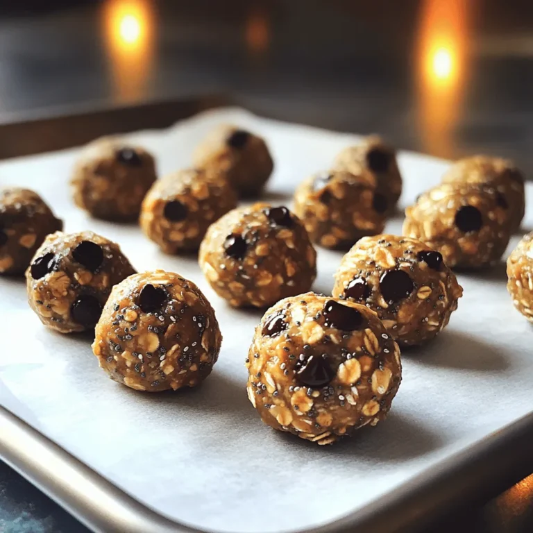 To make peanut butter energy bites, you need a few simple ingredients. Each one plays a key role in flavor and texture. Here is the list of ingredients: - 1 cup rolled oats - ½ cup natural peanut butter - ¼ cup honey or maple syrup - ¼ cup ground flaxseed - ¼ cup dark chocolate chips - 2 tablespoons chia seeds - 1 teaspoon vanilla extract - A pinch of salt These ingredients work together to create a tasty and healthy snack. Rolled oats give the bites a great base. Natural peanut butter adds creaminess and protein. Honey or maple syrup sweetens the mix and binds it. Ground flaxseed provides fiber and healthy fats, while dark chocolate chips add a delightful touch of sweetness. Chia seeds boost the nutrition and add a nice crunch. Vanilla extract enhances the flavor, and a pinch of salt balances everything out. When you gather these ingredients, you set the stage for a fun cooking experience. I enjoy making these energy bites. They are quick to prepare and can easily be adjusted to fit your taste. For the full recipe, follow my simple steps to create these delicious snacks. - Mix dry ingredients in a bowl. Start with 1 cup of rolled oats. Add ¼ cup ground flaxseed, 2 tablespoons chia seeds, and a pinch of salt. Stir well until they blend nicely. - Combine wet ingredients in another bowl. Use ½ cup natural peanut butter, ¼ cup honey or maple syrup, and 1 teaspoon vanilla extract. Mix until smooth and creamy. - Blend dry and wet ingredients together. Pour the peanut butter mixture into the dry mix. Stir until everything is well combined and you see no dry spots. - Form the mixture into balls. Use your hands to take small amounts, about 1 inch wide. Roll them gently to create smooth balls. - Place on a baking sheet. Use parchment paper to line the sheet. This helps prevent sticking. Arrange the balls evenly, giving them space to chill. - Refrigerate for firmness. Place the baking sheet in the fridge for at least 30 minutes. This helps the bites hold their shape. - Move to an airtight container for storage. After chilling, transfer the bites to the container. They stay fresh in the fridge for up to a week. You can also freeze them for longer storage. For the full recipe and all the details you need, check the Nutty Delight Peanut Butter Energy Bites recipe above. To make perfect peanut butter energy bites, you need to mix well. Start with the dry ingredients. In a bowl, add rolled oats, ground flaxseed, chia seeds, and salt. Stir them together until they are even. This step ensures all flavors blend. Next, take another bowl for the wet ingredients. Combine the peanut butter, honey, and vanilla extract. Mix until smooth. Pour this mixture into the dry ingredients. Stir carefully. This way, every bite gets the same great taste. Shaping the bites can be fun! Use your hands to roll the mixture into small balls, about one inch wide. Keep your hands slightly wet. This helps prevent the mixture from sticking. If you want, you can also use a small cookie scoop. This gives you uniform sizes. Place each ball on a parchment-lined baking sheet. This makes cleaning easier later. If you want a different shape, try pressing the mixture into a small container. You can cut it into bars later. Peanut butter energy bites are great on their own, but you can serve them in fun ways. Try pairing them with fresh fruit like apples or bananas. You can also sprinkle some nuts on top for extra crunch. Another idea is to serve them with yogurt. The creamy yogurt complements the bites nicely. For a fun twist, you can dip them in melted chocolate. This adds a delicious layer and makes them even more special. For the full recipe, check out Nutty Delight Peanut Butter Energy Bites. Enjoy creating your own tasty snacks! {{image_2}} If you want to switch things up, try different nut butters. Almond butter offers a sweet, nutty flavor. Cashew butter brings a creamy texture that many love. Sunflower seed butter is a great choice for nut-free diets. Each option provides a unique taste and texture. Feel free to experiment and find your favorite! You can boost flavor and nutrition with fun add-ins. Dried fruit like cranberries or raisins adds sweetness. Seeds such as pumpkin or sunflower seeds provide extra crunch. If you want a protein boost, stir in some protein powder. Spices like cinnamon can also add a warm kick. Mix and match until you find your perfect blend! Making healthy swaps is easy with these energy bites. You can lower the sugar by using less honey or maple syrup. Try using mashed bananas for natural sweetness. Adding superfoods like spirulina or cacao powder can enhance nutrition. These simple changes keep your energy bites tasty and healthy. Enjoy making them your own! You can keep your peanut butter energy bites fresh in the fridge. Place them in an airtight container. They will stay good for about a week. This makes them a great snack for busy days. The cool temperature helps maintain their shape and taste. If you want to store them for a longer time, freezing is a good option. To freeze, place the energy bites in a single layer on a baking sheet. This prevents them from sticking together. Once they are frozen solid, move them to a freezer bag or container. They can last for up to three months in the freezer, ready for you when you need a quick snack. When you're ready to eat your frozen bites, thaw them in the fridge overnight. If you're in a hurry, you can leave them at room temperature for about 30 minutes. Avoid using a microwave. This keeps their texture and flavor just right. Enjoy your thawed bites as a snack or energy boost before a workout. Peanut butter energy bites are packed with nutrients. They give you energy and help you feel full. Here are some key benefits: - Protein: Peanut butter and flaxseed provide a good source of protein. This helps build and repair muscles. - Fiber: Rolled oats and chia seeds add fiber. Fiber is good for digestion and keeps you satisfied longer. - Healthy Fats: Natural peanut butter contains healthy fats. These fats are important for brain health and energy. - Antioxidants: Dark chocolate chips have antioxidants, which help protect your cells. These bites are not just tasty but also support your overall health. Peanut butter energy bites can stay fresh for about a week in the fridge. Here are some tips for storing them: - Airtight Container: Always store the bites in an airtight container. This keeps them fresh and prevents them from drying out. - Freezing: If you want to keep them longer, freeze them. They can last for up to three months in the freezer. - Thawing: When ready to eat, thaw them in the fridge overnight. This keeps them tasty and ready to enjoy. Absolutely! You can make these energy bites your own. Here are some options: - Nut Butters: Swap peanut butter for almond or cashew butter if you prefer. - Add-Ins: Mix in dried fruits like cranberries or raisins for extra flavor. - Flavor Boosts: Try adding a bit of cinnamon or cocoa powder for a unique twist. The recipe is flexible, so have fun making it your own! You can find the full recipe to get started. In this blog post, we explored making tasty peanut butter energy bites. We covered the simple ingredients and easy steps to mix, roll, and chill them. Tips for best practices helped ensure great results. We also discussed fun variations and how to store your bites for freshness. These bites are healthy and perfect for snacking anytime. Enjoy making them your way! You now have the tools to create a quick, nutritious snack that fits your taste. Happy making!