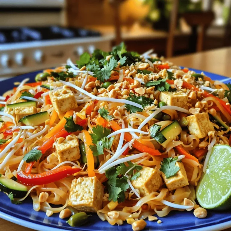 Cooking Vegetable Pad Thai is fun and easy. Gather these fresh ingredients for a tasty meal: - 8 oz rice noodles - 2 tablespoons vegetable oil - 1 cup tofu, cubed - 1 red bell pepper, thinly sliced - 1 carrot, julienned - 1 zucchini, julienned - 2 green onions, chopped - 2 cloves garlic, minced - 2 eggs, lightly beaten (optional) - 1/4 cup soy sauce - 2 tablespoons tamarind paste - 2 tablespoons brown sugar - 1 tablespoon chili sauce (adjust to taste) - 1/2 cup bean sprouts - 1/4 cup crushed peanuts - Fresh cilantro leaves for garnish - Lime wedges for serving These ingredients create rich flavors and bright colors. The rice noodles give you a chewy base. Tofu adds protein, while the vegetables bring crunch and nutrition. The sauce blends sweet, salty, and tangy notes. You can adjust the chili sauce to match your spice level. If you want to skip eggs, that's fine too. Just follow the [Full Recipe] for all the steps needed. Enjoy the process and the delicious results! To cook rice noodles properly, start by bringing a pot of water to a boil. Once boiling, add the noodles. Cook them for about 5 to 8 minutes until they are al dente. Drain the noodles well and rinse them under cold water. This step helps stop the cooking and keeps them firm. Key points to avoid mushy noodles include not overcooking and rinsing them with cold water right after cooking. For cooking tofu to perfection, begin by pressing it to remove excess moisture. Cut it into small cubes. Heat vegetable oil in a large skillet or wok over medium-high heat. Add the tofu and cook for about 5 to 7 minutes until golden brown. Remove the tofu and set it aside. When stir-frying vegetables, aim for a high heat. Add garlic first, then toss in the red bell pepper, carrot, and zucchini. Stir-fry for about 3 to 4 minutes until they start to soften but stay crisp. To incorporate sauce and seasonings, add the cooked rice noodles back into the skillet. Pour in the soy sauce, tamarind paste, brown sugar, and chili sauce. Toss everything together until the noodles are well coated and heated through. Make sure to mix in the tofu, chopped green onions, and bean sprouts evenly. This ensures a balanced flavor distribution. For a final touch, serve it hot, garnished with crushed peanuts, fresh cilantro, and lime wedges on the side. For the complete dish, check the Full Recipe. For a great Vegetable Pad Thai, choose quality ingredients. I recommend using Kikkoman or San-J for soy sauce. For tamarind paste, look for brands like Thai Kitchen or Aroy-D. To balance sweetness and spice, use brown sugar and chili sauce wisely. Start with a small amount of chili sauce, then adjust to your taste. This balance makes your dish flavorful without overwhelming it. Stir-frying is key to a perfect Pad Thai. Use high heat and a well-seasoned wok for the best results. If you use a skillet, keep the heat high too, but watch your cooking time. In a wok, you can toss the food more easily. This helps all the flavors blend well and keeps the veggies crisp. To garnish, add crushed peanuts and fresh cilantro on top. This gives a nice crunch and bright color. Lime wedges on the side add a fresh pop. Serve your Pad Thai in a large bowl or plate to show off the vibrant colors. Pair it with a light salad for a complete meal. Enjoy every bite of this dish! {{image_2}} If you want a vegan dish, skip the eggs. You can use silken tofu instead. It adds creaminess and protein. You can also try chickpeas or lentils for a hearty bite. For more color and flavor, add vegetables like broccoli or snap peas. They bring crunch and nutrition. You can add shrimp or chicken for extra protein. If you choose shrimp, cook them for about three minutes. For chicken, slice it thinly and cook for five to seven minutes. Make sure the chicken is no longer pink. This keeps the meal safe and tasty. To make your Pad Thai gluten-free, look for rice noodles labeled gluten-free. You can also use tamari instead of soy sauce. Always check labels to avoid hidden gluten. When cooking, keep your utensils clean to prevent cross-contamination. Enjoy the fresh flavors without worry. For the complete recipe, check out the Full Recipe. To keep your leftover Pad Thai fresh, use airtight containers. Glass or plastic containers work well. Make sure they seal tightly to prevent air from getting in. Store your Pad Thai in the fridge for up to three days. When reheating, the best method is to use a skillet. Heat it over medium heat. Add a splash of water or oil to keep it moist. Stir often to warm it evenly. Reheat for about 5-7 minutes until hot. Yes, you can freeze Vegetable Pad Thai. To freeze, let it cool completely first. Then, place it in freezer bags or containers. Squeeze out as much air as possible. For thawing, leave it in the fridge overnight before reheating. This keeps the flavors intact. Pad Thai is a famous dish from Thailand. It has a rich history and ties to Thai culture. Street vendors often serve it, making it popular with locals and tourists. The dish combines rice noodles, protein, and vegetables. It usually has a sweet, salty, and tangy flavor. You can find it in many Thai restaurants worldwide. Yes, you can make Vegetable Pad Thai ahead of time. This makes meal prep easy! Cook the noodles and stir-fry the veggies. Store them separately in airtight containers. Keep them in the fridge for up to three days. When you are ready to eat, just heat and combine them. This method helps keep your noodles from getting soggy. Vegetable Pad Thai is packed with nutrients. It has a mix of fresh vegetables like bell peppers, carrots, and zucchini. These veggies add vitamins and fiber. Tofu adds protein, making it a balanced meal. The dish can also be lower in calories if you use less oil. Overall, it’s a healthy choice for lunch or dinner. For the complete recipe, check out the Full Recipe. You’ll find all the steps to make this tasty dish at home. Enjoy cooking! This blog post covered all the key steps to create a tasty Vegetable Pad Thai. We outlined the ingredients you’ll need, including rice noodles, tofu, and vibrant veggies. You learned how to cook and combine these ingredients for the best flavor. I shared tips on achieving authentic taste and suggested variations to suit your needs. In closing, experimenting with this dish can lead to wonderful meals. Enjoy personalizing your Vegetable Pad Thai for family and friends.