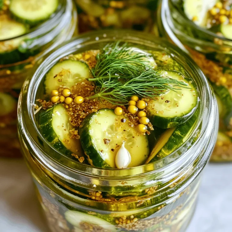 To make crunchy garden pickles, you need a few key items. Here's what you will need: - 4 cups cucumbers, sliced (preferably Kirby or pickling cucumbers) - 1 cup distilled white vinegar - 1 cup water - 2 tablespoons kosher salt - 1 tablespoon sugar - 3 cloves garlic, peeled and sliced - 1 tablespoon dill seeds or 2 sprigs fresh dill - 1 teaspoon mustard seeds - 1 teaspoon black peppercorns - ½ teaspoon red pepper flakes (optional, for heat) These ingredients work together to give your pickles a great taste and crunch. Choosing the right cucumbers is key to great pickles. Look for cucumbers that are firm and bright. Avoid cucumbers with soft spots or wrinkles. Smaller cucumbers, like Kirby or pickling cucumbers, are best. They have fewer seeds and a thicker skin, making them perfect for pickling. Freshness matters, so pick them up at local farmer’s markets if you can. You can add extra flavor to your pickles! Some ideas include: - Fresh herbs like thyme or oregano - Slices of jalapeño for spice - Carrots or onions for a twist Feel free to experiment. Each ingredient can change the taste, making it your own special recipe. For the full recipe, see the Crunchy Garden Pickles section. To start, wash the cucumbers very well. I like using Kirby or pickling cucumbers. They have the best crunch! You can slice them into spears, chips, or halves. Choose your favorite shape! Make sure to slice them evenly so they pickle well. Next, we make the pickling brine. In a saucepan, mix the vinegar, water, kosher salt, and sugar. Heat it on medium. Stir until the salt and sugar dissolve. This should take just a few minutes. After that, remove it from heat and let it cool slightly. Now, grab your jars. You can use one large jar or several smaller ones. Add the sliced garlic, dill seeds, mustard seeds, black peppercorns, and red pepper flakes if you want some heat. Then, pack the cucumber slices tightly over the spices. Pour the cooled vinegar mixture over the cucumbers. Ensure they are fully submerged. Leave about ½ inch of space at the top. Seal the jars with lids and let them cool to room temperature. Once cool, place them in the fridge for at least 24 hours. The longer they sit, the better they taste! You can find the full recipe in our earlier section. To make your pickles crunchy, you must start with the right cucumbers. I recommend using Kirby or pickling cucumbers. They are firm and perfect for pickling. - Use Ice Water: Soak your cucumbers in ice water for a few hours before slicing. This helps them stay crisp. - Add Grape Leaves: Toss a few clean grape leaves into the jar. They contain tannins that help keep pickles crunchy. - Don’t Skip the Salt: Kosher salt is key. It draws out moisture and keeps pickles firm. Many new picklers make simple mistakes. Avoid these to ensure tasty pickles. - Not Using Enough Vinegar: Some recipes skimp on vinegar. A good balance of vinegar keeps pickles tangy and safe. - Skipping the Refrigeration: Let your pickles chill for at least 24 hours. This waiting time helps the flavors mix well. - Overpacking the Jars: If you pack too tightly, the brine won’t flow well. Leave some space to allow the brine to cover all cucumbers. Making your pickles unique is fun and easy! Here are ways to add your twist: - Change the Spices: Want a spicy kick? Add more red pepper flakes or a sliced jalapeño. - Use Different Herbs: Try fresh basil or thyme instead of dill for a new flavor. - Add Sweetness: Experiment with honey or maple syrup instead of sugar. This gives a different taste to your pickles. Explore the full recipe for more details. Enjoy making your own garden pickles! {{image_2}} To make spicy pickles, you add heat with red pepper flakes. For extra kick, use sliced jalapeños or serranos. Start with the basic pickle recipe. Then, add one of these spicy options during the packing step. This change gives your pickles a zesty twist. You can change the flavor of your pickles by adding herbs and spices. Try fresh dill, coriander seeds, or even bay leaves. Each herb adds its own taste. For a tangy twist, add a slice of lemon or lime. Experiment and find what you love best. If you want pickles fast, try quick refrigerator pickles. You use the same ingredients, but skip the long wait. After you pack the cucumbers, pour the hot brine over them. Let them cool, and then store them in the fridge. You can enjoy them in just a few hours! This method gives you crunchy, tasty pickles without the wait. To keep your pickles fresh, store them in the fridge. Use clean glass jars with tight lids. Make sure the cucumbers stay submerged in the brine. This helps them stay crunchy and flavorful. If you see any air bubbles, press the pickles down gently. Homemade pickles can last for about 2 to 4 weeks in the fridge. They taste best in the first week, but they still stay good for longer. As time goes on, their crunch may fade. Check for any signs of spoilage, like off smells or mold. If you see these, it’s best to toss them out. You can freeze pickles, but they will lose their crunch. To freeze, pack them in freezer-safe bags. Pour in some brine to cover the pickles. Seal the bags tightly and remove excess air. When you want to enjoy them, thaw them in the fridge overnight. For the best flavor, eat them within 3 months. Find the full recipe to make your own crunchy garden pickles! Homemade pickles last about two months in the fridge. Their taste may change over time. I find they stay crunchy and flavorful if you eat them sooner. Always check for signs of spoilage before eating. If they smell off or look strange, throw them away. Yes, you can use many vegetables for pickling! Carrots, green beans, and radishes work great. Just cut them into similar sizes as cucumbers. You can also try cauliflower or bell peppers for fun flavors. Each vegetable brings its own taste to the pickling brine. Homemade pickles are low in calories and full of flavor. They can help with digestion due to probiotics. The vinegar in pickles may help control blood sugar levels. Plus, they add a tasty crunch to your meals! Enjoy them in moderation for the best health benefits. Making homemade pickles is fun and simple. You learned about the key ingredients, like fresh cucumbers and flavor boosters. We followed steps to prepare, brine, and store your pickles. I shared tips for crunch and ways to avoid common errors. You now have recipe variations to try, like spicy or quick picks. In the end, homemade pickles offer flavor, health benefits, and a touch of creativity. Enjoy your pickling adventure!