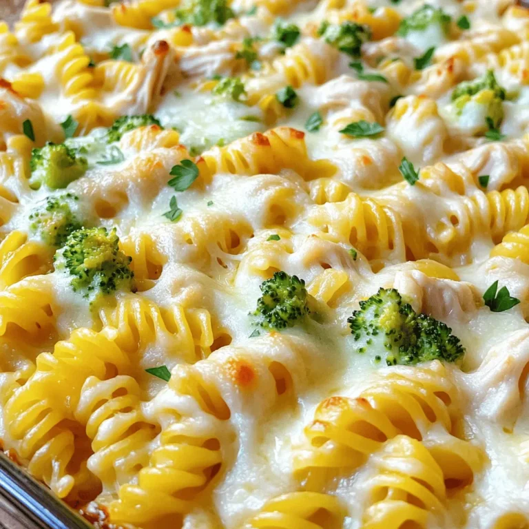 For this dish, you need some key items: - 3 cups cooked rotini pasta - 2 cups cooked chicken breast, shredded - 2 cups Alfredo sauce (store-bought or homemade) - 1 cup broccoli florets, steamed - 1 cup mozzarella cheese, shredded - 1/2 cup Parmesan cheese, grated - 1/2 teaspoon garlic powder - 1/2 teaspoon Italian seasoning - Salt and pepper to taste - Fresh parsley, chopped (for garnish) These main ingredients come together to make a creamy, cheesy delight. The rotini holds the sauce well. The chicken adds protein, and the broccoli gives a nice crunch. You can add more fun to your bake with these options: - Cooked spinach for extra greens - Mushrooms for a savory touch - Bell peppers for a sweet crunch - Different cheeses like cheddar or gouda - Bacon bits for added flavor Feel free to mix and match these ingredients. They let you create the taste you love most. If you need to swap out ingredients, here are some ideas: - Use penne or fusilli pasta instead of rotini. - Swap chicken with turkey or rotisserie chicken. - Try a dairy-free Alfredo sauce for a lighter version. - Use frozen broccoli if fresh is not available. - Replace mozzarella with a low-fat cheese option. These substitutions maintain the dish's spirit while catering to your needs. You can still enjoy a great meal with different flavors! For the full recipe, check out the details above. Start by preheating your oven to 375°F (190°C). This step is key for cooking your dish evenly. While the oven heats, gather all your ingredients. You need cooked rotini pasta, cooked chicken breast, Alfredo sauce, broccoli florets, mozzarella cheese, Parmesan cheese, garlic powder, Italian seasoning, salt, and pepper. Having everything ready makes cooking fun and easy. In a large mixing bowl, combine the cooked rotini, shredded chicken, and Alfredo sauce. Add the steamed broccoli, garlic powder, Italian seasoning, salt, and pepper. Stir the mix until everything gets coated well. This helps all the flavors blend together. Once mixed, transfer it to a greased 9x13 inch baking dish. Now it's time to bake! Sprinkle the shredded mozzarella and grated Parmesan evenly over the pasta mix. Cover the dish with aluminum foil to keep it moist. Bake it for 20 minutes. After 20 minutes, take off the foil and bake for another 10 minutes. You want the cheese to bubble and turn golden brown. When done, let it cool for a few minutes. Garnish with chopped parsley before serving. Enjoy your Easy Chicken Alfredo Bake! For the full recipe, check the recipe section above. To make your Chicken Alfredo Bake shine, use fresh ingredients. Fresh chicken gives great flavor. Fresh broccoli adds color and crunch. Here are some tips: - Cook pasta al dente: This keeps it firm in the bake. - Mix well: Ensure each piece of pasta is coated. - Layer the cheese: Add half during mixing and half on top for a cheesy crust. - Let it rest: This helps flavors blend and makes serving easier. Many home cooks make simple mistakes. Here are some to watch for: - Overcooking pasta: This leads to mushy noodles in the bake. - Skipping seasoning: Salt and pepper boost flavor. Don't skip them! - Not covering while baking: Covering helps the dish cook evenly. - Rushing cooling time: Let it cool for a few minutes before serving to avoid burns. You can adjust the recipe for creaminess or health. To make it creamier: - Add more Alfredo sauce: A little extra sauce boosts richness. - Stir in cream cheese: This makes it extra smooth. For a healthier version: - Use whole wheat pasta: It adds fiber and nutrients. - Swap low-fat cheese: Use part-skim mozzarella or low-fat Alfredo sauce. - Add more veggies: Incorporate spinach or bell peppers for added nutrients. For the full recipe, check the section above. {{image_2}} You can easily swap chicken for veggies. Use cooked mushrooms, spinach, or zucchini. These add great flavor and texture. For a creamy base, stick with the Alfredo sauce. This version is still rich and delicious. You won’t miss the chicken! Feel free to add more veggies to the mix. Bell peppers, peas, or carrots work well. Just chop them up and toss them in. Make sure to steam or sauté them first. This keeps them tender and bright. More color on your plate makes it even more appealing! Cheese can change the whole dish. Try using gouda, cheddar, or feta. Each cheese gives a unique taste. Mix different cheeses for a more complex flavor. You could even add a sprinkle of blue cheese for a bold kick. It’s fun to experiment and find your favorite blend! For the full recipe, check out the details above! To keep your Easy Chicken Alfredo Bake fresh, let it cool first. Once cool, transfer it to an airtight container. You can store it in the fridge for up to three days. Make sure to cover it well to prevent drying out. When you're ready to eat leftovers, preheat your oven to 350°F (175°C). Place the chicken Alfredo bake in an oven-safe dish. Cover it with foil to keep it moist. Heat for about 20 minutes or until warm throughout. You can also use a microwave. Heat in short bursts, stirring in between, until hot. If you want to freeze the dish, do it right after baking. Let it cool completely. Then, wrap it tightly in plastic wrap and foil. You can freeze it for up to two months. When ready to eat, thaw it overnight in the fridge. Reheat it in the oven for the best texture. Enjoy your meal again with great taste! Yes, you can use other types of pasta. Any short pasta works well. Penne, fusilli, or shells all fit nicely. Just cook the pasta until it is al dente. This way, it won’t get mushy in the bake. Using a different shape can also add fun to your dish. To make this dish gluten-free, swap regular pasta for gluten-free pasta. Many brands offer great options now. You can also check the Alfredo sauce for gluten. Some sauces are gluten-free, while others are not. Always read the labels to be sure. This way, everyone can enjoy this tasty bake! This dish pairs well with simple sides. A fresh green salad adds a nice crunch. Garlic bread is another great choice for soaking up sauce. You might also enjoy steamed vegetables. They add color and nutrients to your meal. A light dessert, like fruit, makes a perfect finish! You can find more ideas in the Full Recipe. In this post, I covered the key parts of making an Easy Chicken Alfredo Bake. We explored the main ingredients, steps to bake it, and tips for perfect results. I shared ways to customize the dish with different flavors and veggie options. Storing leftovers is also easy, and reheating is straightforward. Remember, you can adjust ingredients to fit your taste. Keep experimenting with this fun recipe. With these insights, you’ll whip up a tasty dish that everyone will love. Enjoy your cooking!