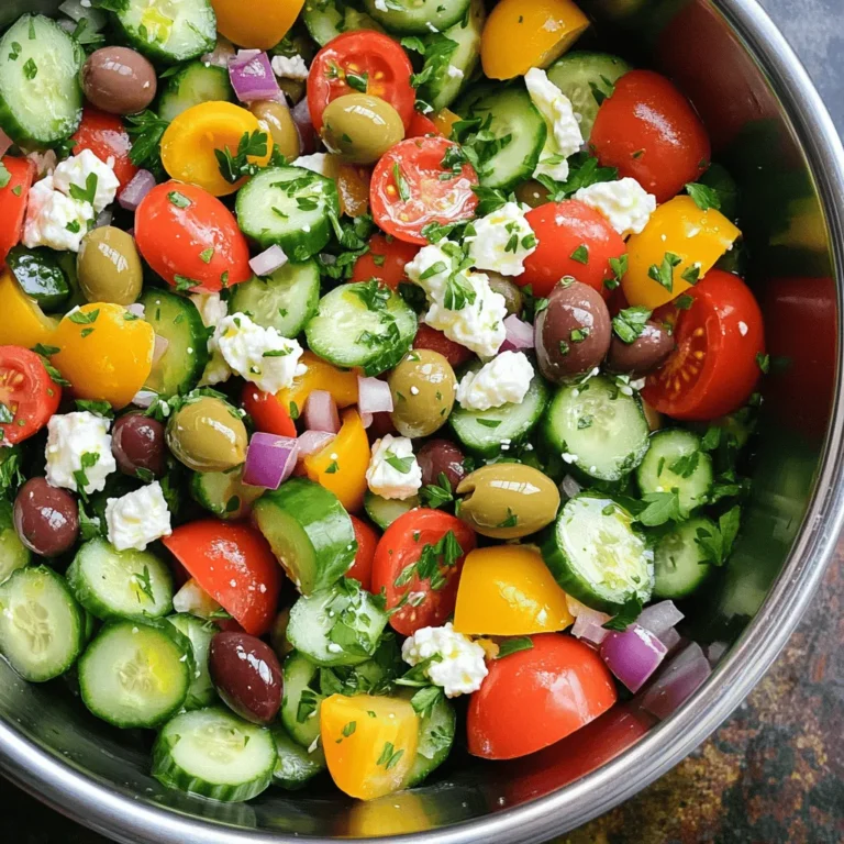 - Cucumber: 2 large - Tomatoes: 3 ripe - Red Onion: 1/2, thinly sliced - Bell Pepper: 1 (green or yellow), diced - Feta Cheese: 1 cup, crumbled - Kalamata Olives: 1/2 cup, pitted and halved - Extra Virgin Olive Oil: 3 tablespoons - Red Wine Vinegar: 2 tablespoons - Dried Oregano: 1 teaspoon - Salt and Pepper: to taste - Fresh Parsley: 2 tablespoons, chopped When I make Greek cucumber tomato feta salad, I love using fresh ingredients. The cucumbers add a crunch, while the tomatoes bring sweetness. I slice the red onion thinly for a gentle bite. Bell peppers add color and more flavor. For the cheese, feta is the star. Its creamy texture pairs well with the veggies. Kalamata olives add a briny touch that enhances the whole dish. The dressing is simple yet powerful. Extra virgin olive oil provides richness. Red wine vinegar adds acidity, balancing the salad. Dried oregano gives it that classic Greek taste. I always season with salt and pepper. Finally, fresh parsley brightens the dish, making it look as good as it tastes. You can find the full recipe [here](#). With these ingredients, you create a crisp and fresh dish that feels like summer on a plate. - Dice cucumbers, tomatoes, and bell pepper. Use a sharp knife for clean cuts. - Slice red onion thinly. This helps it blend well with the salad. - Prepare Kalamata olives by pitting and halving them. This adds a nice briny flavor. - Mix all the diced vegetables in a large bowl. This ensures even distribution of flavors. - Crumble feta cheese over the top. It adds creaminess and tang to the dish. - In a separate small bowl, whisk together olive oil, red wine vinegar, oregano, salt, and pepper. This dressing is key to flavor. - Pour the dressing over the salad mixture. Toss gently to coat all the ingredients well. Follow these steps for a crisp and fresh Greek Cucumber Tomato Feta Salad. For the full recipe, check the section above. Enjoy the burst of flavors in every bite! You can change this salad to fit your taste. Here are some ideas: - Suggested add-ins: Avocado, chickpeas, or artichokes can add creaminess or protein. - Substitute cheese: If you want a different flavor, try goat cheese. You can also use vegan cheese for a plant-based option. This salad tastes best when chilled. Here are ways to serve it: - Best served chilled: Keep your salad in the fridge before serving. - Presentation ideas: Add a sprinkle of parsley and some lemon wedges for a bright look. Letting your salad sit can improve its taste. Keep these tips in mind: - Let the salad sit: Allow it to rest for about 15 minutes before serving. This helps the flavors blend. - Use high-quality olive oil: A good olive oil makes a huge difference in flavor. Choose one that you enjoy. For the full recipe, check out the complete instructions and ingredient list. {{image_2}} You can play with this salad. Try a Mediterranean twist. Add capers and anchovies for a salty kick. You will love the depth of flavor. Another fun option is to add fruits. Watermelon or strawberries can make it sweet and refreshing. These fruits pair well with the salty feta. Want a vegan salad? Simply skip the feta cheese. You can use nutritional yeast instead. It gives a cheesy flavor without dairy. For gluten-free options, check your dressings. Some store-bought dressings may contain gluten. Make sure to read the label. This salad shines in summer. You can throw in diced zucchini or bell peppers. They add crunch and freshness. In winter, swap in hearty greens. Kale or spinach works great. They will make your salad feel cozy and satisfying. For more details on making this delicious dish, check out the Full Recipe. Store your Greek cucumber tomato feta salad in an airtight container. It will stay fresh for up to three days. However, I recommend eating it as soon as you can. The salad tastes best when fresh. Do not freeze this salad. Once frozen, the texture will change. It may become mushy, which is not what we want. Always assemble it fresh when ready to serve. You can prepare the dressing ahead of time. Just mix it in a separate bowl and combine it right before serving. You can also chop the veggies a day in advance. This makes for quick assembly on serving day. For the best flavor, let it sit for a few minutes before serving. You can find the full recipe in the article. To make this salad vegan, simply remove the feta cheese. You can replace it with tofu or a store-bought vegan feta. These options give you a similar taste and texture. You can also add more veggies or nuts for added flavor and crunch. If you don't have feta cheese, try goat cheese or ricotta. You can also use nutritional yeast for a cheesy flavor without dairy. For a nutty twist, consider using tahini or a mix of cashews and lemon juice. This salad stays fresh for about three days in the fridge. However, the cucumbers may lose some crunch. To keep it fresh, store it in an airtight container. Avoid adding the dressing until you're ready to eat. Yes, adding protein is a great idea! Grilled chicken, shrimp, or chickpeas work well. Just make sure to cook the meat properly before adding it to the salad. This will make your dish more filling and nutritious. For salads, cut cucumbers into small, even pieces. You can slice them into rounds or dice them into cubes. Using a sharp knife will help you get clean cuts. This will make your salad look nice and help all the ingredients mix well. This blog post guides you through making a fresh and tasty salad. We covered the key ingredients: fresh veggies, cheese, olives, and a simple dressing. Preparation steps help you mix everything easily. Customization tips let you adapt it to your taste. Remember, serving it chilled makes it even better. In the end, enjoy being creative with flavors and ingredients. Use what you love. This salad is a healthy dish enjoyed year-round. Keep it fresh, customize it, and savor every bite.