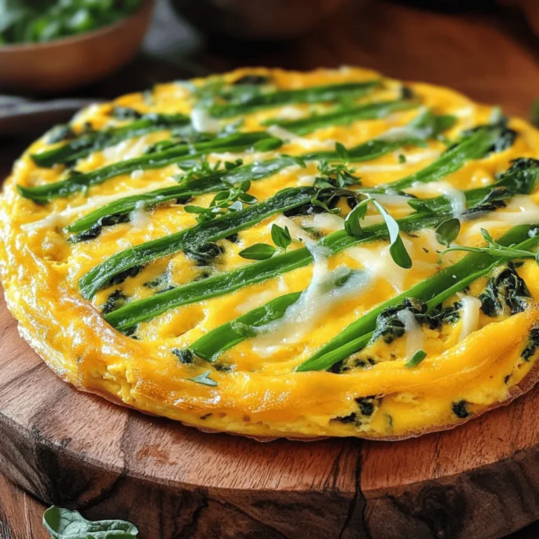 - 6 large eggs - 1 cup fresh spinach, chopped - 1 cup shredded cheese (cheddar, feta, or a mix) - 1/2 cup milk - 1/4 cup diced onion - 2 cloves garlic, minced - 2 tablespoons olive oil - Salt and pepper to taste - Optional: a pinch of nutmeg for added flavor When I make my spinach and cheese frittata, I focus on fresh ingredients. Fresh spinach gives a bright taste. Use large eggs for a fluffy texture. Shredded cheese adds creaminess and flavor. I like mixing cheeses for depth, like cheddar and feta. The milk helps bind the eggs. Diced onion adds sweetness, while minced garlic brings warmth. Olive oil is perfect for sautéing. Don’t forget salt and pepper. They enhance every bite. A pinch of nutmeg is optional but adds a nice twist. - Cheese Alternatives: Try mozzarella or goat cheese for a different flavor. - Milk Options: Dairy and Non-Dairy: Use almond or oat milk for a lighter version. - Vegetarian Add-ins: Add bell peppers, mushrooms, or zucchini for more veggies. If you want to change things up, cheese alternatives work well. Mozzarella gives a milder taste. Goat cheese adds tanginess. For milk, almond or oat milk makes it lighter and dairy-free. Adding more veggies can boost health and taste. Bell peppers add sweetness, while mushrooms bring earthiness. Zucchini adds moisture and crunch. Feel free to mix and match! For the full recipe, check out the details above. - Preheat Oven Start by preheating your oven to 375°F (190°C). This step is crucial for even cooking. - Whisking Eggs In a medium bowl, whisk together 6 large eggs, 1/2 cup milk, salt, and pepper. You can add a pinch of nutmeg if you like. Mix until everything is smooth. - Sautéing Onion and Garlic Heat 2 tablespoons of olive oil in an oven-safe skillet over medium heat. Add 1/4 cup diced onion. Cook for about 3-4 minutes until the onion turns soft. Then, add 2 cloves of minced garlic and sauté for another 1-2 minutes. The garlic should smell fragrant but not burnt. - Adding Spinach Next, add 1 cup of chopped fresh spinach to the skillet. Cook for 2-3 minutes until it wilts down. Stir it in with the onion and garlic for even flavor. - Mixing in Egg Mixture Pour the egg mixture into the skillet. Gently stir it to mix the spinach and onions throughout. Make sure the eggs coat everything well. - Baking the Frittata Sprinkle 1 cup of shredded cheese on top of the egg mixture. Cook it on the stovetop for 2-3 minutes, letting the edges set. After that, transfer the skillet to your preheated oven. Bake for 15-20 minutes. The frittata should puff up and turn golden. A toothpick inserted in the center should come out clean. - Cooling and Slicing Once baked, remove the skillet from the oven. Let the frittata cool for a few minutes. Then, slice it into wedges. - Presentation Ideas For a lovely presentation, serve the frittata slices on a rustic wooden board. You can also use individual plates. Garnish with fresh herbs like parsley or basil for color. - Serving Suggestions This frittata pairs well with a side salad or some fresh fruit. It’s a great dish for breakfast, brunch, or even dinner. Check out the Full Recipe for more tips! To cook a perfect frittata, you need to pay attention to texture. You want it to be fluffy, not dry. Stir the egg mixture gently to keep air in. This will help it rise while baking. An oven-safe skillet is key for the frittata. It lets you start on the stovetop and finish in the oven. This method helps set the edges while keeping the center soft. Using a lid while cooking on the stovetop can help. Covering the skillet for a few minutes traps steam and cooks the eggs evenly. Just be careful not to overcook. Adding spices can boost the taste of your frittata. Try a pinch of paprika or some fresh herbs like basil or dill. These will add depth and freshness to each bite. You can also mix in other vegetables. Bell peppers, mushrooms, or zucchini work well. They add flavor and make your frittata more colorful. To melt cheese perfectly, add it on top of the egg mixture. This way, it gets bubbly and golden as it bakes. Don't be shy with the cheese; it adds richness and creaminess to your dish. For the full recipe and more tips, check out the Spinach and Cheese Frittata 🥬 recipe. {{image_2}} You can change your frittata with seasonal veggies. In spring, use fresh asparagus, peas, or artichokes. These flavors bring a bright taste. In winter, think of hearty ingredients. Use sweet potatoes, kale, or roasted red peppers. These will add warmth and depth. If you need gluten-free options, just skip the flour. The frittata is already gluten-free. For a low-carb version, cut back on the milk. You can also use less potato or leave it out. This keeps it light and healthy. Frittatas shine at any meal. For breakfast, serve with toast or fruit. This gives a nice balance. For dinner, pair it with a side salad or roasted veggies. You can even shift it to lunch. Add some whole grain bread for a filling meal. These variations let you enjoy your Spinach and Cheese Frittata in new ways. Explore different tastes and enjoy every bite! For the complete cooking method, check the Full Recipe. - Best Practices for Refrigeration After you enjoy your frittata, cool it to room temperature. Then, slice it into pieces. Place the slices in an airtight container. Store it in the fridge for up to three days. This keeps the frittata fresh and tasty. - Freezing Instructions If you have more frittata than you can eat, freeze it! Wrap each slice in plastic wrap. Then, place the slices in a freezer bag. Label the bag with the date. You can freeze it for up to three months. When you want to eat it, thaw it in the fridge overnight. - Oven vs. Microwave The oven is best for reheating. Preheat it to 350°F (175°C). Place the frittata on a baking sheet and cover it with foil. Heat for about 10-15 minutes. This method keeps it warm and fluffy. The microwave is quick but can make it rubbery. If you use the microwave, heat it on medium for 1-2 minutes. - Maintaining Texture and Flavor To keep your frittata's taste, add a splash of water before reheating. This helps steam it while warming. Remember, the less you heat it, the better it will taste. Enjoy your Spinach and Cheese Frittata from the [Full Recipe] with these easy tips! To make a Spinach and Cheese Frittata, follow these key steps: - Preheat your oven to 375°F (190°C). - Whisk together 6 eggs, 1/2 cup milk, salt, and pepper. - Heat 2 tablespoons olive oil in an oven-safe skillet. - Sauté 1/4 cup diced onion for 3-4 minutes. - Add 2 cloves minced garlic and 1 cup chopped spinach. - Cook until the spinach wilts, about 2-3 minutes. - Pour in the egg mixture and stir gently. - Add 1 cup of shredded cheese on top. - Cook on the stovetop for 2-3 minutes. - Transfer to the oven and bake for 15-20 minutes. - Let cool, slice, and serve. This frittata is simple and packed with flavor. For the full recipe, check out the details above. Yes, you can use frozen spinach in your frittata. Here are some tips: - Thaw the spinach before use. - Squeeze out excess water to avoid a soggy dish. - Use about 1/2 cup of frozen spinach to replace fresh. - Add it with the garlic, cooking until heated through. Frozen spinach works well and saves time. It is also a great way to keep your frittata nutritious. A frittata can last up to 4 days in the fridge. Here are some storage tips: - Store it in an airtight container. - Let it cool completely before sealing. - Reheat only the portion you want to eat. For safety, always check for any signs of spoilage before eating. Enjoy your frittata fresh for the best taste! We covered the key ingredients for a delicious spinach and cheese frittata. You learned how to prepare, cook, and store it. With tips for perfect texture and flavor, you can enjoy this dish anytime. There are also variations for every season and dietary need. Try different veggies and cheeses to make it yours. Cooking should be fun and easy. With these steps, you will have tasty meals ready to enjoy.