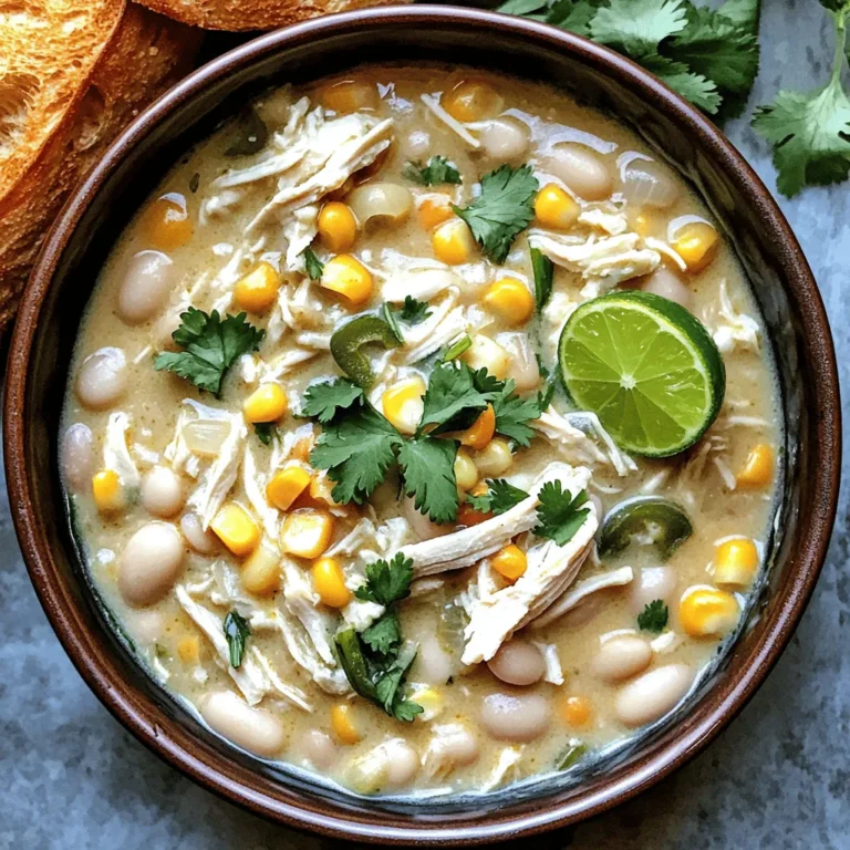 - 2 cups cooked chicken, shredded - 1 can (15 oz) white beans, drained and rinsed - 1 can (4 oz) diced green chilies - 1 medium onion, diced - 3 cloves garlic, minced - 1 cup corn (fresh or frozen) - 4 cups chicken broth - 1 cup heavy cream - 1 teaspoon cumin - 1 teaspoon chili powder - 1 teaspoon dried oregano - Salt and pepper to taste - 2 tablespoons olive oil - Fresh cilantro, for garnish - Lime wedges, for serving The main ingredients form the base of the creamy white chicken chili. Cooked chicken brings protein and flavor. White beans add creaminess and fiber. Diced green chilies give it a mild kick, while the onion and garlic provide depth. For additional flavor, corn adds sweetness and texture. Chicken broth keeps it moist and rich. Heavy cream transforms the chili into a comfort dish that feels indulgent. Spices are the heart of this recipe. Cumin adds warmth, while chili powder brings a hint of spice. Dried oregano rounds out the flavors. Season with salt and pepper to taste. Using fresh cilantro as a garnish brightens the dish. Lime wedges enhance the flavors when squeezed on top. This combination makes every bite a delight. You can find the Full Recipe in the detailed instructions above. - Heat olive oil in a large pot over medium heat. - Sauté diced onion until translucent. - Add minced garlic and cook until fragrant. Start by heating the olive oil. This helps to bring out the flavors. Onion adds a nice sweetness to the chili. Cook it for about five minutes. Once it turns translucent, add the minced garlic. Garlic brings a rich aroma and taste. Cook it just until you smell it, which should take about one minute. - Stir in the shredded chicken, green chilies, corn, and white beans. - Pour in chicken broth and bring to a gentle simmer. Next, add the shredded chicken. This is where the chili gets its heartiness. Mix in the green chilies, corn, and white beans. Each ingredient adds its own unique flavor. Once everything is well combined, pour in the chicken broth. This will create a lovely base for your chili. Bring the mixture to a gentle simmer. This allows the flavors to blend beautifully. - Add cumin, chili powder, and oregano. - Let simmer for 15 minutes to meld flavors. - Reduce heat and stir in heavy cream, cooking for an additional 5 minutes. Now it's time to add spices. Sprinkle in the cumin, chili powder, and oregano. These spices give the chili its warm and comforting taste. Let the chili simmer for 15 minutes. This is when the magic happens, and the flavors meld together. After that, reduce the heat and stir in the heavy cream. This will make your chili creamy and rich. Cook it for another five minutes to heat through. Enjoy every spoonful of your creamy white chicken chili! You can find the Full Recipe if you want precise instructions or to share with friends. - Use leftover roast chicken for convenience. This saves time and adds flavor. - Adjust spice levels by varying chili powder amount. Start with less if unsure. - Serve in deep bowls garnished with cilantro. This adds a fresh touch. - Pair with warm crusty bread or tortilla chips. They make great dippers. - Ensure chicken is thoroughly cooked to avoid foodborne illness. Use a meat thermometer. - Keep leftovers refrigerated within 2 hours of cooking. This helps prevent spoilage. {{image_2}} You can change up the protein in this dish. Substitute shredded turkey or tofu for the chicken. This keeps the meal tasty while adding variety. Use a low-fat cream or coconut milk for lighter options. These swaps help you enjoy a creamy dish without too many calories. To kick up the heat, add diced jalapeños. This gives your chili a nice spicy kick. You can also incorporate smoked paprika for a smoky flavor. This adds depth and warmth to your dish, making it even more appealing. You can make this chili gluten-free by checking your broth label. Many brands offer gluten-free options. For a vegan version, use beans and vegetables only. Replace the cream with coconut milk for a rich taste without dairy. These modifications let everyone enjoy this comforting dish. Store your creamy white chicken chili in an airtight container. It stays fresh for up to 3 days. Make sure it cools down before you seal it up. This helps keep the flavors intact. You can freeze the chili in a suitable container for up to 3 months. To thaw, place it in the refrigerator overnight. This method keeps the texture and flavor from changing too much. When ready to enjoy, reheat on the stove over low heat. Add a splash of broth if it seems too thick. You can also microwave it in short intervals. Just remember to stir frequently to heat it evenly. You can use half-and-half, sour cream, or coconut milk as alternatives. Half-and-half gives a nice creaminess. Sour cream adds a tangy touch. Coconut milk is great for a dairy-free option. It has a mild spice level; adjust chili powder to increase heat. If you like it hot, add more chili powder. You can also add jalapeños or hot sauce to spice it up. Yes, you can combine ingredients in a slow cooker and cook on low for 6-8 hours. This method makes it easy and lets the flavors blend well. Just add the heavy cream in the last hour. You can thicken it by adding more beans or using a cornstarch slurry. A slurry is made by mixing cornstarch with water, then stirring it into the chili. This method works fast and keeps it creamy. It pairs well with tortilla chips, cornbread, or a fresh salad. Tortilla chips add crunch, while cornbread is a nice side. A salad brings a refreshing balance to the dish. You can find the Full Recipe for Creamy White Chicken Chili in the provided instructions. You now have a complete guide to making Creamy White Chicken Chili. We covered the key ingredients, easy steps, and useful tips. If you follow these instructions, your chili will be tasty and satisfying. Remember, you can adjust the flavors to fit your taste. Try out different ingredients or serving options. Feel free to store leftovers for later enjoyment. Enjoy your cooking journey, and stay safe in the kitchen!