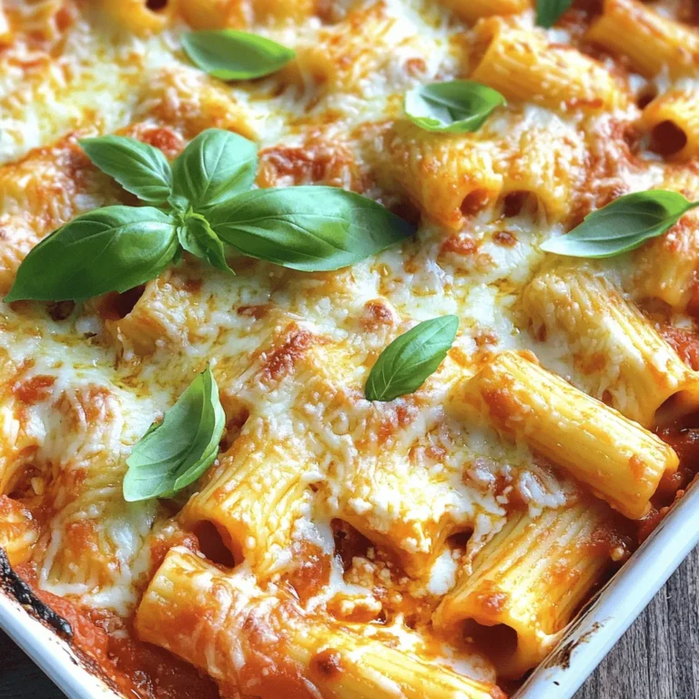- Ziti pasta - Marinara sauce - Ricotta cheese - Mozzarella cheese - Parmesan cheese For this Easy Cheesy Baked Ziti, you will need specific amounts of each ingredient. Here’s a quick breakdown: - Ziti pasta: 12 oz - Marinara sauce: 2 cups - Ricotta cheese: 1 cup - Mozzarella cheese: 2 cups shredded - Parmesan cheese: 1/2 cup grated If you have dietary needs, you can swap some ingredients. For a gluten-free option, try gluten-free pasta. If you want a lighter dish, use low-fat cheeses. If you're lactose intolerant, look for dairy-free versions of ricotta and mozzarella. Garnishes add a nice touch. Here are some ideas: - Fresh basil leaves: These add a bright flavor. - Crushed red pepper flakes: For some heat. - Chopped parsley: For color and freshness. Feel free to mix and match garnishes to suit your taste! For the complete recipe, check the Full Recipe section. Boiling the ziti is the first step. You need to bring a large pot of salted water to a boil. Once it bubbles, add the ziti pasta. Stir gently to prevent sticking. Cook the ziti until it is al dente, which usually takes about 8-10 minutes. Al dente means the pasta is firm but not hard. Drain the pasta and set it aside. For perfect al dente pasta, check it a minute or two before the time on the package. The pasta should have a slight bite to it. If you overcook it, the ziti will become mushy in the oven. Now, let’s make the cheese sauce. In a large mixing bowl, combine the marinara sauce, ricotta cheese, garlic powder, and Italian seasoning. Mix these well until smooth. Add half of the mozzarella cheese to the bowl and stir again. Seasoning is very important here. Taste the mixture and add salt and pepper to your liking. A well-seasoned sauce makes the dish pop with flavor. Next, transfer the ziti mixture to a greased 9x13 inch baking dish. Spread it out evenly with a spatula. This helps the dish cook uniformly. Now, sprinkle the rest of the mozzarella cheese and the grated Parmesan cheese over the top. For even cheese distribution, make sure to cover all areas of the ziti. This ensures every bite has cheesy goodness. Bake in the preheated oven at 375°F (190°C) for about 25-30 minutes. The cheese should melt and bubble. Once it’s done, let it sit for 5 minutes before serving. This helps the dish set and makes it easier to serve. For the full recipe, check [Full Recipe]. To make your Easy Cheesy Baked Ziti stand out, focus on flavor. Here are some tips: - Use fresh herbs like basil for extra taste. - Choose a good-quality marinara sauce. It makes a big difference. - Add garlic powder for a warm touch. This gives depth to your dish. Avoid common mistakes to ensure success: - Do not overcook your ziti. It should be firm, not mushy. - Mix the cheese sauce well. This helps every bite be cheesy. - Don’t skip the resting time after baking. This helps the dish set. Pair your baked ziti with these tasty side dishes: - A fresh garden salad with lemon vinaigrette. - Garlic bread for a crunchy bite. - Steamed veggies like broccoli or green beans. For presentation, try these ideas: - Serve in a colorful dish to make it pop. - Top with fresh basil leaves for a nice touch. - Drizzle with olive oil for a shiny finish. To keep your baked ziti tasty when reheating, follow these steps: - Use an oven set to 350°F (175°C) for even heating. - Cover with foil to prevent drying out. For serving leftovers, try this: - Place ziti in a bowl and sprinkle fresh cheese on top. - Add a squeeze of lemon juice for a fresh taste boost. {{image_2}} You can easily make baked ziti vegetarian. Adding vegetables boosts nutrition and flavor. Good choices include spinach, zucchini, or bell peppers. Chop them small and mix them with the pasta and cheese sauce. You can also use a creamy white sauce instead of marinara. This change gives a new taste and keeps it rich. For those who love meat, adding ground beef or sausage works great. Brown the meat in a pan before mixing it with the pasta. This adds depth and flavor to your dish. If you want lighter options, consider turkey or chicken. You can also try plant-based proteins like lentils or chickpeas for a healthy twist. Cheese is the star of baked ziti. While mozzarella is a must, you can mix it up. Try using provolone for a sharp taste or gouda for a smoky flavor. Each cheese adds its own unique touch. Mixing different cheeses creates a richer, creamier dish. Don’t be afraid to experiment with your favorites! For the full recipe, check out the [Full Recipe]. After your Easy Cheesy Baked Ziti cools, store it in the fridge. Use an airtight container. This keeps the dish fresh and tasty. It’s best to eat leftovers within three to five days. If you want to keep it longer, freezing is a great option. To freeze, wrap the ziti well in plastic wrap or foil. Be sure to use a freezer-safe container. This helps prevent freezer burn. Baked ziti can last in the fridge for about three to five days. If you freeze it, it can last for two to three months. Look for signs of spoilage. If you notice a bad smell, mold, or a change in color, it’s time to toss it. Always check before eating leftover ziti. To reheat ziti from the fridge, preheat your oven to 350°F (175°C). Place the ziti in a baking dish. Cover it with foil to keep it moist. Heat for about 20 minutes or until it's warm all the way through. If you're reheating from the freezer, let it thaw in the fridge overnight. Then, follow the same steps as before. You can also reheat it in the microwave. Use a microwave-safe dish and cover it to keep it from drying out. Heat in short bursts, stirring in between. Enjoy your tasty meal! It takes about 45 minutes to make Easy Cheesy Baked Ziti. Here’s how the time breaks down: - Prep time: 10 minutes - Cook time: 25-30 minutes You will spend a little time boiling the pasta and mixing the sauce. Then, you bake it until the cheese melts and bubbles. This dish is quick and perfect for busy nights. Yes, you can make Baked Ziti ahead of time. Here’s how: 1. Prepare the ziti as directed in the recipe. 2. Allow it to cool before covering. 3. Store it in the fridge for up to 24 hours. On baking day, just pop it in the oven. You may need to increase baking time by about 5-10 minutes if it’s cold. If you don’t have ricotta cheese, there are great alternatives. You can use: - Cottage cheese for a similar texture - Cream cheese for a richer taste - Greek yogurt for a healthy twist These options still give you a creamy texture and nice flavor in your Baked Ziti. Each substitute changes the taste a bit but can still be delicious. For the full recipe, check back to see how it all comes together! In this blog post, we covered how to make Easy Cheesy Baked Ziti. We looked at the key ingredients, instructions, and helpful tips. I shared ways to customize your dish with different cheeses or proteins. I also included storage ideas and FAQs to help you succeed. Overall, mastering Baked Ziti means enjoying a delicious meal that you can share. With practice, you’ll create dishes that impress everyone at the table. Happy cooking!