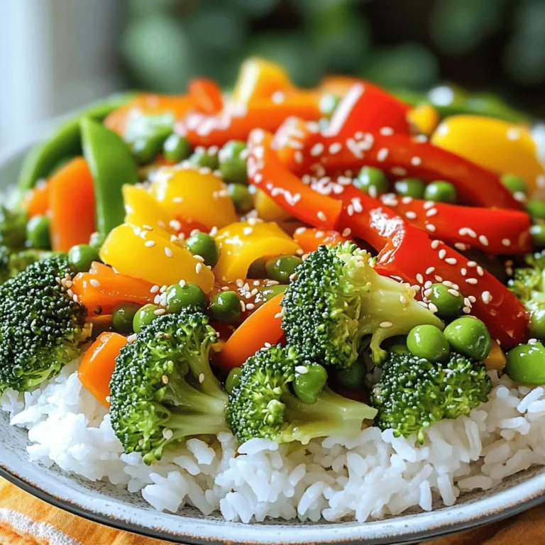 - 1 cup of broccoli florets - 1 red bell pepper, sliced - 1 yellow bell pepper, sliced - 1 carrot, julienned - 1 cup sugar snap peas - 2 cloves garlic, minced - 1 tablespoon fresh ginger, grated - 3 tablespoons soy sauce (or tamari for gluten-free) - 1 tablespoon sesame oil - 1 tablespoon olive oil - 1 teaspoon honey or maple syrup (optional for sweetness) - Sesame seeds for garnish - Cooked rice or quinoa for serving You can swap out any veggies you do not like. Try zucchini or mushrooms instead. If you want more protein, add tofu or chicken. For gluten-free, use tamari instead of soy sauce. You only need a few items for this dish. A large skillet or wok works best. A cutting board and knife help you chop your veggies. Also, have small bowls to prep your sauces and oils. - Wash and cut all vegetables as specified. - Heat olive oil in a skillet or wok. Start by washing all your fresh veggies. Use a cutting board to slice your bell peppers and julienne your carrot. This prep helps each piece cook evenly. Next, heat your olive oil in a large skillet or wok over medium-high heat. The oil should shimmer before adding any ingredients. - Stir-fry garlic and ginger until fragrant. - Add vegetables in stages for even cooking. Once the oil is hot, add minced garlic and grated ginger. Stir-fry these for about 30 seconds. You want to smell the lovely aroma. Now, add the broccoli and sliced bell peppers first. Stir-fry for 3 to 4 minutes. They should soften yet remain crisp. Next, toss in the carrot and sugar snap peas. Keep stir-frying for another 2 to 3 minutes. This way, every veggie cooks just right. - Add soy sauce, sesame oil, and sweetener if desired. - Serve with sesame seeds on top and over rice or quinoa. Now it's time for the flavor! Pour in the soy sauce and sesame oil. If you like a touch of sweetness, add honey or maple syrup. Toss everything to coat the veggies well. Cook for one or two more minutes. Be careful not to overcook; you want those colors to pop. Finally, remove from heat and sprinkle sesame seeds on top. Serve your veggie stir-fry over warm rice or quinoa for a tasty meal. For the full details, check out the Full Recipe. To boost flavor, I love using fresh herbs. Basil and cilantro add a bright taste. You can also try spices like crushed red pepper for some heat. For the perfect crispness, don't overcrowd the pan. This keeps each piece cooking evenly. Understanding heat levels is key. Start with medium-high heat to get that nice sear. Stirring frequently is important too. It helps cook vegetables evenly and prevents burning. One mistake is cutting veggies too large. They won’t cook well and can turn mushy. Another error is cooking too long. Keep your stir-fry quick to maintain vibrant colors and crunch. Always prep your ingredients before you start cooking. This makes the process smooth and fun. For more ideas, check out the Full Recipe! {{image_2}} For a colorful and tasty stir-fry, you can mix and match veggies. Try using seasonal vegetables like zucchini, asparagus, or mushrooms. Each season brings new flavors, so explore what is fresh. You can also add protein like tofu or tempeh. Tofu soaks up flavors well, making it a great choice. Tempeh adds texture and a nutty taste. Just cut them into small cubes and toss them in the skillet with your veggies. If you need gluten-free options, use tamari instead of regular soy sauce. It tastes just as good without gluten. For a low-carb adaptation, swap rice or quinoa with cauliflower rice. This keeps your meal light while still being filling. You won’t miss the carbs, and it adds a nice crunch. Serve your veggie stir-fry with a side of fresh salad. A light cucumber or carrot salad adds a nice crunch. For a creative twist, try serving it in a lettuce wrap. This makes for a fun and interactive meal. You can also top your stir-fry with sliced green onions or crushed peanuts for extra flavor and texture. For the full recipe, check out the details above to make this easy dish at home. To keep your veggie stir-fry fresh, use airtight containers. Glass or BPA-free plastic works best. Let the stir-fry cool before sealing it. This helps prevent steam build-up that can make it soggy. Store your leftovers in the fridge. Make sure to eat them within three days for the best taste. When you reheat your stir-fry, keep it crispy. For the microwave, place it in a bowl. Cover it with a damp paper towel to keep moisture in. Heat for about one minute, then stir. If you use the stovetop, heat it in a skillet over medium heat. Add a tiny splash of water to steam and revive the veggies. Stir until hot, but avoid overcooking. In the fridge, your stir-fry lasts about three days. If you want to freeze it, do so in an airtight container. It can last up to two months in the freezer. When you’re ready to eat it, thaw it overnight in the fridge. Then, reheat it following the tips mentioned above for the best results. You can add fresh herbs like basil or cilantro for great taste. Use garlic and ginger for a nice kick. A splash of lime juice brightens the dish. You can also try adding red pepper flakes for heat. Experiment with different sauces, like teriyaki or hoisin, for depth. Mixing in nuts or seeds adds crunch and flavor too. Yes, you can prep your veggies ahead of time. Wash and cut them into desired shapes. Store them in airtight containers in the fridge. This makes cooking quicker and easier. You can also mince garlic and ginger in advance. Just remember to keep them in separate containers. Fresh veggies cook best when they are ready to go. If you need a soy sauce substitute, try tamari for gluten-free options. Coconut aminos is a great choice for a sweeter taste. You can also use liquid aminos, which is similar in flavor. For a homemade option, mix broth with a little vinegar and honey. This gives a nice umami flavor without soy sauce. To keep veggies crisp, cook them quickly over high heat. Cut them into similar sizes for even cooking. Add them in stages, starting with harder ones first. Stir-fry them just until they are tender but still bright. Don’t overcrowd the pan, as this traps steam. This way, your stir-fry stays colorful and crunchy. For more details, check the Full Recipe. This blog post covered an easy veggie stir-fry. You learned about key ingredients, step-by-step cooking, and helpful tips. Enhancing flavors and avoiding common mistakes can make a big difference. Remember, you can swap vegetables or make it gluten-free. Store leftovers properly for later enjoyment. Use the reheating tips to keep your meal crisp. With this guide, you can create tasty and colorful dishes that anyone will love. Enjoy your cooking!