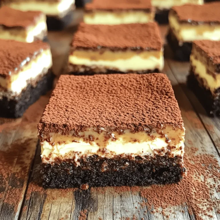 To create the perfect Tiramisu Brownies, you'll need the following ingredients: - ½ cup unsalted butter - 1 cup granulated sugar - 2 large eggs - 1 teaspoon vanilla extract - ¾ cup all-purpose flour - ¼ cup unsweetened cocoa powder - 1 teaspoon baking powder - ½ teaspoon salt - 1 cup strong brewed coffee, cooled - 1 cup mascarpone cheese - ½ cup powdered sugar - 1 teaspoon vanilla extract (for the mascarpone layer) - 2 tablespoons cocoa powder (for dusting) Each ingredient plays a key role in bringing this dessert to life. The butter provides richness, while the sugar adds sweetness. Eggs help bind everything together, giving the brownies a soft texture. Flour and cocoa powder create the base, while baking powder helps them rise. The cooled coffee gives the brownies a deep, rich flavor. Mascarpone cheese adds creaminess, and powdered sugar sweetens the topping. Finally, a dusting of cocoa powder gives a beautiful finish. By using quality ingredients and following the Full Recipe, you ensure a delightful treat that satisfies every sweet tooth. 1. Preheat and Prepare the Baking Pan Start by preheating your oven to 350°F (175°C). Grease an 8x8 inch baking pan with butter or line it with parchment paper for easy removal. 2. Melt Butter and Mix Sugar In a medium saucepan, melt ½ cup of unsalted butter over low heat. Once melted, remove it from the heat. Stir in 1 cup of granulated sugar until it is well combined. 3. Incorporate Eggs and Vanilla Beat in 2 large eggs one at a time. Mix well after each egg. Then, add 1 teaspoon of vanilla extract and stir until smooth. 1. Sift Together Dry Mixtures In a separate bowl, sift together ¾ cup of all-purpose flour, ¼ cup of unsweetened cocoa powder, 1 teaspoon of baking powder, and ½ teaspoon of salt. 2. Mix Dry and Wet Ingredients Gradually add the dry mixture to the wet ingredients. Stir until just combined. Be careful not to overmix, as this can affect the texture. 1. Pour Batter into the Prepared Pan Pour the brownie batter into the prepared pan. Smooth the top with a spatula for an even bake. 2. Baking Time and Testing for Doneness Bake in the preheated oven for 20-25 minutes. To test for doneness, insert a toothpick into the center. It should come out with a few moist crumbs. 1. Whisk Together Mascarpone and Sugars While the brownies bake, prepare the mascarpone layer. In a medium bowl, whisk together 1 cup of mascarpone cheese, ½ cup of powdered sugar, and 1 teaspoon of vanilla extract until smooth and creamy. 2. Spread Over Baked Brownies Once the brownies cool for about 10 minutes, spread the mascarpone mixture evenly over the top. 1. Soak with Coffee Poke holes in the warm brownies with a toothpick. Slowly pour 1 cup of cooled brewed coffee over them. Let the coffee soak in for rich flavor. 2. Dust with Cocoa Powder After the coffee has soaked in, dust the top with 2 tablespoons of cocoa powder for a nice finish. 3. Refrigeration Time Refrigerate the brownies for at least 2 hours before serving. This helps the flavors meld together beautifully. For the complete guide, check the Full Recipe for Tiramisu Brownies. To get the best Tiramisu brownies, focus on the right consistency. Your batter should be smooth but thick. Overmixing can make them tough, so stop mixing once all is combined. Baking evenly is key. If your oven has hot spots, rotate the pan halfway through. This helps them bake uniformly. Check for doneness by inserting a toothpick. It should come out with a few moist crumbs. Choosing the right baking pan matters. I like an 8x8 inch glass or metal pan. Metal pans can give you a nice, crisp edge. Glass pans help keep moisture, so choose what you prefer. Essential kitchen tools include a whisk, spatula, and measuring cups. A toothpick is also a must for testing brownie doneness. Having these tools at hand makes the process easy and fun. Want to add a twist? Consider optional add-ins like chocolate chips or nuts. These can add texture and richness. You can also try flavored coffee for a unique twist. Pair your Tiramisu brownies with a scoop of vanilla ice cream or whipped cream. This adds creaminess and balances the coffee flavor. For a special touch, serve with a shot of espresso on the side. For the full recipe, you can check out the main section of the article. {{image_2}} You can make these brownies gluten-free by swapping the flour. Use almond flour or gluten-free flour blends instead of all-purpose flour. This change keeps the brownies moist and rich while being safe for those with gluten allergies. If you use almond flour, the taste will have a nice nutty flavor. If you want to make these brownies vegan, there are easy swaps. For the mascarpone layer, use a plant-based cream cheese. Brands like Kite Hill make great options. You can also use coconut cream for a richer taste. For the butter, try coconut oil or vegan butter. These options add flavor and keep the texture smooth. Instead of eggs, use flaxseed meal or applesauce. Mix 1 tablespoon of flaxseed meal with 2.5 tablespoons of water for each egg. Let it sit for a few minutes to thicken. Applesauce works as well, using ¼ cup for each egg. This keeps the brownies moist and delicious. You can change the flavor of these brownies easily. Try adding almond extract or espresso powder to the batter. These flavors pair well with chocolate and coffee. This twist gives your brownies a unique taste that surprises everyone. Instead of cocoa powder, consider using crushed nuts or chocolate shavings on top. They add a crunchy texture and make the dessert look fancy. You can even drizzle with caramel or chocolate sauce for an extra sweet touch. For the full recipe, check out the detailed instructions above! To keep your Tiramisu brownies fresh, follow these tips: - Refrigerating Leftovers: Store your brownies in an airtight container in the fridge. This helps preserve their rich flavors and creamy texture. They can stay fresh for about 5 days. - Freezing Instructions: If you want to save some for later, freeze them. Wrap each brownie tightly in plastic wrap. Put them in a freezer-safe bag. They can last up to 3 months in the freezer. Just remember to thaw them in the fridge before enjoying. How long do Tiramisu brownies last? When stored properly, Tiramisu brownies can last about 5 days in the fridge. If you freeze them, they will remain good for up to 3 months. Just make sure to check for any signs of freezer burn before enjoying. What are the best methods to reheat for optimal texture? For the best taste, reheat your brownies in the oven. Preheat it to 350°F (175°C). Place the brownies on a baking sheet and cover them with foil. Heat for about 10 minutes. This keeps the brownies moist and warm. You can also use a microwave but be careful not to overheat. Just warm them for 10-15 seconds at a time. Enjoy your delicious Tiramisu brownies! Can I make Tiramisu Brownies ahead of time? Yes, you can make Tiramisu Brownies in advance. Just store them in the fridge. They taste even better after a day or two, as the flavors meld. What if I don’t have mascarpone cheese? If you can't find mascarpone cheese, cream cheese works well. Mix it with some heavy cream to get a similar texture. How do I know when the brownies are done baking? Check for doneness by inserting a toothpick into the center. It should come out with a few moist crumbs but not wet batter. Can I add more coffee to the recipe? Absolutely! Adding more coffee will enhance the flavor. Just ensure it doesn’t make the batter too runny. What’s the best way to cut brownies? For neat cuts, use a sharp knife. Dip it in hot water and wipe it dry after each cut. This helps avoid messy edges. Are Tiramisu Brownies suitable for special diets? Tiramisu Brownies can be adapted for some diets. Gluten-free flour works well for those avoiding gluten. Just check your ingredients. What’s the difference between regular brownies and Tiramisu Brownies? Regular brownies are dense and chocolatey. Tiramisu Brownies add coffee and creamy mascarpone, creating a rich layer of flavor and texture. For the complete recipe, check the Full Recipe. Tiramisu brownies blend classic flavors into a simple treat. We covered ingredients like butter, sugar, and espresso coffee for that rich taste. The step-by-step instructions helped you bake and layer like a pro. You now know tips to perfect your brownies and adapt them for different diets. In the end, enjoy experimenting with flavors and customizing to your taste. These brownies are more than just dessert; they're a delightful experience. Happy baking!