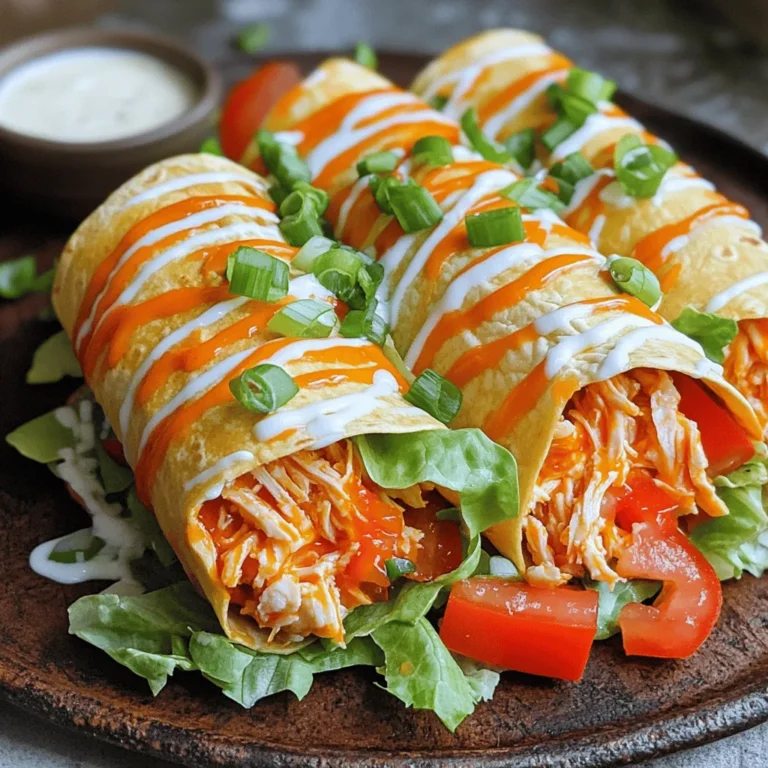 To make tasty buffalo chicken wraps, gather these key items: - 2 cups cooked chicken, shredded - 1/2 cup buffalo sauce (adjust to spice preference) - 1/2 cup ranch dressing (or blue cheese dressing for a classic twist) - 4 large flour tortillas - 1 cup shredded lettuce - 1 cup diced tomatoes - 1/2 cup shredded cheese (cheddar or a blend) - 1/4 cup chopped green onions (optional) - Salt and pepper to taste These ingredients create a delicious mix of flavors. The buffalo sauce gives heat, while ranch dressing adds creaminess. You can personalize your wraps with these extras: - Avocado slices for creaminess - Jalapeños for extra spice - Corn for sweetness - Black beans for added protein Feel free to mix and match. This way, you can make the wraps your own. For dipping and extra flavor, I suggest: - Additional ranch dressing - Blue cheese dressing for a bold taste - Salsa for a fresh kick - Extra green onions for crunch These dressings and toppings enhance the overall taste and make your meal more exciting. Enjoy experimenting to find your perfect combo! First, take your cooked chicken. You can use rotisserie chicken or leftover chicken. Shred it into small pieces. Place the shredded chicken in a medium bowl. Next, pour in the buffalo sauce. Mix it well until the chicken is fully coated. This step adds a nice kick to your wraps. You can adjust the amount of buffalo sauce based on how spicy you like it. For those who enjoy heat, feel free to add more. Grab a large flour tortilla. Lay it flat on your counter. Spread a generous tablespoon of ranch dressing in the center. This dressing adds a creamy touch to balance the heat. Next, layer on the shredded lettuce and diced tomatoes. Sprinkle the shredded cheese on top. Now, add a good scoop of the buffalo chicken mixture. If you like green onions, toss some on top. Season with salt and pepper for added flavor. It’s time to cook your wraps! Heat a skillet over medium heat. Place the wraps seam-side down in the skillet. Cook for about 2-3 minutes on each side. You want them to turn golden brown and crispy. This step gives your wraps a nice crunch. After cooking, let them cool for a minute. Slice each wrap in half for easy eating. Serve with extra ranch dressing on the side for dipping. For the full recipe, check the earlier section. To boost flavor in your Buffalo chicken wraps, use good-quality chicken. I love rotisserie chicken for its taste and ease. Mix the chicken with buffalo sauce thoroughly. This ensures every bite is full of flavor. For extra zest, add a splash of lemon juice to the chicken mix. It brightens the dish and balances the heat. Don’t forget to taste as you go, adjusting spices to suit your palate. Folding a tortilla can be tricky, but practice makes perfect. Start by placing your filling in the center. Make sure you don’t overfill. This helps in folding. Fold the sides in first, then roll from the bottom. Tuck in the filling as you roll. This way, it stays secure. For a crispier finish, heat the wraps seam-side down in a skillet. This gives a nice crunch and keeps them together. Serve your buffalo chicken wraps with extra ranch dressing or blue cheese dressing. It makes for a great dip! You can also pair the wraps with celery sticks or carrot sticks for a fresh crunch. If you want a full meal, add a side salad. A simple green salad with a light vinaigrette complements the spicy wraps perfectly. For a fun twist, consider a side of sweet potato fries. They balance the heat with their sweetness. Check out the Full Recipe for more tips! {{image_2}} You can still enjoy the flavor of buffalo wraps without chicken. Use roasted cauliflower for a tasty twist. It adds a nice crunch and soaks up the sauce well. You can also try chickpeas. They bring protein and a hearty texture. Add your favorite veggies, like bell peppers or carrots, for extra flavor and color. If you want to switch from chicken, turkey is a great option. It has a similar taste but less fat. You can also use tofu for a plant-based version. Just marinate the tofu in buffalo sauce and grill or bake it. For seafood lovers, shrimp works well too. Cook them in the buffalo sauce for a spicy kick. Buffalo sauce can be fun to mix up. You can use barbecue sauce for a sweeter flavor. Mixing buffalo and ranch dressing creates a creamy, tangy taste. For those who love heat, try adding sriracha to the mix. You can also go for a honey mustard blend for a sweet and spicy wrap. Don't forget to check the Full Recipe for more ideas! To keep your Buffalo Chicken Wraps fresh, wrap them tightly in plastic wrap or foil. Place them in an airtight container. Store them in the fridge. They will stay good for up to three days. If you want to keep them longer, freezing is a great option. When you're ready to eat your leftovers, heat them in a skillet. This gives the wraps a nice crispy texture. Cook on medium heat for about 3–5 minutes on each side. You can also use a microwave. Just wrap them in a damp paper towel. Heat for about 30 seconds, checking often to avoid sogginess. To freeze your wraps, make sure they are fully cooled. Wrap each one in plastic wrap, then place them in a freezer bag. They can last for up to three months in the freezer. To thaw, move them to the fridge overnight. When you're ready, reheat them as mentioned above for the best taste. For the full recipe, check out the complete section earlier in the article. The best wrapper for buffalo chicken wraps is a large flour tortilla. It holds the filling well and is soft to eat. Whole wheat tortillas are a healthier choice. You can also use gluten-free tortillas if needed. You can make buffalo chicken wraps spicier by adding more buffalo sauce. Try mixing in a dash of hot sauce or cayenne pepper for extra heat. Chopped jalapeños or crushed red pepper flakes also add a nice kick. Yes, you can prepare buffalo chicken wraps in advance. Assemble the wraps and wrap them tightly in plastic wrap. Keep them in the fridge for up to 24 hours. Just remember to add fresh toppings like lettuce and tomatoes right before serving for the best taste. Many grocery stores and delis sell buffalo chicken wraps. You can also find them at restaurants or fast-food places. Check local eateries or use delivery apps to find options near you. For a quick and easy recipe, you can always refer to the Full Recipe. Buffalo chicken wraps are tasty and fun to make. We covered the main ingredients and options for customization. I shared simple, clear steps for preparing and cooking your wraps. You learned tips for flavor and folding, plus serving ideas. We explored variations for vegetarians and different proteins. Finally, I gave storage and reheating advice. Now, you'll enjoy delicious buffalo chicken wraps at home. Try new flavors and share with friends!