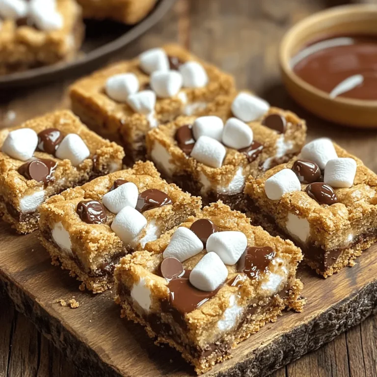 To make S'mores Cookie Bars, gather these ingredients. Each one plays a key role in creating that dreamy flavor. Here’s what you need: - 1 cup unsalted butter, softened - 1 cup brown sugar - 1/2 cup granulated sugar - 2 large eggs - 2 teaspoons vanilla extract - 2 1/2 cups all-purpose flour - 1 teaspoon baking soda - 1/2 teaspoon salt - 1 cup chocolate chips - 1 cup mini marshmallows - 1/2 cup graham cracker crumbs (plus extra for topping) These ingredients blend together to form a rich, gooey treat. The butter adds moisture, while the sugars give sweetness. Eggs help bind everything for that perfect chewy texture. Vanilla adds a warm note, making each bite delicious. Flour provides the structure, and baking soda helps the bars rise. Salt brightens the flavors, balancing the sweetness. Chocolate chips and mini marshmallows bring the classic s'mores taste to life. The graham cracker crumbs add crunch and make these bars truly special. You can find the Full Recipe above to guide you through the steps. Enjoy making these tasty treats! - Preheat the oven to 350°F (175°C) and grease a 9x13-inch baking pan. - In a large bowl, cream together 1 cup of softened butter, 1 cup of brown sugar, and 1/2 cup of granulated sugar until light and fluffy. - Add in 2 large eggs one at a time, mixing well after each. Stir in 2 teaspoons of vanilla extract. - In a separate bowl, whisk together 2 1/2 cups of all-purpose flour, 1 teaspoon of baking soda, and 1/2 teaspoon of salt. - Gradually mix the dry ingredients into the wet mixture until just combined. - Fold in 1 cup of chocolate chips and 1 cup of mini marshmallows, saving some for the top. - Spread half of the cookie dough mixture into the bottom of the prepared pan, pressing it down evenly. - Sprinkle 1/2 cup of graham cracker crumbs over the dough, then add the reserved chocolate chips and mini marshmallows on top. - Dollop the remaining cookie dough over the s'mores mixture, spreading it out as best as you can. It’s fine if some filling shows. - Top with more graham cracker crumbs for extra crunch. - Bake in the preheated oven for 25-30 minutes, or until the edges are golden brown and the middle is set. - Let the bars cool in the pan for at least 15 minutes before moving them to a cutting board. Cut into squares for serving. This recipe makes 24 sweet, chewy bars for everyone to enjoy. You can find the full recipe above for all the details! - Ensuring even baking and golden edges: I recommend using an oven thermometer. It helps you know the true temperature. Make sure to rotate the pan halfway through baking. This ensures even heat for a perfect golden edge. - How to avoid overmixing the dough: Mix just until you see no dry flour. Overmixing can make your bars tough. Use a spatula to fold in the chocolate chips and marshmallows gently. - Serving warm with chocolate sauce: I love to serve these bars warm. Drizzle melted chocolate sauce over each square. This makes every bite even more indulgent. - Creative garnishing ideas: Try adding a few extra mini marshmallows on top. You can also sprinkle graham cracker crumbs for a nice crunch. A dusting of powdered sugar can add a lovely touch, too! - Using different types of chocolates: I enjoy mixing dark chocolate chips with milk chocolate. This gives a delightful blend of sweet and rich flavors. You can even use white chocolate for a fun twist. - Alternatives to mini marshmallows: If you want a different texture, try using marshmallow fluff. You could also use toasted coconut for a new flavor profile. {{image_2}} You can easily change the flavor of your S'mores Cookie Bars. Here are some fun ideas: - Add nutty flavors by mixing in walnuts or pecans. This gives a nice crunch and richness. - Try adding different chocolates. Peanut butter chips can give a sweet twist. You can mix them with milk or dark chocolate chips. These small changes can make a big impact on taste. If you have dietary needs, you can still enjoy these bars. Here are some simple swaps: - For a gluten-free option, use almond flour or coconut flour. Both can work well and keep the bars tasty. - To make them vegan, replace the butter with coconut oil. Use flax eggs instead of regular eggs. This keeps the texture while being plant-based. These adjustments help everyone enjoy this treat! For the full recipe, check out the details above. To keep your S'mores Cookie Bars fresh, store them in an airtight container. Use parchment paper to separate layers. This keeps them from sticking together. Place the container in a cool, dry place. These bars can stay fresh for up to a week. If you want to enjoy them longer, consider freezing. To freeze S'mores Cookie Bars, first let them cool completely. Cut them into squares, then wrap each piece tightly in plastic wrap. Place the wrapped bars in a freezer bag. This keeps them from getting freezer burn. They can last up to three months in the freezer. When you want to enjoy a bar, take it out of the freezer. Thaw it in the fridge overnight for best results. If you want it warm, place it in the microwave for a few seconds. Enjoy your treat just like fresh! For the complete recipe, check out the Full Recipe section. Can I make these bars ahead of time? Yes, you can make these bars ahead. Bake them, then let them cool. Store them in an airtight container. They will stay fresh for about four days. You can also freeze them. Cut the bars into squares and wrap each piece. They will keep well in the freezer for up to three months. How do I know when the bars are done baking? Check the edges for a golden color. The center should feel firm but still soft. A toothpick inserted in the middle can help. If it comes out clean or with a few crumbs, the bars are done. Don’t overbake, or they will dry out. Can I use different types of sugar? Absolutely! You can mix brown sugar with coconut sugar. This swap adds a hint of caramel flavor. You can also use white sugar, but it will change the taste slightly. Each sugar brings a unique flavor to your bars. What can I substitute for chocolate chips? If you don’t have chocolate chips, use chopped chocolate bars. You can also try white chocolate or butterscotch chips. For a fruit twist, use dried fruit like raisins or cranberries. They will add a nice chew and sweetness. What toppings go well with S'mores Cookie Bars? Top these bars with whipped cream or a drizzle of chocolate sauce. You can sprinkle extra graham cracker crumbs on top for crunch. Mini marshmallows also make a fun addition. For a twist, try adding crushed nuts. How to pair these bars with beverages? These bars go great with milk or hot cocoa. A cup of coffee or tea offers a nice balance too. If you like something fruity, try a cherry or berry soda. Each drink enhances the sweet flavor of the bars. You learned how to make S'mores Cookie Bars using simple ingredients. Prepping, baking, and adding fun twists can enhance flavor. Remember to store leftovers properly to keep them fresh. You can even freeze them for treats later. Try out different variations for a more exciting taste. Enjoy your baking journey and get creative with serving ideas! These bars are perfect for any occasion, from parties to family nights. Now, grab your ingredients and start baking your delicious S'mores Cookie Bars!