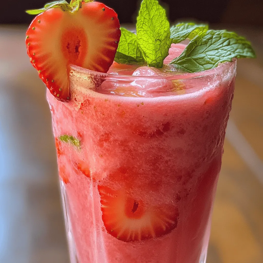 - 2 cups fresh strawberries, hulled and sliced - 1 cup fresh pineapple chunks - 1 cup coconut milk - 1 cup ice cubes - 1 tablespoon honey or agave syrup (optional, to taste) - Fresh mint leaves for garnish The star of this drink is the fresh strawberries. Their sweet and juicy flavor brings joy to every sip. Pineapple chunks add a tropical twist that brightens the drink. Coconut milk gives it a creamy texture. Ice cubes make it refreshingly cold. You can sweeten it to your liking with honey or agave syrup. Finally, mint leaves enhance the drink’s look and taste. If you need alternatives for coconut milk, consider using almond milk or oat milk. These can add a different flavor while keeping it creamy. You can also use frozen strawberries instead of fresh ones. This can make the drink colder and thicker. For sweetener options, think about using maple syrup or stevia. These can fit various dietary needs. Just remember to adjust the amount based on your taste. Each choice can change the drink's flavor, so feel free to experiment. For the full details and instructions, check the Full Recipe. - Blending the ingredients: Start by adding the fresh strawberries, pineapple chunks, coconut milk, and ice cubes to your blender. Make sure to use ripe, juicy fruits for the best flavor. Blend on high for about 30 to 45 seconds. This will give you a smooth and creamy drink. - Adjusting sweetness: After blending, taste your drink. If you want it sweeter, add honey or agave syrup. Blend again for a few seconds to mix. Adjust until it’s just right for you. - Pouring and garnishing: Pour the drink into chilled glasses. This keeps your drink nice and cold. For a pretty touch, garnish each glass with mint leaves and a slice of strawberry on the rim. - Choosing the right blender settings: Use the highest speed on your blender. This helps mix everything well and breaks down the ice. If your blender has a smoothie setting, that works great, too. - Preventing ice from clumping: To keep ice from clumping, add it last in the blender. This helps it break down easily. You can also pulse the blender a few times before blending on high to break up the ice. - Glassware recommendations: Use tall, clear glasses to show off the vibrant colors of your drink. Mason jars also give a fun, casual look. - Straw options: For a fun touch, use colorful paper straws. They are eco-friendly and add a pop of color to your drink. - Presentation ideas: Serve your drinks on a tray with extra fruit and mint for decoration. This adds a nice touch and makes your drink feel special. For the complete recipe, check out the [Full Recipe]. To boost your Virgin Strawberry Pina Colada, add a splash of lime juice. This citrus gives a zesty kick. It balances the sweetness of strawberries and pineapples. You can also try flavored coconut milk. Coconut milk with vanilla or almond adds a new twist. It makes the drink even more exciting! Texture matters for a great drink. You want it creamy, not too slushy. Start with the right ice amount; one cup works well. Too much ice can make it watery. Measure your ingredients carefully. This ensures the right balance between fruit and liquid. Adjust based on your taste. Strawberries and pineapples are packed with nutrients. They are low in calories and high in vitamins. Strawberries help with heart health, while pineapples aid digestion. This drink keeps you hydrated and boosts energy. Enjoy it on a hot day for a refreshing lift! {{image_2}} You can make your Virgin Strawberry Pina Colada even more fun! Try adding mango or kiwi. These fruits add a bright taste and more color. You can also use coconut water instead of coconut milk. This will give you a lighter drink, perfect for hot days. Want to change things up even more? Add herbs like basil or mint. These herbs bring a fresh taste. You can also try a chocolate flavor infusion. Just add a little cocoa powder or chocolate syrup to the mix. It’s a sweet surprise in every sip! You can adjust your drink for the seasons too. In winter, add warm spices like cinnamon or nutmeg. This gives a cozy feel. For summer, mix in extra fruit like berries or peaches. This makes your drink even more refreshing. Enjoy exploring these variations to find your favorite! To keep your Virgin Strawberry Pina Colada fresh, store it in the fridge. Pour any leftover drink into a sealed container. This helps keep it cold and tasty. Use it within 24 hours for the best flavor. If it separates, just stir it up before serving again. If you want to save the drink for later, freezing is a great choice. Pour your Virgin Strawberry Pina Colada into ice cube trays or freezer-safe containers. Leave a little space at the top, as liquids expand when frozen. Ice cube trays work well for small servings. You can blend them later for a quick treat. To thaw your frozen mocktail, move it to the fridge for several hours. You can also set the container in a bowl of cold water. Avoid using a microwave, as it can change the drink's texture. Once thawed, give it a good shake or stir. This will help mix the ingredients back together and refresh its taste. Yes, you can make this drink ahead of time. Blend the ingredients and store in the fridge. Use a sealed container to keep it fresh. I suggest drinking it within a day for best taste. Stir it well before serving, as ingredients may settle. You can use different sweeteners for this drink. Honey or agave syrup works well. For a low-calorie option, try stevia or monk fruit. Maple syrup is another tasty choice. Adjust the amount to suit your taste. To thicken the drink, add more fruit or coconut milk. You can also blend in some yogurt for creaminess. If you want it thinner, add more coconut milk or ice. Blend until you reach your desired texture. Enjoy the fresh taste! This blog post covered how to make a delicious virgin strawberry piña colada. You learned about key ingredients like fresh strawberries and coconut milk, plus tips for blending and storage. I also shared ways to enhance flavor and create fun variations. Remember, this drink is not just tasty; it offers health benefits too. Try making this drink your own with different fruits or herbs. Enjoy each refreshing sip, knowing you’ve made something special!
