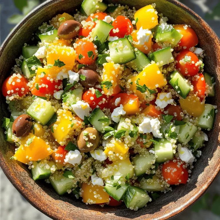 - 1 cup quinoa, rinsed - 2 cups vegetable broth or water - 1 cup cherry tomatoes, halved - 1 cucumber, diced - 1 bell pepper (any color), diced - 1/2 red onion, finely chopped - 1/2 cup Kalamata olives, pitted and halved - 1/2 cup feta cheese, crumbled (optional for a dairy-free version) - 1/4 cup fresh parsley, chopped - 1/4 cup fresh mint, chopped The main ingredients bring life to the Mediterranean quinoa salad. Quinoa is the star here. It is a great source of protein and fiber. Rinsing the quinoa removes any bitterness. The fresh vegetables add color and crunch. Cherry tomatoes bring sweetness. Cucumbers and bell peppers give a nice crisp bite. Red onions add a mild sharpness. Kalamata olives introduce a briny flavor. Lastly, feta cheese is an optional touch that adds creaminess. - 3 tablespoons olive oil - 2 tablespoons lemon juice - 1 teaspoon dried oregano - Salt and pepper to taste The dressing ties everything together. Olive oil gives richness and a smooth texture. Lemon juice adds brightness and zing. Dried oregano enhances the Mediterranean flavor profile. Season with salt and pepper to your liking. - Approximately 200 calories per serving - Rich in protein, fiber, vitamins, and minerals This salad is not just tasty; it is also healthy. Each serving has around 200 calories. You will find protein and fiber from quinoa. Fresh vegetables provide vitamins. The olives and olive oil offer healthy fats. Enjoy this dish as a light meal or a side, and savor the goodness of every bite. For the complete recipe, check the Full Recipe section. 1. Rinse and Boil Start by rinsing 1 cup of quinoa under cold water. This removes any bitterness. In a medium saucepan, bring 2 cups of vegetable broth or water to a boil. Once boiling, add the rinsed quinoa. 2. Simmering and Fluffing Reduce the heat to a simmer. Cover the pot and cook for about 15 minutes. The quinoa will absorb all the liquid. After 15 minutes, remove the pot from heat. Let it sit, covered, for 5 more minutes. Then, fluff the quinoa with a fork and let it cool. 1. Chopping Vegetables While the quinoa cools, chop your fresh veggies. Dice 1 cucumber, 1 bell pepper, and finely chop 1/2 of a red onion. Cut 1 cup of cherry tomatoes in half. 2. Combining Ingredients In a large mixing bowl, add the chopped vegetables. Also, add 1/2 cup of Kalamata olives (pitted and halved), 1/2 cup of crumbled feta cheese (if using), 1/4 cup of fresh parsley, and 1/4 cup of fresh mint. 1. Whisking Together In a small bowl, whisk together 3 tablespoons of olive oil, 2 tablespoons of lemon juice, 1 teaspoon of dried oregano, and some salt and pepper. This dressing adds a bright flavor to the salad. 1. Mixing Salad and Dressing Once the quinoa is cool, add it to the large bowl of vegetables. Pour the dressing over the top. Gently toss everything together until well combined. 2. Adjusting Seasoning Taste your salad and adjust the seasoning with extra salt and pepper if needed. You can now serve your Mediterranean quinoa salad chilled or at room temperature. For the complete recipe, check out the [Full Recipe]. Quinoa comes in different types. The most common types are white, red, and black. White quinoa tastes milder and is light and fluffy. Red quinoa has a nutty flavor and stays firmer when cooked. Black quinoa adds a lovely color and a slightly sweet taste. To cook quinoa perfectly, rinse it well. Rinsing removes bitter saponins, giving a better taste. Use a ratio of two cups of liquid for every cup of quinoa. Bring the liquid to a boil, then add the rinsed quinoa. Turn the heat down and cover it. Let it simmer for about 15 minutes. Once the liquid is gone, let it sit for five minutes. Fluff it with a fork for a light texture. You can prepare Mediterranean quinoa salad in advance. Cook the quinoa and let it cool. Chop the veggies and store them in the fridge. Keep the dressing in a separate container. This way, the flavors stay fresh. To store your salad, use an airtight container. It stays fresh for up to three days in the fridge. If you want to enjoy it later, keep the dressing separate until serving to avoid sogginess. Serve your quinoa salad with grilled chicken or fish for a full meal. You can also pair it with pita bread or hummus for a tasty snack. For a beautiful presentation, use a large bowl or a platter. Arrange the salad in the center and sprinkle some fresh herbs on top. This adds color and makes it look appetizing. You can find the full recipe for this refreshing dish and more ideas in the Mediterranean Quinoa Salad section. {{image_2}} To make this salad vegan, you can swap out the feta cheese. Some great substitutes are: - Nutritional yeast: Adds a cheesy flavor without dairy. - Tofu feta: Crumbled tofu marinated in lemon juice, garlic, and herbs gives a nice texture. - Avocado: Creamy and rich, it adds healthy fats. These swaps keep the salad fresh and tasty. You can boost this salad's nutrition by adding more ingredients. Consider these options: - Chickpeas: They add protein and fiber. - Grilled chicken: This makes it heartier and adds flavor. - Seasonal vegetables: Try bell peppers in summer or roasted squash in fall. Adding these ingredients makes the salad filling and fun. Get creative with dressings and herbs to change the flavor. Here are some ideas: - Different dressings: Try a balsamic vinaigrette or tahini dressing for a new taste. - Herbs and spices: Experiment with basil, dill, or cumin to enhance flavor. These twists make each bite exciting and unique. For the full recipe, check out the Mediterranean Quinoa Salad section above. You can serve Mediterranean quinoa salad cold. It tastes great straight from the fridge. If you prefer it warm, heat it gently. Use a microwave for about 30 seconds. Stir it well to heat evenly. This salad lasts for about 3 to 5 days in the refrigerator. Keep it in an airtight container. This helps keep it fresh and tasty. The flavors may get better over time as they meld together. Yes, you can freeze Mediterranean quinoa salad, but with care. It does well without the dressing. Package the salad in a freezer-safe container. Leave some space at the top for expansion. When ready to eat, thaw overnight in the fridge. Add the dressing fresh once it is thawed. This keeps the salad crisp and delicious. To make Mediterranean Quinoa Salad, start by cooking the quinoa. Bring vegetable broth or water to a boil. Add rinsed quinoa, then lower the heat and simmer for about 15 minutes. After cooking, let it sit for 5 minutes. Fluff it with a fork and let it cool. Next, chop the fresh vegetables: cherry tomatoes, cucumber, bell pepper, and red onion. Combine these in a large bowl with olives, feta cheese, parsley, and mint. In a small bowl, whisk together olive oil, lemon juice, oregano, salt, and pepper. Pour this dressing over the salad and mix gently. This simple process results in a fresh, vibrant dish. You can find the full recipe in the article. Yes, you can use different grains if you prefer. Some good options are: - Brown rice: This grain adds a nutty flavor. - Farro: A chewy grain with a great texture. - Bulgur: It cooks quickly and has a mild taste. These grains can change the salad's texture and flavor. Just remember to adjust cooking times based on the grain you choose. Yes, Mediterranean Quinoa Salad is gluten-free. Quinoa is naturally gluten-free, making it perfect for those with gluten sensitivities. Just ensure that any other ingredients you use, like dressings or additional items, are also gluten-free. This salad is a great option for everyone! Mediterranean Quinoa Salad offers many health benefits. Here are some highlights: - High in protein: Quinoa is a complete protein, meaning it has all essential amino acids. - Rich in fiber: This salad helps with digestion and keeps you full. - Packed with vitamins: Fresh vegetables provide vitamins A and C. - Healthy fats: Olive oil and olives give good fats that support heart health. These benefits make this salad a nutritious choice for any meal. This Mediterranean Quinoa Salad combines tasty ingredients and simple steps. You learned how to cook quinoa, chop fresh veggies, and create a light dressing. I shared tips on choosing quinoa and preparing the salad ahead of time. You can even customize it with extra proteins or flavors. This salad is healthy, easy to make, and can fit your diet. Enjoy it now or store it for later. Dive in and make your own version today!