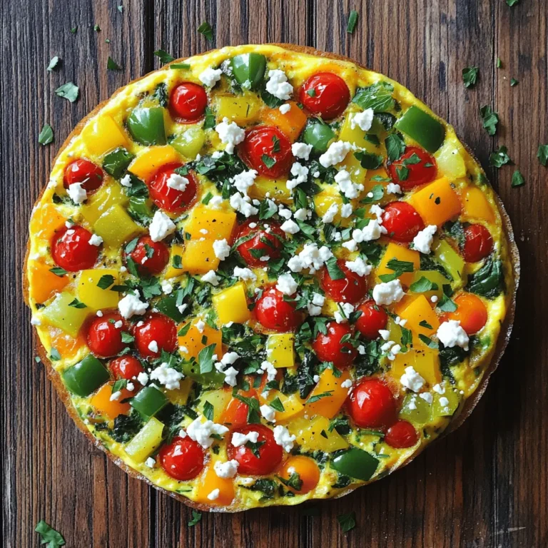 - Eggs and Vegetables - 6 large eggs - 1 cup spinach, chopped - 1/2 cup bell peppers (red, yellow, and green), diced - 1/2 cup cherry tomatoes, halved - 1/4 cup red onion, finely chopped - 1/2 cup zucchini, diced - Seasonings and Cheese - 1/4 cup feta cheese, crumbled - Salt and pepper to taste - Fresh herbs (basil or parsley), for garnish - Cooking Oil - 2 tablespoons olive oil To make a great frittata, you need fresh, colorful ingredients. Eggs are the base, and they provide protein. Then, choose your favorite vegetables. Spinach, bell peppers, and zucchini work well together. Cherry tomatoes add sweetness and a pop of color. Feta cheese adds a nice tang. It pairs well with the veggies. Season with salt and pepper to bring out the flavors. Fresh herbs like basil or parsley make a lovely garnish. Using olive oil helps cook the veggies and adds healthy fats. Make sure to use quality oil for the best taste. Each ingredient plays a role in creating a tasty and healthy veggie frittata. For the full recipe, check out the detailed steps I provided. - Preheat the Oven Start by preheating your oven to 375°F (190°C). This makes sure your frittata cooks evenly. - Sauté the Vegetables In a large skillet, heat 2 tablespoons of olive oil over medium heat. Add 1/4 cup of finely chopped red onion and 1/2 cup of diced bell peppers. Sauté for about 3-4 minutes until they become tender. Next, toss in 1/2 cup of diced zucchini and cook for another 2-3 minutes. Then, add 1 cup of chopped spinach and 1/2 cup of halved cherry tomatoes. Cook until the spinach wilts, which takes about 2 minutes. Don’t forget to season with salt and pepper to taste. - Combine Egg Mixture In a large bowl, whisk together 6 large eggs until well mixed. Fold in the sautéed vegetables and 1/4 cup of crumbled feta cheese. This mix adds flavor and creaminess. - Cook on the Stove Pour the egg and veggie mix back into the skillet. Cook it on the stove for 2-3 minutes. This lets the edges set before baking. - Transfer to Oven Carefully transfer the skillet to your preheated oven. This step cooks the frittata all the way through. - Baking Time Bake for 15-20 minutes. The frittata is done when the eggs are fully set and the top is slightly golden. - How to Slice and Serve Once out of the oven, let it cool for a few minutes. Then, slice it into wedges. Each slice is a perfect serving. - Garnishing Ideas Garnish your frittata with fresh herbs like basil or parsley. This adds color and a fresh flavor. Enjoy your colorful veggie power frittata! For the complete recipe, check out the Full Recipe. To cook a great frittata, watch the heat. Cook on medium to avoid burning. Stir the veggies gently to mix flavors. This keeps them tender. Adjust your cooking time based on the size of your skillet. Larger pans need less time. Always check if the eggs are set before serving. Fresh veggies make a big difference. They add color and taste. Look for bright colors and firm textures. Seasonal vegetables taste best. For eggs, choose high-quality options. Organic or free-range eggs often taste richer. Check the sell-by date to ensure freshness. Serve your frittata with a simple salad. A light green salad pairs well. You can add a squeeze of lemon for flavor. For drinks, try fresh juice or herbal tea. A light wine can also work nicely. Enjoy your frittata warm for the best taste. For the full recipe, check out the details above. {{image_2}} You can make your frittata exciting by adding different veggies. Broccoli, mushrooms, and asparagus work great. They add flavor and color. You can also use seasonal veggies. Try squash in the fall or fresh peas in spring. This keeps your meals fresh and fun. Feta cheese is tasty, but there are other options. You can use goat cheese for a creamy twist. If you like sharp flavors, try cheddar or gouda. If you want a dairy-free option, go for almond or cashew cheese. They melt well and taste great, too. Spices can really boost your frittata. Try paprika or cumin for warmth. If you want more kick, add red pepper flakes. For extra protein, add ham or turkey. These meats make the dish filling and hearty. Just make sure to chop them small so they mix well. You can experiment with flavors to find what you love. This is your frittata, so make it your own! For the full recipe, check the section above. After cooking your veggie frittata, let it cool for a few minutes. This helps prevent steam from making it soggy. To store, cut the frittata into wedges. Place the wedges in an airtight container. You can also wrap each wedge in plastic wrap. This keeps them fresh and tasty. How Long They Last When stored in the fridge, your frittata can last up to 3 days. Make sure your fridge is at the right temperature, around 40°F (4°C). If you want to store frittata for longer, freezing is a great option. Cut the frittata into single servings. Wrap each piece tightly in plastic wrap. Then, place them in a freezer-safe bag or container. This way, you can grab a quick meal later. Reheating Instructions To reheat, take a portion out of the freezer. Let it thaw in the fridge overnight. If you're in a hurry, you can microwave it straight from the freezer. Heat on medium power for 2-3 minutes, checking to see if it's warm all the way through. Enjoy your healthy veggie frittata whenever you want! You can cook a frittata both on the stovetop or in the oven. Each method has its perks. The stovetop gives you control. You can watch it cook and avoid burning. Start on medium heat. Cook until the edges set. Then transfer it to the oven to finish cooking. This helps the top brown nicely. The oven method cooks it evenly. Preheat your oven to 375°F (190°C). Pour the egg mixture into an oven-safe skillet. Bake it until the eggs are set and golden. This method is great for larger frittatas. It helps them cook all the way through. Yes, you can make a frittata ahead of time. This dish is perfect for meal prep. You can store it in the fridge for up to 4 days. Just slice it into wedges for easy serving. To reheat, place slices in the microwave or oven. Heat until warm. Enjoy it hot or cold. It makes a quick breakfast or lunch. You can also pack it for picnics. Yes, this recipe is gluten-free. All the ingredients used are naturally gluten-free. Eggs, veggies, and cheese do not contain gluten. This makes it a safe choice for those with gluten sensitivities. Always check labels on processed foods. Some cheeses may have additives. Stick to fresh, whole ingredients for the best results. You can follow the full recipe for a delicious meal. Enjoy this healthy veggie frittata any time! This blog post covered everything you need to know about making a frittata. We explored the essential ingredients, from eggs to fresh vegetables. I laid out clear step-by-step instructions for preparation and baking. You learned tips for perfecting your frittata and how to store leftovers effectively. I also shared variations and ideas for serving. Enjoy creating your own tasty frittata. Use fresh ingredients and try different flavors. Cooking can be fun and rewarding.