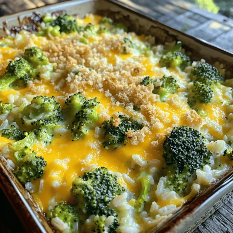 The core of this dish brings together simple, yet tasty ingredients. Here’s what you need: - 2 cups cooked rice (white or brown) - 2 cups fresh broccoli florets - 1 cup shredded sharp cheddar cheese - 1 cup sour cream - 1/2 cup cream of mushroom soup - 1 small onion, finely chopped - 2 cloves garlic, minced - 1 teaspoon Dijon mustard - 1 teaspoon dried thyme - Salt and pepper to taste - 1/2 cup breadcrumbs - 2 tablespoons olive oil These ingredients blend well together. Each adds its own flavor and texture to the casserole. You can switch things up based on what you like. Here are some ideas: - Swap cheddar cheese for mozzarella or pepper jack for a kick. - Use Greek yogurt instead of sour cream for a tangy twist. - Add cooked chicken or turkey for protein. - Toss in some red bell pepper or spinach for extra veggies. Feel free to experiment! Selecting fresh ingredients makes a big difference. Look for vibrant broccoli with tight florets. Choose rice that is fluffy and not sticky. Always check the expiration date on dairy products. Use high-quality cheese for a rich flavor. Fresh herbs provide more taste than dried ones. Quality ingredients lead to a better casserole. For a full recipe, check the details above to get started on this delightful dish! Start by making the broccoli bright and tender. Boil a pot of salted water. Add the fresh broccoli florets to the pot. Blanch them for 2-3 minutes. This helps keep the color and nutrients. After blanching, drain the broccoli and set it aside. Next, we focus on the aromatics for flavor. In a skillet, heat 2 tablespoons of olive oil over medium heat. Add the finely chopped onion and minced garlic. Sauté for 3-4 minutes until they soften. The smell will make you hungry! Now it’s time to mix everything together. In a large bowl, combine the cooked rice, blanched broccoli, and sautéed onion and garlic. Add 1 cup of shredded sharp cheddar cheese, 1 cup of sour cream, and 1/2 cup of cream of mushroom soup. Stir in 1 teaspoon of Dijon mustard, 1 teaspoon of dried thyme, salt, and pepper. Mix until everything is well combined. Pour the mixture into a greased 9x13 inch casserole dish. Spread it out evenly. For the topping, mix 1/2 cup of breadcrumbs with a tablespoon of olive oil. Sprinkle this mixture and some reserved cheddar cheese on top. Bake in a preheated oven at 350°F (175°C) for 25-30 minutes. The casserole should be bubbly and golden. Let it cool for 5-10 minutes before serving. This waiting helps it set. For the full recipe, refer to the recipe section above. Enjoy your delicious Cheesy Broccoli Rice Casserole! To make your casserole creamy, focus on the right balance of ingredients. Use full-fat sour cream for the best texture. This adds richness and smoothness. The cream of mushroom soup also helps with creaminess. If you want an extra touch, add a splash of milk or a bit of cream. Mixing these well ensures every bite is creamy and tasty. For a golden topping, use breadcrumbs mixed with a little olive oil. This adds crunch and color. Spread the breadcrumb mix evenly over the casserole. Don't forget to sprinkle some cheese on top too! The cheese melts and helps achieve that beautiful golden color. Keep an eye on it while it bakes. You want it bubbly and golden, not burnt. Want to boost flavor? Start by sautéing your onions and garlic. This brings out their sweetness and adds depth. Adding Dijon mustard gives a subtle tang that brightens the dish. Don't skip the dried thyme; it adds warmth and earthiness. You can also mix in some cooked bacon for a smoky twist. These small changes can make your casserole shine. For the full recipe, check out the detailed steps. {{image_2}} You can make this dish fully vegetarian by swapping out the cream of mushroom soup. Use a vegan cream soup or a homemade version. You can also add more vegetables like carrots or bell peppers. These will keep your casserole colorful and tasty. If you want to add protein, cooked chicken, or turkey works great. You can use shredded rotisserie chicken for speed. For a totally different flavor, add cooked sausage or bacon. Each will give your casserole a savory kick. For a gluten-free version, use gluten-free breadcrumbs. They work well for the topping and still add crunch. You can also check for gluten-free cream of mushroom soup. This keeps your dish safe for gluten-sensitive eaters. Follow the [Full Recipe] to create a base that works for all these variations! Store leftover Cheesy Broccoli Rice Casserole in an airtight container. Keep it in the fridge for up to four days. Make sure it cools completely before sealing it. This helps prevent moisture build-up and sogginess. To freeze, place the cooled casserole in a freezer-safe dish. Cover it tightly with plastic wrap and then with aluminum foil. This keeps out air and prevents freezer burn. It can last for up to three months in the freezer. Label the dish with the date, so you know when to use it. When you're ready to eat, thaw the casserole in the fridge overnight if frozen. Heat it in the oven at 350°F (175°C) for about 20-25 minutes. You can also microwave individual portions, cooking them for about 2-3 minutes until hot. For a crispy top, finish it under the broiler for a minute or two. Enjoy every cheesy bite! Yes, you can prepare Cheesy Broccoli Rice Casserole ahead of time. Just follow the recipe up to the baking step. Then, cover the dish and store it in the fridge. You can make it a day in advance. When you are ready to bake, take it out of the fridge and let it sit for about 30 minutes. This helps it heat evenly. Then, simply pop it in the oven. To reheat leftovers, the oven is the best choice. Preheat your oven to 350°F (175°C). Place the casserole in an oven-safe dish. Cover it with foil to keep it moist. Heat for about 20-25 minutes. If you want a crispy top, remove the foil for the last 5 minutes. You can also use a microwave, but the oven gives better results. Yes, you can use frozen broccoli. It saves time and is convenient. Just make sure to thaw and drain it first. This step helps remove excess water. If you add it straight from the freezer, the casserole might be too watery. Frozen broccoli works well, but fresh gives a better texture. For the full recipe, check out the details provided earlier. In this blog post, we explored how to make a cheesy broccoli rice casserole. We covered key ingredients, including optional add-ins for extra flavor. I shared steps for prepping, sautéing, and baking the dish. I also offered tips to ensure creaminess and a golden topping. Remember, you can adjust the recipe to fit your needs. Experiment with variations like vegetarian options or protein additions. Enjoy your delicious casserole, and don’t forget to save leftovers for later!