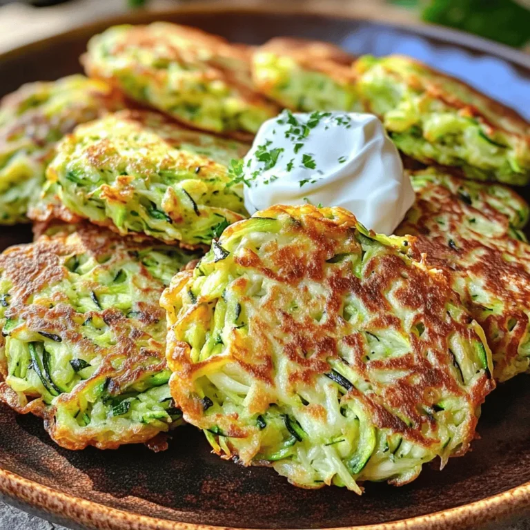 - 2 medium zucchinis, grated - 1 teaspoon salt - 1 cup all-purpose flour - 1/2 cup grated Parmesan cheese - 2 large eggs - 1/4 cup chopped fresh parsley - 1/2 teaspoon garlic powder - 1/4 teaspoon black pepper - Olive oil for frying - Optional: Sour cream or yogurt for serving I love using fresh zucchini for these fritters. Choose firm zucchinis with smooth skin. Look for ones that feel heavy for their size. Fresh zucchinis have a bright color and should not have blemishes. The salt will help draw out excess moisture. This step is key to crisp fritters. The ingredients blend together to create a tasty mix. The grated Parmesan adds a savory kick. Fresh parsley brings a pop of color and flavor. Garlic powder gives a warm, aromatic touch. Feel free to swap in your favorite herbs for a fun twist. For a healthier option, consider using whole wheat flour. This will change the flavor and texture a bit. You can also mix in grated carrots or corn for added sweetness. You can find the full recipe above for more details on how to prepare and cook these delightful fritters. Start by grating the zucchinis using a box grater. Place the grated zucchinis in a bowl and sprinkle them with salt. This step is vital. The salt draws out excess water, which helps keep the fritters crispy. Let them sit for about 10 minutes. After that, take a clean kitchen towel or cheesecloth. Squeeze the zucchini to remove as much moisture as you can. In a large mixing bowl, combine the drained zucchini with the flour, grated Parmesan cheese, eggs, chopped parsley, garlic powder, and black pepper. Mix the ingredients until they are just combined. Do not overmix, as this can make the fritters tough. You want a cohesive mixture that holds together well. Heat about 1/4 inch of olive oil in a large skillet over medium heat until it is hot. Use a tablespoon to scoop out the zucchini mixture. Form small patties by flattening it slightly in your hands. Carefully place the patties in the hot oil. Fry in batches to avoid overcrowding. Cook for 3-4 minutes on each side until they are golden brown and crispy. Once cooked, transfer the fritters to a plate lined with paper towels to absorb any extra oil. Enjoy them warm, and feel free to serve with sour cream or yogurt for added flavor. For the full recipe, refer to the earlier section. To make your zucchini fritters crispy, start by salting the grated zucchini. This helps draw out extra water. Let it sit for about 10 minutes. Once time is up, squeeze the zucchini with a clean towel to get rid of excess moisture. This step is key for crispy fritters. Use enough oil in the pan. A 1/4 inch layer works well. Let the oil heat up before adding the fritters. If the oil is not hot enough, they will absorb too much oil and become soggy. Fry them in small batches to keep the heat steady. You can boost the taste of your fritters easily. Add fresh herbs like chives or dill for a bright flavor. A bit of red pepper flakes can add a nice kick. For a twist, try adding a dash of lemon zest. This will give your fritters a fresh zing. Experiment with different cheeses too. Feta cheese can offer a tangy flavor, while cheddar adds richness. Mix and match to find your favorite combo. If your fritters fall apart, it might be due to too much moisture. Ensure you squeeze all the water from the zucchini. If they are too dry, add a little more egg or a splash of water to the mix. For uneven cooking, ensure your fritters are the same size. Use a spoon to measure and form them. If they are browning too fast, lower the heat a bit. Following these tips will help you create perfect zucchini fritters every time. For the complete recipe, check out the [Full Recipe]. {{image_2}} You can change the flavor by using different herbs and spices. Fresh dill or chives work great. You might also try adding cumin or paprika for a warm kick. Feel free to mix and match until you find what you love. Adding fresh herbs makes your zucchini fritters unique and fresh! While Parmesan is my go-to, other cheeses can add tasty twists. Feta cheese gives a salty bite. Cheddar can bring a rich and creamy flavor. You can even use goat cheese for a tangy touch. Each cheese adds its own character, so experiment to find your favorite. If you need a gluten-free choice, replace all-purpose flour with almond flour or oat flour. Both options work well and keep the fritters light. Ensure that your chosen flour has a fine texture for best results. These swaps make your zucchini fritters easy for everyone to enjoy. For the full recipe, check out the [Full Recipe]. You can store leftover zucchini fritters in an airtight container. Make sure they are cool before sealing. They will stay fresh for about 2-3 days in the fridge. If you notice any moisture, place a paper towel in the container to absorb it. This will help keep your fritters crispy. To reheat, I recommend using an oven or skillet. Preheat your oven to 350°F (175°C). Place the fritters on a baking sheet. Heat them for about 10-15 minutes until warm and crispy again. If using a skillet, add a little olive oil and heat over medium. Cook each side for 2-3 minutes until they are hot. Yes, you can freeze zucchini fritters! After they cool, place them in a single layer on a baking sheet. Freeze them for about an hour. Once frozen, transfer the fritters to a freezer bag. They can last for up to 2 months. When ready to eat, thaw in the fridge and reheat as mentioned above. Enjoy your crispy and flavorful delight anytime! For the full recipe, refer to the earlier section. You can pair zucchini fritters with many tasty items. They go well with sour cream. You can also use yogurt as a dip. A fresh salad adds a nice crunch. Try a simple tomato salad or a green salad. These sides balance the fritters' flavor and texture. You can serve them as a snack or a main dish. Yes, you can make these fritters ahead of time. After frying, let them cool completely. Then, store them in an airtight container in the fridge. They will stay fresh for about three days. You can also freeze them for longer storage. Just place them in a freezer bag. When you are ready to eat, reheat them in the oven or a skillet. This keeps them crispy and delicious. You can tell the fritters are done by their color. They should be golden brown on both sides. Use a fork to check the center. It should feel firm and cooked through. If the outside is brown but the inside feels soft, cook them a bit longer. Aim for about 3-4 minutes on each side. Enjoy your crispy zucchini fritters! For the full recipe, check out Zucchini Fritters Delight. You now know how to make tasty zucchini fritters. We covered all the key steps, from choosing fresh zucchinis to frying methods. You can customize your fritters with herbs or different cheeses. Remember to store leftovers well and reheat them to keep them crispy. Enjoy them with sour cream or yogurt for dipping. With these tips and tricks, you’re ready to impress everyone with your cooking skills!