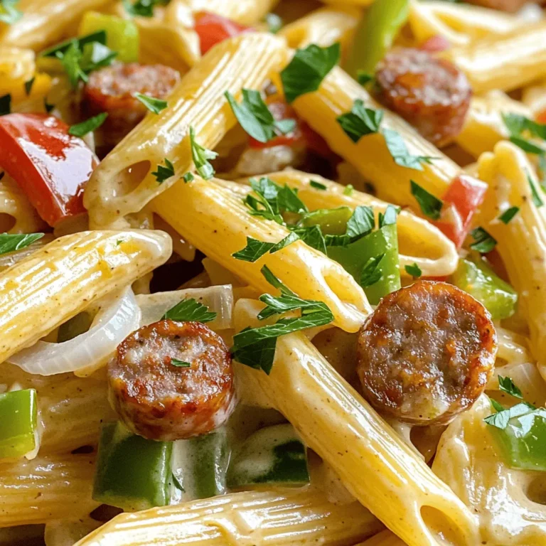 Here are the items you'll need for a delicious creamy Cajun sausage pasta: - 12 oz penne pasta - 1 lb smoked sausage, sliced - 1 tablespoon olive oil - 1 medium onion, diced - 3 cloves garlic, minced - 1 red bell pepper, chopped - 1 green bell pepper, chopped - 1 tablespoon Cajun seasoning - 1 teaspoon smoked paprika - 1 cup heavy cream - 1 cup chicken broth - Salt and pepper to taste - 1 cup grated Parmesan cheese - Fresh parsley, chopped (for garnish) To make this dish, gather these tools: - Large pot for boiling pasta - Large skillet for cooking - Wooden spoon or spatula - Knife and cutting board - Measuring cups and spoons When cooking, quality counts. Here are some tips: - Pasta: Choose good-quality penne pasta. Look for brands made of durum wheat. - Sausage: Opt for smoked sausage made from pork or chicken. Check for natural spices. - Vegetables: Select fresh, firm bell peppers and onions. They should be vibrant in color. - Cream: Use heavy cream for richness. Avoid low-fat options, as they won’t be as creamy. - Cheese: Freshly grated Parmesan is best. Pre-grated cheese may not melt as well. - Spices: Make sure your spices are fresh. Old spices lose their flavor and aroma. With these ingredients and tips, you're ready to make a fantastic creamy Cajun sausage pasta. For the complete recipe, check out the Full Recipe section. To start, fill a large pot with water and add salt. Bring it to a boil. Once boiling, add 12 oz of penne pasta. Cook according to the package directions until al dente. This usually takes about 10-12 minutes. Once done, drain the pasta and set it aside. Next, take a large skillet and heat 1 tablespoon of olive oil over medium heat. When the oil is hot, add 1 lb of sliced smoked sausage. Cook the sausage for about 5-7 minutes. You want it to brown nicely. Once it is done, remove it from the skillet and set it aside. In the same skillet, add 1 medium diced onion, 1 chopped red bell pepper, and 1 chopped green bell pepper. Sauté these veggies for about 5 minutes. They should soften and smell great. After that, add 3 cloves of minced garlic. Cook for another 1-2 minutes. The garlic will add a nice flavor. Then, stir in 1 tablespoon of Cajun seasoning and 1 teaspoon of smoked paprika. Let it cook for an extra minute. This step helps to boost the taste. Next, pour in 1 cup of chicken broth and 1 cup of heavy cream. Bring this mix to a gentle simmer. Let it cook for about 3-5 minutes until it thickens a bit. Now it's time to bring it all together. Add the cooked sausage back into the skillet. Then, toss in the drained pasta. Mix everything well. Stir in 1 cup of grated Parmesan cheese until it melts and creates a creamy texture. Taste your dish and adjust with salt and pepper if needed. Finally, serve the creamy Cajun sausage pasta in bowls. You can garnish with fresh chopped parsley for a pop of color. Enjoy your meal! For the full recipe, check out the details above. To make your pasta creamy, use heavy cream. It adds richness and smoothness. If you want a lighter version, substitute some cream with milk. You can also add more cheese. Parmesan melts well and boosts creaminess. Stir it in at the end for the best results. Cajun seasoning packs a punch. If you prefer less heat, use a smaller amount. You can also add cream or cheese to balance the spice. For a kick, add cayenne pepper or red pepper flakes. Start with a little and taste as you go. This way, you can find your perfect spice level. This dish is great for meal prep. Cook it ahead and store it in the fridge. It keeps well for up to three days. When reheating, add a splash of chicken broth or cream. This helps restore the creamy texture. Heat it gently on the stove for best results. For the full recipe, check out the detailed instructions above. {{image_2}} You can change the sausage to fit your taste. Try using chicken sausage for a lighter dish. If you like spice, go for andouille sausage. It adds a nice kick. Turkey sausage is a great option too. It keeps the dish healthy while still tasty. Each sausage brings its own flavor, so feel free to mix and match. You can make this dish without meat. Use plant-based sausage or mushrooms for a savory flavor. Tofu is another good choice. It absorbs flavors well and adds protein. For vegan cream, try coconut cream or cashew cream. This way, you keep it creamy and rich without dairy. Adding more veggies can make the dish even better. Spinach or kale gives a pop of green. You can also add zucchini or carrots for sweetness. Bell peppers are colorful and tasty too. Just be sure to chop them small. This keeps everything cooking evenly. More veggies mean more nutrients and flavor in every bite. To keep your creamy Cajun sausage pasta fresh, store it in an airtight container. Make sure the pasta cools down before sealing it. You can keep it in the fridge for up to three days. If you want to enjoy it later, this method works well. You can freeze your creamy Cajun sausage pasta for longer storage. Just place it in a freezer-safe container. Make sure to leave some space at the top, as the pasta will expand. It stays good in the freezer for up to three months. When you’re ready to eat, thaw it in the fridge overnight. Reheat your pasta on the stove for the best results. Add a splash of chicken broth or cream to keep it creamy. Heat it over low to medium heat, stirring often. You can also use the microwave, but cover it to retain moisture. Heat in short bursts and stir in between. Enjoy your pasta just as good as fresh! Cajun seasoning is a mix of spices. It usually includes paprika, cayenne, garlic powder, and onion powder. You may also find thyme, oregano, and black pepper in the blend. This mix adds a bold, spicy flavor to dishes. You can make your own by combining these spices. Just adjust the amounts to match your taste. Yes, you can use other pasta shapes. Bowtie, fusilli, or spaghetti work great. Choose a pasta that holds sauce well. Cooking time may vary, so check the package instructions. Using different pasta can make the dish feel new and exciting. To make this dish gluten-free, swap regular pasta for gluten-free pasta. Many brands offer tasty options made from rice or lentils. Also, check the Cajun seasoning label to ensure it's gluten-free. With these swaps, you can enjoy the creamy Cajun sausage pasta without worry. For the complete details, check out the full recipe for creamy Cajun sausage pasta. It covers all the steps and ingredients needed to make this delicious dish. Enjoy cooking! We covered the key points for making a delicious creamy Cajun sausage pasta. You learned about choosing top ingredients, step-by-step cooking methods, and handy tips for the best results. Remember, you can swap sausages, add veggies, or adjust spice levels to fit your taste. Follow the storage and reheating tips for great leftovers. This dish offers a tasty blend of flavors that everyone will enjoy. Now, it's time to gather your ingredients and unleash your cooking skills!