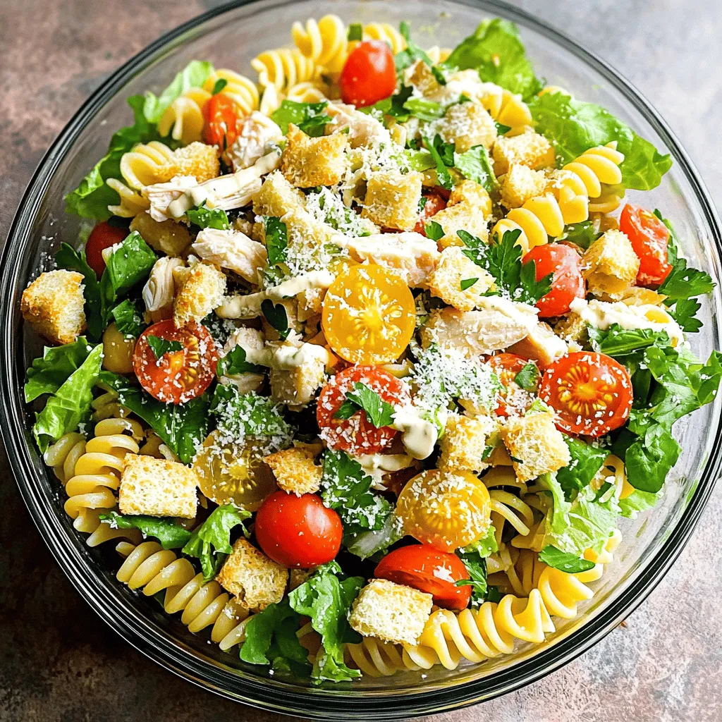 - 8 oz. rotini pasta - 2 cups cooked chicken breast, diced - 1 cup cherry tomatoes, halved - 1 cup romaine lettuce, chopped - ½ cup Caesar dressing - ½ cup grated Parmesan cheese - ½ cup croutons - 2 tablespoons fresh parsley, chopped - Salt and pepper to taste - Juice of 1 lemon When preparing Chicken Caesar Pasta Salad, it's vital to select fresh ingredients. Freshness makes a big difference in taste. I love using rotini pasta for this dish; its shape holds the dressing well. Cooked chicken breast adds protein and makes it filling. Cherry tomatoes brighten the salad and add a sweet bite. Romaine lettuce provides a nice crunch and freshness. For flavor, Caesar dressing is key; it ties all the ingredients together. Grated Parmesan cheese adds a creamy texture and salty flavor. Croutons give that satisfying crunch. Fresh parsley is not just for looks; it adds a fresh taste. Salt and pepper balance all the flavors. A squeeze of lemon juice brightens the entire dish. - Alternatives for chicken: You can use rotisserie chicken or turkey. - Vegan options: Swap chicken for chickpeas or grilled tofu. - Gluten-free pasta suggestions: Look for gluten-free rotini made from rice or corn. These substitutions can help you customize the salad based on your diet. Start by boiling water in a large pot. Add salt once it starts to bubble. This enhances the pasta flavor. Add 8 oz. of rotini pasta into the boiling water. Cook it according to the package instructions until it is al dente. This means it should be firm when bitten. Drain the pasta in a colander and rinse it under cold water. This helps stop the cooking process. Make sure the pasta cools completely before mixing it later. In a large bowl, combine 2 cups of diced cooked chicken, 1 cup of halved cherry tomatoes, and 1 cup of chopped romaine lettuce. Mix these ingredients gently. Once mixed, add the cooled pasta to the bowl. Toss everything together softly. This helps to combine the flavors without breaking the pasta. Next, drizzle ½ cup of Caesar dressing over the mixture. Add salt and pepper to taste. Squeeze the juice of one lemon over the salad. Toss again until everything is evenly coated. Sprinkle ½ cup of grated Parmesan cheese and ½ cup of croutons on top. Gently mix again to avoid crushing the croutons. These add a nice crunch to the salad. Chill the salad in the fridge for at least 30 minutes before serving. This allows the flavors to blend well. Right before serving, garnish with 2 tablespoons of freshly chopped parsley. This adds a splash of color and extra flavor to your cool dish. Enjoy this delightful Chicken Caesar Pasta Salad! For the full recipe, check out the complete instructions above. For the best experience, serve your Chicken Caesar Pasta Salad chilled. It pairs well with a slice of crusty bread or a light soup. This dish is filling, so plan for about one to one-and-a-half cups per person. To add more flavor, consider using fresh herbs like basil or thyme. You can sprinkle some red pepper flakes for a spicy kick. Other toppings to try include sliced olives, diced avocado, or even bacon bits for crunch. You can prepare this salad a day ahead. Just keep the dressing separate until you're ready to serve. This helps keep the pasta fresh. Store any leftovers in an airtight container in the fridge. It can last for up to three days. {{image_2}} To give your Chicken Caesar Pasta Salad a Mediterranean twist, add some fun ingredients. Try adding olives, feta cheese, and artichoke hearts. These will bring bright flavors to your dish. For a dressing adjustment, swap some Caesar dressing with a splash of lemon juice and olive oil. This change brightens the taste and adds a fresh vibe. If you want to change up the protein, consider using shrimp, tofu, or beans. Shrimp can be boiled or grilled for a quick cook. Tofu can be sautéed for a crunchy texture. Beans, like chickpeas or black beans, add protein and fiber. Just make sure to cook these proteins well to keep your salad tasty and filling. You can also change your salad with the seasons. In the spring, add fresh asparagus or peas for crunch. Summer is perfect for ripe, juicy tomatoes and cucumbers. For fall, consider roasted sweet potatoes or butternut squash. In winter, add hearty vegetables like kale or Brussels sprouts. Adjust the flavors by using herbs that match the season, like basil in summer or rosemary in fall. You can find the full recipe for Chicken Caesar Pasta Salad to explore these variations in detail. Your Chicken Caesar Pasta Salad stays fresh in the fridge for about three days. To keep it tasty, store it in an airtight container. This helps preserve the crispness of the veggies. When you’re ready to eat, give it a good stir. If the salad looks a bit dry, add a splash of dressing before serving. You can freeze Chicken Caesar Pasta Salad, but it's not the best option. Freezing can change the texture of the lettuce and croutons. If you must freeze it, pack the salad in a freezer-safe container. When you’re ready to eat, thaw it in the fridge overnight. This keeps the salad cool without making it soggy. For the best taste, enjoy your Chicken Caesar Pasta Salad cold. If you want to warm it, microwave it for a short time. Heat it in 15-second bursts, stirring in between. This way, you avoid overheating and keep the salad fresh. If it seems dry after thawing, add a bit more dressing to bring back its flavor. For the complete recipe, check out the Full Recipe. You can make a simple Caesar dressing at home. Here’s a quick recipe for you: - 1 cup mayonnaise - 2 tablespoons lemon juice - 2 teaspoons Dijon mustard - 2 cloves garlic, minced - 1/2 cup grated Parmesan cheese - Salt and pepper to taste Mix all the ingredients in a bowl. Adjust the taste with more lemon juice, salt, or pepper. This dressing adds a fresh touch to your Chicken Caesar Pasta Salad. Yes, you can use whole wheat pasta. Whole wheat pasta adds fiber and nutrients. It can make your meal more filling. The nutty flavor pairs well with the creamy dressing. Plus, it offers a healthier option compared to regular pasta. If you don’t have croutons, try these crunchy alternatives: - Toasted nuts, like almonds or walnuts - Crispy chickpeas, baked until crunchy - Pita chips, broken into pieces - Tortilla strips, for a fun twist These options still give your Chicken Caesar Pasta Salad that needed crunch without losing flavor. Enjoy experimenting! You learned how to make a delicious Chicken Caesar Pasta Salad. We discussed ingredients, substitutions, and step-by-step instructions to create the dish. I shared tips for serving, flavor boosts, and meal prep. You also learned ways to store leftovers and variations to try. This salad is flexible, perfect for any meal. Enjoy experimenting with flavors and ingredients. Remember, cooking is all about fun and finding what you love.
