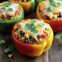 - 4 large bell peppers (any color) - 1 cup quinoa, rinsed - 2 cups vegetable broth - 1 can (15 oz) black beans, drained and rinsed - 1 cup corn (fresh or frozen) - 1 cup diced tomatoes (canned or fresh) - 1 teaspoon cumin - 1 teaspoon chili powder - Salt and pepper to taste - 1 cup shredded cheese (cheddar or a blend) - 2 tablespoons olive oil - Fresh cilantro for garnish (optional) The main ingredients create a colorful base for your stuffed peppers. The bell peppers add crunch and a sweet flavor. Quinoa gives a nutty taste and fills you up. The vegetable broth adds depth and helps the quinoa cook perfectly. The additional ingredients bring more texture and taste. Black beans add protein and fiber, while corn gives sweetness. Diced tomatoes add juiciness and acidity, balancing the dish. For seasoning, cumin and chili powder provide warmth and spice. Adding salt and pepper enhances all the flavors. The cheese melts beautifully on top, adding creaminess. Olive oil helps the peppers roast nicely. I like to sprinkle fresh cilantro for a bright finish. You can find the full recipe at the end of this article. - Preheat the oven to 375°F (190°C). - Cut the tops off the bell peppers and remove the seeds. Lightly brush them with olive oil. - In a medium saucepan, bring the vegetable broth to a boil. - Add the rinsed quinoa, reduce heat, cover, and simmer until fluffy. - In a large bowl, mix the cooked quinoa, black beans, corn, diced tomatoes, cumin, chili powder, salt, and pepper. - Spoon the mixture into each bell pepper, packing it down gently. - Place the stuffed peppers upright in a baking dish. Cover the dish with foil and bake for 25 minutes. - Remove the foil, sprinkle cheese on top, and bake for another 10 minutes. Look for bubbly and golden cheese. Making stuffed bell peppers is simple and fun. You can add your own twist to the filling. Enjoy this colorful meal! For the complete recipe, check the Full Recipe section. Choosing the right peppers is key. I like to use large bell peppers for stuffing. They hold the filling well and taste sweet. Any color works—red, yellow, or green. Just pick ones that feel firm to the touch. When cooking quinoa, rinse it first. This step removes the bitter coating. For fluffy quinoa, use two cups of vegetable broth for every cup of quinoa. Bring the broth to a boil before adding the quinoa. Then, cover and simmer until all the liquid is gone. Spices can take your stuffed peppers to the next level. I suggest adding cumin and chili powder for warmth. You can also sprinkle in garlic powder or paprika for extra flavor. Using different cheeses can change the taste too. Cheddar cheese is a classic choice. For a creamier texture, try mozzarella or Monterey Jack. Mix and match for a fun twist! For sides, a light salad pairs well with stuffed peppers. A simple green salad with lemon dressing is great. You might also serve some crusty bread on the side. To present your dish, plate the stuffed peppers upright. Drizzle some olive oil on top and add a sprinkle of fresh cilantro. This makes the meal look fresh and inviting. {{image_2}} You can use ground turkey or beef for a hearty meal. These meats add rich flavor and protein. Mix the cooked meat with the quinoa and veggies for a tasty filling. If you like, try other proteins like ground chicken or pork. They work well, too. For a veggie twist, use lentils or tofu. Lentils give a protein boost while keeping it plant-based. Tofu absorbs flavors well, making it a great choice. You can also swap regular cheese for dairy-free cheese. This keeps the dish vegan and still delicious. If you need gluten-free options, use cauliflower rice instead of quinoa. Cauliflower rice is light and low in carbs. You can also try other grain-free fillers like chopped mushrooms or zucchini. These add bulk and flavor without gluten. To keep your stuffed bell peppers fresh, place them in an airtight container. This way, they stay moist and full of flavor. You can safely store them in the fridge for about 3 to 5 days. It’s best to eat them within this time for the best taste and texture. Freezing stuffed peppers is a great option if you want to save some for later. First, let the peppers cool completely. Then, wrap each one tightly in plastic wrap or place them in a freezer bag. Make sure to remove as much air as possible. They can last for up to 3 months in the freezer. When you're ready to eat, thaw them overnight in the fridge. You can reheat your stuffed peppers in a microwave or an oven. If using a microwave, place the pepper on a plate and cover it with a damp paper towel. Heat for 2-3 minutes or until hot. For the oven, set it to 350°F (175°C). Place the peppers in a baking dish, cover with foil, and heat for about 15-20 minutes. This method keeps them moist and prevents dryness. Stuffed peppers take about 35 to 40 minutes to cook. First, you bake them covered for 25 minutes. Then, remove the cover and bake for another 10 to 15 minutes. This method helps the peppers soften and the cheese melt nicely. Yes, you can prepare stuffed peppers ahead of time. You can assemble them and store them in the fridge for up to two days. Just cover them well. When you're ready to cook, bake them straight from the fridge, adding a few extra minutes to the cooking time. You can stuff bell peppers with many tasty options. Try using ground turkey, beef, or even lentils for a hearty meal. You can mix in rice, beans, or even vegetables like spinach and zucchini. The choices are endless! To check if stuffed peppers are done, poke them with a fork. They should feel tender but not mushy. Also, the cheese should be melted and slightly golden. If the peppers resist your fork, they need a bit more time in the oven. Yes, you can use other grains instead of quinoa. Brown rice, farro, or barley work great. You can even try cauliflower rice for a low-carb option. Just make sure to adjust cooking times based on the grain you choose. This recipe makes a bright and tasty dish. It uses bell peppers filled with a healthy mix. You can enjoy them for lunch or dinner. The cooking process is simple, and the flavors are amazing. First, you need these ingredients: - 4 large bell peppers (any color) - 1 cup quinoa, rinsed - 2 cups vegetable broth - 1 can (15 oz) black beans, drained and rinsed - 1 cup corn (fresh or frozen) - 1 cup diced tomatoes (canned or fresh) - 1 teaspoon cumin - 1 teaspoon chili powder - Salt and pepper to taste - 1 cup shredded cheese (cheddar or a blend) - 2 tablespoons olive oil - Fresh cilantro for garnish (optional) Here’s how to make them: 1. Preheat your oven to 375°F (190°C). 2. Boil the vegetable broth in a medium pot. Add the rinsed quinoa and simmer. Cover and cook for about 15 minutes. The quinoa will be fluffy when done. 3. Cut the tops off the bell peppers. Remove the seeds and membranes. Brush the outside with olive oil. 4. In a bowl, mix the cooked quinoa, black beans, corn, diced tomatoes, cumin, chili powder, salt, and pepper. Stir until all ingredients blend well. 5. Spoon the mix into each bell pepper. Pack it down gently. 6. Place the stuffed peppers in a baking dish. Cover with foil and bake for 25 minutes. 7. After 25 minutes, remove the foil. Sprinkle cheese on top of each pepper and bake for another 10 minutes. The cheese should be bubbly and golden. 8. Let the peppers cool for a few minutes before serving. 9. Garnish with fresh cilantro if you like. This full recipe makes four servings and takes about 50 minutes. Enjoy your colorful and nutritious meal! These colorful quinoa stuffed bell peppers are packed with flavor and nutrients. We covered the main ingredients, preparation, and cooking steps. I shared tips for perfecting your stuffed peppers and creative variations. Whether you stick to the original recipe or customize with meat or veggies, these peppers shine at any meal. Don't forget storage tips for leftovers! Enjoy making these meals and impressing your family and friends. Simple, tasty, and healthy food makes every bite worth it. Dive in and start cooking!