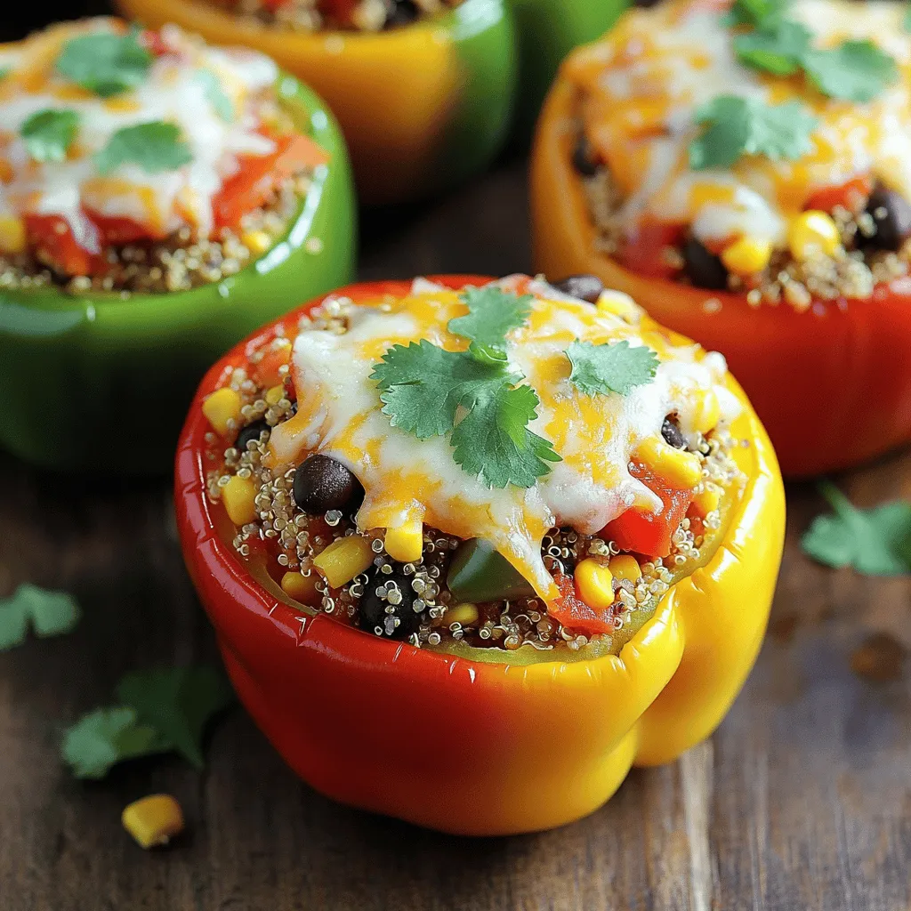 - 4 large bell peppers (any color) - 1 cup quinoa, rinsed - 2 cups vegetable broth - 1 can (15 oz) black beans, drained and rinsed - 1 cup corn (fresh or frozen) - 1 cup diced tomatoes (canned or fresh) - 1 teaspoon cumin - 1 teaspoon chili powder - Salt and pepper to taste - 1 cup shredded cheese (cheddar or a blend) - 2 tablespoons olive oil - Fresh cilantro for garnish (optional) The main ingredients create a colorful base for your stuffed peppers. The bell peppers add crunch and a sweet flavor. Quinoa gives a nutty taste and fills you up. The vegetable broth adds depth and helps the quinoa cook perfectly. The additional ingredients bring more texture and taste. Black beans add protein and fiber, while corn gives sweetness. Diced tomatoes add juiciness and acidity, balancing the dish. For seasoning, cumin and chili powder provide warmth and spice. Adding salt and pepper enhances all the flavors. The cheese melts beautifully on top, adding creaminess. Olive oil helps the peppers roast nicely. I like to sprinkle fresh cilantro for a bright finish. You can find the full recipe at the end of this article. - Preheat the oven to 375°F (190°C). - Cut the tops off the bell peppers and remove the seeds. Lightly brush them with olive oil. - In a medium saucepan, bring the vegetable broth to a boil. - Add the rinsed quinoa, reduce heat, cover, and simmer until fluffy. - In a large bowl, mix the cooked quinoa, black beans, corn, diced tomatoes, cumin, chili powder, salt, and pepper. - Spoon the mixture into each bell pepper, packing it down gently. - Place the stuffed peppers upright in a baking dish. Cover the dish with foil and bake for 25 minutes. - Remove the foil, sprinkle cheese on top, and bake for another 10 minutes. Look for bubbly and golden cheese. Making stuffed bell peppers is simple and fun. You can add your own twist to the filling. Enjoy this colorful meal! For the complete recipe, check the Full Recipe section. Choosing the right peppers is key. I like to use large bell peppers for stuffing. They hold the filling well and taste sweet. Any color works—red, yellow, or green. Just pick ones that feel firm to the touch. When cooking quinoa, rinse it first. This step removes the bitter coating. For fluffy quinoa, use two cups of vegetable broth for every cup of quinoa. Bring the broth to a boil before adding the quinoa. Then, cover and simmer until all the liquid is gone. Spices can take your stuffed peppers to the next level. I suggest adding cumin and chili powder for warmth. You can also sprinkle in garlic powder or paprika for extra flavor. Using different cheeses can change the taste too. Cheddar cheese is a classic choice. For a creamier texture, try mozzarella or Monterey Jack. Mix and match for a fun twist! For sides, a light salad pairs well with stuffed peppers. A simple green salad with lemon dressing is great. You might also serve some crusty bread on the side. To present your dish, plate the stuffed peppers upright. Drizzle some olive oil on top and add a sprinkle of fresh cilantro. This makes the meal look fresh and inviting. {{image_2}} You can use ground turkey or beef for a hearty meal. These meats add rich flavor and protein. Mix the cooked meat with the quinoa and veggies for a tasty filling. If you like, try other proteins like ground chicken or pork. They work well, too. For a veggie twist, use lentils or tofu. Lentils give a protein boost while keeping it plant-based. Tofu absorbs flavors well, making it a great choice. You can also swap regular cheese for dairy-free cheese. This keeps the dish vegan and still delicious. If you need gluten-free options, use cauliflower rice instead of quinoa. Cauliflower rice is light and low in carbs. You can also try other grain-free fillers like chopped mushrooms or zucchini. These add bulk and flavor without gluten. To keep your stuffed bell peppers fresh, place them in an airtight container. This way, they stay moist and full of flavor. You can safely store them in the fridge for about 3 to 5 days. It’s best to eat them within this time for the best taste and texture. Freezing stuffed peppers is a great option if you want to save some for later. First, let the peppers cool completely. Then, wrap each one tightly in plastic wrap or place them in a freezer bag. Make sure to remove as much air as possible. They can last for up to 3 months in the freezer. When you're ready to eat, thaw them overnight in the fridge. You can reheat your stuffed peppers in a microwave or an oven. If using a microwave, place the pepper on a plate and cover it with a damp paper towel. Heat for 2-3 minutes or until hot. For the oven, set it to 350°F (175°C). Place the peppers in a baking dish, cover with foil, and heat for about 15-20 minutes. This method keeps them moist and prevents dryness. Stuffed peppers take about 35 to 40 minutes to cook. First, you bake them covered for 25 minutes. Then, remove the cover and bake for another 10 to 15 minutes. This method helps the peppers soften and the cheese melt nicely. Yes, you can prepare stuffed peppers ahead of time. You can assemble them and store them in the fridge for up to two days. Just cover them well. When you're ready to cook, bake them straight from the fridge, adding a few extra minutes to the cooking time. You can stuff bell peppers with many tasty options. Try using ground turkey, beef, or even lentils for a hearty meal. You can mix in rice, beans, or even vegetables like spinach and zucchini. The choices are endless! To check if stuffed peppers are done, poke them with a fork. They should feel tender but not mushy. Also, the cheese should be melted and slightly golden. If the peppers resist your fork, they need a bit more time in the oven. Yes, you can use other grains instead of quinoa. Brown rice, farro, or barley work great. You can even try cauliflower rice for a low-carb option. Just make sure to adjust cooking times based on the grain you choose. This recipe makes a bright and tasty dish. It uses bell peppers filled with a healthy mix. You can enjoy them for lunch or dinner. The cooking process is simple, and the flavors are amazing. First, you need these ingredients: - 4 large bell peppers (any color) - 1 cup quinoa, rinsed - 2 cups vegetable broth - 1 can (15 oz) black beans, drained and rinsed - 1 cup corn (fresh or frozen) - 1 cup diced tomatoes (canned or fresh) - 1 teaspoon cumin - 1 teaspoon chili powder - Salt and pepper to taste - 1 cup shredded cheese (cheddar or a blend) - 2 tablespoons olive oil - Fresh cilantro for garnish (optional) Here’s how to make them: 1. Preheat your oven to 375°F (190°C). 2. Boil the vegetable broth in a medium pot. Add the rinsed quinoa and simmer. Cover and cook for about 15 minutes. The quinoa will be fluffy when done. 3. Cut the tops off the bell peppers. Remove the seeds and membranes. Brush the outside with olive oil. 4. In a bowl, mix the cooked quinoa, black beans, corn, diced tomatoes, cumin, chili powder, salt, and pepper. Stir until all ingredients blend well. 5. Spoon the mix into each bell pepper. Pack it down gently. 6. Place the stuffed peppers in a baking dish. Cover with foil and bake for 25 minutes. 7. After 25 minutes, remove the foil. Sprinkle cheese on top of each pepper and bake for another 10 minutes. The cheese should be bubbly and golden. 8. Let the peppers cool for a few minutes before serving. 9. Garnish with fresh cilantro if you like. This full recipe makes four servings and takes about 50 minutes. Enjoy your colorful and nutritious meal! These colorful quinoa stuffed bell peppers are packed with flavor and nutrients. We covered the main ingredients, preparation, and cooking steps. I shared tips for perfecting your stuffed peppers and creative variations. Whether you stick to the original recipe or customize with meat or veggies, these peppers shine at any meal. Don't forget storage tips for leftovers! Enjoy making these meals and impressing your family and friends. Simple, tasty, and healthy food makes every bite worth it. Dive in and start cooking!